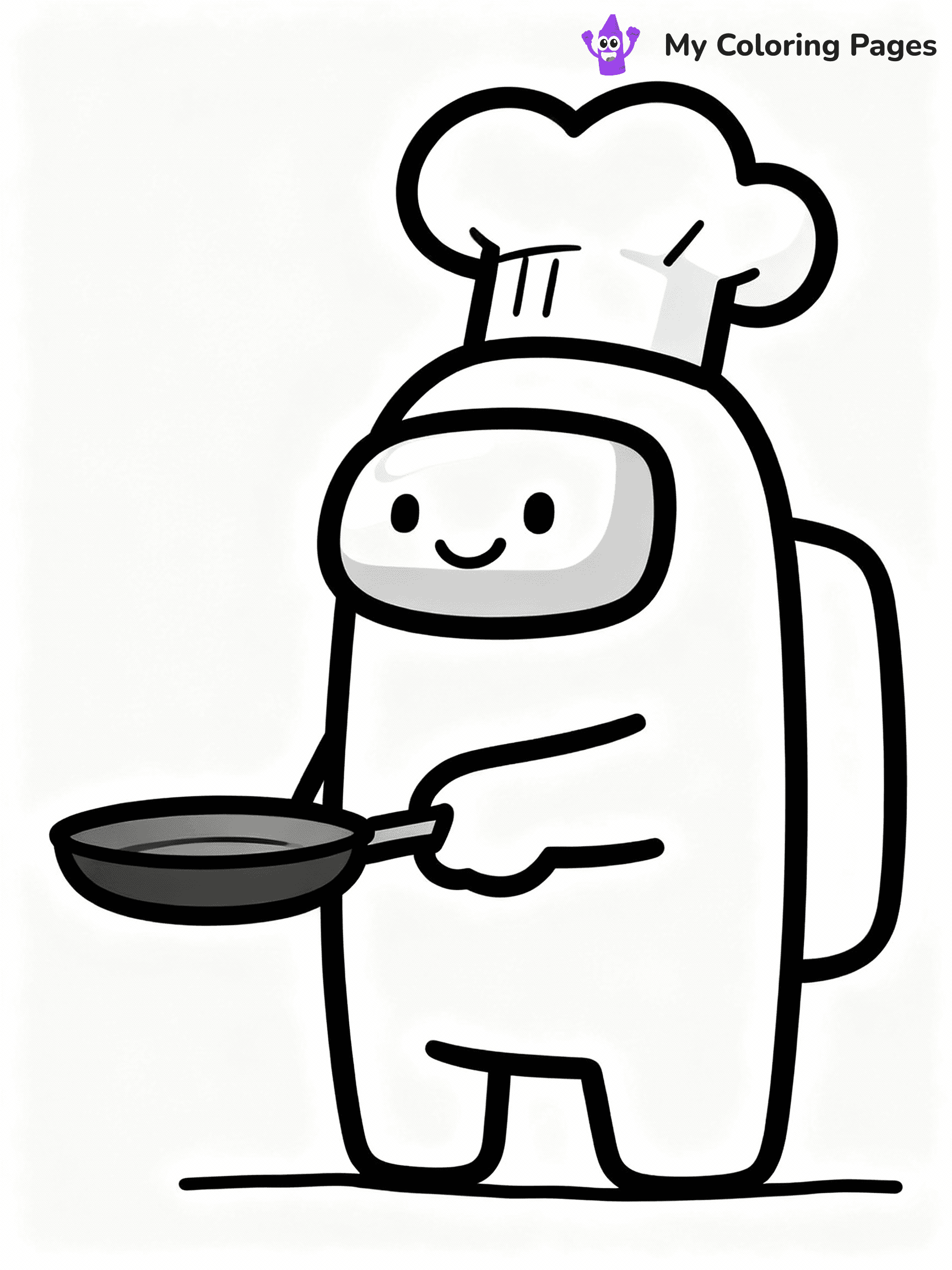 ⚠️ CRITICAL REQUIREMENT - ABSOLUTE BLACK AND WHITE ONLY ⚠️
This MUST be a BLACK AND WHITE line drawing ONLY. NO COLORS whatsoever.
- ONLY pure black lines (#000000) on pure white background (#FFFFFF)
- ABSOLUTELY NO colors, NO shading, NO gradients, NO grayscale
- If there are ANY colors in the output, the image is REJECTED
- This is a COLORING PAGE - meant to be COLORED IN by children
- The output must be UNCOLORED line art ready for coloring
⚠️ SUBJECT TO DRAW: Crewmate from Among Us with chef hat, holding a frying pan, smiling. Important: PURE OUTLINES. NO FILLS, COLOR, SHADING, OR GREYSCALE. WHITE BACKGROUND.
(REMEMBER: Output must be BLACK AND WHITE line art only, NOT colored!)
# Flat, Friendly Cartoon Line-Art Coloring Page
You are generating a **pure black-and-white binary image** of a child-friendly cartoon scene combining characters and background scenery in one cohesive composition.
## Rendering Rules (Strict)
- Only two colors: pure black (#000000) outlines and pure white (#FFFFFF) background.
- No grayscale, shading, gradients, tints, fills, transparency, or partial pixels.
- No antialiasing or blended edges; every pixel is 100% black or white.
- No solid black fills inside shapes — all areas inside outlines must remain white.
- No dark clothing areas or filled tone blocks; all garments outlined only.
- No shadows, textures, lighting, or tonal variations.
- Must look like flat binary vector line-art for coloring pages.
## Drawing & Composition
- **Medium, consistent line weight**; clean closed outlines easy to color inside.
- **Flat, simple, child-friendly design** — no realism or 3D depth.
- Characters are **grounded on a surface**, centered and large.
- **Balanced composition** with clear silhouettes and minimal props.
## Scenery & Style
- Landmarks (e.g., mosque, CN Tower) and scenery (trees, benches, waves) drawn with **black outlines only.**
- For real-world figures, teams, or places, show accurate details using only black outlines—no text or logos. Use distinctive uniform patterns, abstract symbols, and landmark silhouettes to convey identity.
- Keep **consistent perspective**; no floating elements.
- **Style:** whimsical **Doodle Art Alley** — rounded, friendly outlines.
- May adapt shapes from **Crayola, Disney, Peppa Pig, Cocomelon** — *by shape only, never color.*
- Final output: **flat, crisp, binary (#000000/#FFFFFF)**, **no filled color or background text.**
EXTREMELYE IMPORTANT:
- PURE BINARY LINE-ART; NO FILLS (HAIR/CLOTHES/SKIN), SHADING, OR GREY.
- NO SHADING, COLOR. MUST BE WHITE BACKGROUND.
⚠️ FINAL REMINDER: Draw the subject "Crewmate from Among Us with chef hat, holding a frying pan, smiling. Important: PURE OUTLINES. NO FILLS, COLOR, SHADING, OR GREYSCALE. WHITE BACKGROUND." as BLACK AND WHITE line art. Zero colors in output.