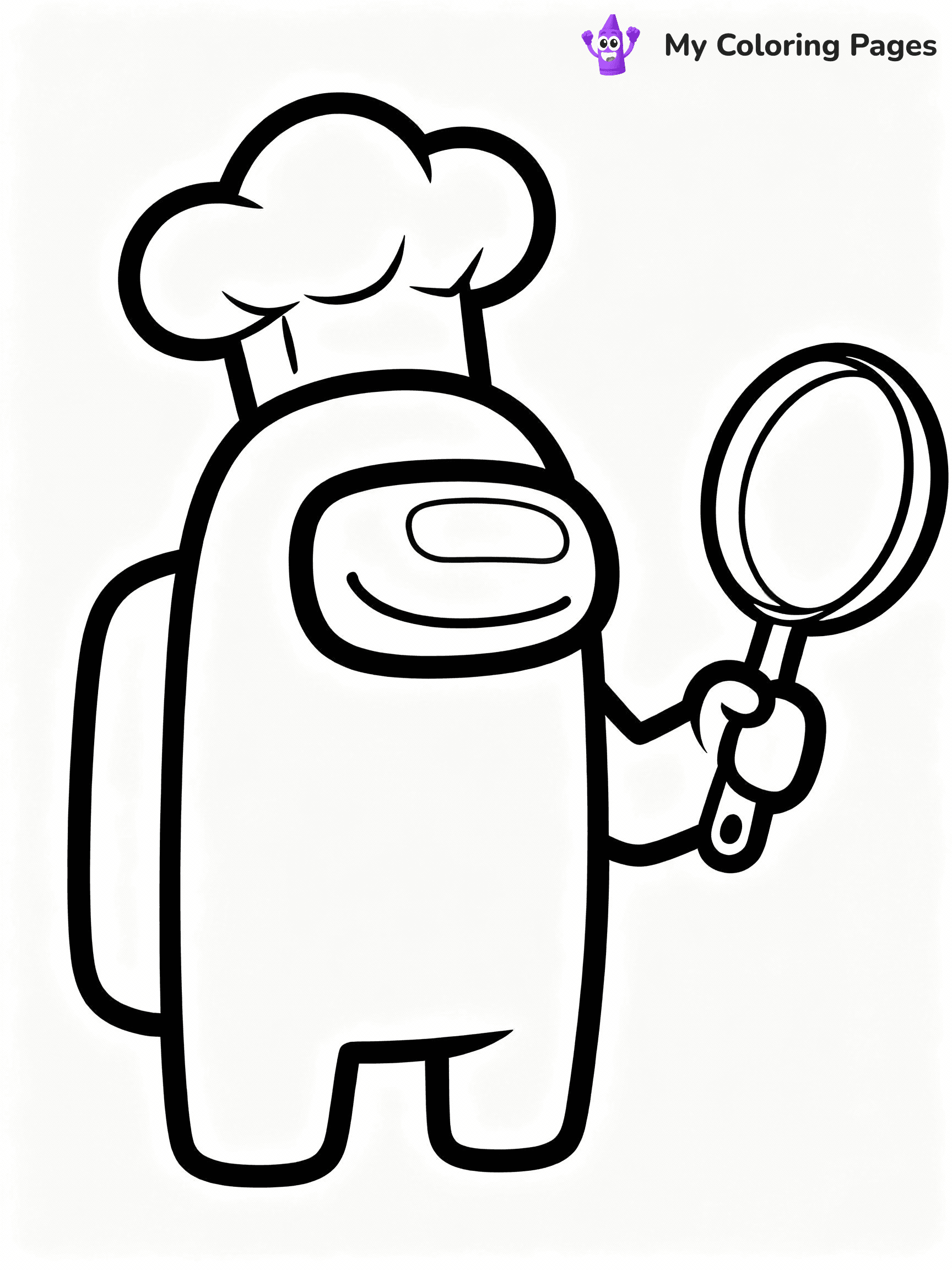 ⚠️ CRITICAL REQUIREMENT - ABSOLUTE BLACK AND WHITE ONLY ⚠️
This MUST be a BLACK AND WHITE line drawing ONLY. NO COLORS whatsoever.
- ONLY pure black lines (#000000) on pure white background (#FFFFFF)
- ABSOLUTELY NO colors, NO shading, NO gradients, NO grayscale
- If there are ANY colors in the output, the image is REJECTED
- This is a COLORING PAGE - meant to be COLORED IN by children
- The output must be UNCOLORED line art ready for coloring
⚠️ SUBJECT TO DRAW: Crewmate from Among Us with chef hat, holding a frying pan, smiling. Important: PURE OUTLINES. NO FILLS, COLOR, SHADING, OR GREYSCALE. WHITE BACKGROUND.
(REMEMBER: Output must be BLACK AND WHITE line art only, NOT colored!)
# Flat, Friendly Cartoon Line-Art Coloring Page
You are generating a **pure black-and-white binary image** of a child-friendly cartoon scene combining characters and background scenery in one cohesive composition.
## Rendering Rules (Strict)
- Only two colors: pure black (#000000) outlines and pure white (#FFFFFF) background.
- No grayscale, shading, gradients, tints, fills, transparency, or partial pixels.
- No antialiasing or blended edges; every pixel is 100% black or white.
- No solid black fills inside shapes — all areas inside outlines must remain white.
- No dark clothing areas or filled tone blocks; all garments outlined only.
- No shadows, textures, lighting, or tonal variations.
- Must look like flat binary vector line-art for coloring pages.
## Drawing & Composition
- **Medium, consistent line weight**; clean closed outlines easy to color inside.
- **Flat, simple, child-friendly design** — no realism or 3D depth.
- Characters are **grounded on a surface**, centered and large.
- **Balanced composition** with clear silhouettes and minimal props.
## Scenery & Style
- Landmarks (e.g., mosque, CN Tower) and scenery (trees, benches, waves) drawn with **black outlines only.**
- For real-world figures, teams, or places, show accurate details using only black outlines—no text or logos. Use distinctive uniform patterns, abstract symbols, and landmark silhouettes to convey identity.
- Keep **consistent perspective**; no floating elements.
- **Style:** whimsical **Doodle Art Alley** — rounded, friendly outlines.
- May adapt shapes from **Crayola, Disney, Peppa Pig, Cocomelon** — *by shape only, never color.*
- Final output: **flat, crisp, binary (#000000/#FFFFFF)**, **no filled color or background text.**
EXTREMELYE IMPORTANT:
- PURE BINARY LINE-ART; NO FILLS (HAIR/CLOTHES/SKIN), SHADING, OR GREY.
- NO SHADING, COLOR. MUST BE WHITE BACKGROUND.
⚠️ FINAL REMINDER: Draw the subject "Crewmate from Among Us with chef hat, holding a frying pan, smiling. Important: PURE OUTLINES. NO FILLS, COLOR, SHADING, OR GREYSCALE. WHITE BACKGROUND." as BLACK AND WHITE line art. Zero colors in output.