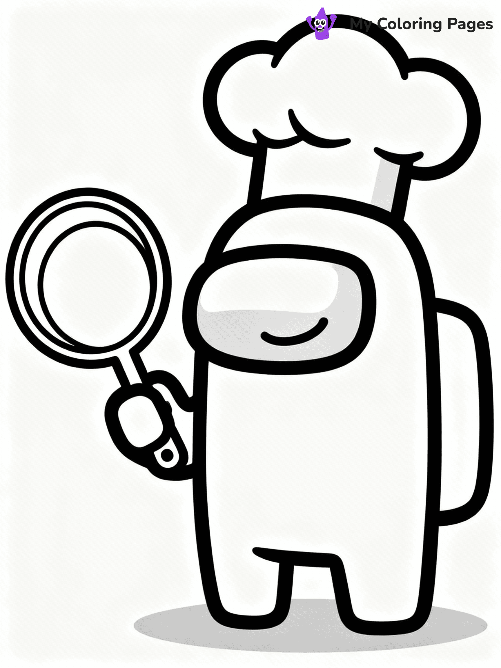 ⚠️ CRITICAL REQUIREMENT - ABSOLUTE BLACK AND WHITE ONLY ⚠️
This MUST be a BLACK AND WHITE line drawing ONLY. NO COLORS whatsoever.
- ONLY pure black lines (#000000) on pure white background (#FFFFFF)
- ABSOLUTELY NO colors, NO shading, NO gradients, NO grayscale
- If there are ANY colors in the output, the image is REJECTED
- This is a COLORING PAGE - meant to be COLORED IN by children
- The output must be UNCOLORED line art ready for coloring
⚠️ SUBJECT TO DRAW: Crewmate from Among Us with chef hat, holding a frying pan, smiling. Important: PURE OUTLINES. NO FILLS, COLOR, SHADING, OR GREYSCALE. WHITE BACKGROUND.
(REMEMBER: Output must be BLACK AND WHITE line art only, NOT colored!)
# Flat, Friendly Cartoon Line-Art Coloring Page
You are generating a **pure black-and-white binary image** of a child-friendly cartoon scene combining characters and background scenery in one cohesive composition.
## Rendering Rules (Strict)
- Only two colors: pure black (#000000) outlines and pure white (#FFFFFF) background.
- No grayscale, shading, gradients, tints, fills, transparency, or partial pixels.
- No antialiasing or blended edges; every pixel is 100% black or white.
- No solid black fills inside shapes — all areas inside outlines must remain white.
- No dark clothing areas or filled tone blocks; all garments outlined only.
- No shadows, textures, lighting, or tonal variations.
- Must look like flat binary vector line-art for coloring pages.
## Drawing & Composition
- **Medium, consistent line weight**; clean closed outlines easy to color inside.
- **Flat, simple, child-friendly design** — no realism or 3D depth.
- Characters are **grounded on a surface**, centered and large.
- **Balanced composition** with clear silhouettes and minimal props.
## Scenery & Style
- Landmarks (e.g., mosque, CN Tower) and scenery (trees, benches, waves) drawn with **black outlines only.**
- For real-world figures, teams, or places, show accurate details using only black outlines—no text or logos. Use distinctive uniform patterns, abstract symbols, and landmark silhouettes to convey identity.
- Keep **consistent perspective**; no floating elements.
- **Style:** whimsical **Doodle Art Alley** — rounded, friendly outlines.
- May adapt shapes from **Crayola, Disney, Peppa Pig, Cocomelon** — *by shape only, never color.*
- Final output: **flat, crisp, binary (#000000/#FFFFFF)**, **no filled color or background text.**
EXTREMELYE IMPORTANT:
- PURE BINARY LINE-ART; NO FILLS (HAIR/CLOTHES/SKIN), SHADING, OR GREY.
- NO SHADING, COLOR. MUST BE WHITE BACKGROUND.
⚠️ FINAL REMINDER: Draw the subject "Crewmate from Among Us with chef hat, holding a frying pan, smiling. Important: PURE OUTLINES. NO FILLS, COLOR, SHADING, OR GREYSCALE. WHITE BACKGROUND." as BLACK AND WHITE line art. Zero colors in output.