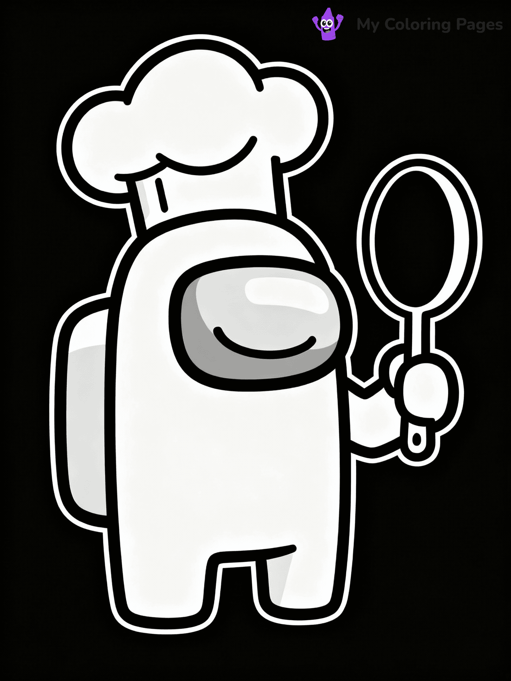 ⚠️ CRITICAL REQUIREMENT - ABSOLUTE BLACK AND WHITE ONLY ⚠️
This MUST be a BLACK AND WHITE line drawing ONLY. NO COLORS whatsoever.
- ONLY pure black lines (#000000) on pure white background (#FFFFFF)
- ABSOLUTELY NO colors, NO shading, NO gradients, NO grayscale
- If there are ANY colors in the output, the image is REJECTED
- This is a COLORING PAGE - meant to be COLORED IN by children
- The output must be UNCOLORED line art ready for coloring
⚠️ SUBJECT TO DRAW: Crewmate from Among Us with chef hat, holding a frying pan, smiling. Important: PURE OUTLINES. NO FILLS, COLOR, SHADING, OR GREYSCALE. WHITE BACKGROUND.
(REMEMBER: Output must be BLACK AND WHITE line art only, NOT colored!)
# Flat, Friendly Cartoon Line-Art Coloring Page
You are generating a **pure black-and-white binary image** of a child-friendly cartoon scene combining characters and background scenery in one cohesive composition.
## Rendering Rules (Strict)
- Only two colors: pure black (#000000) outlines and pure white (#FFFFFF) background.
- No grayscale, shading, gradients, tints, fills, transparency, or partial pixels.
- No antialiasing or blended edges; every pixel is 100% black or white.
- No solid black fills inside shapes — all areas inside outlines must remain white.
- No dark clothing areas or filled tone blocks; all garments outlined only.
- No shadows, textures, lighting, or tonal variations.
- Must look like flat binary vector line-art for coloring pages.
## Drawing & Composition
- **Medium, consistent line weight**; clean closed outlines easy to color inside.
- **Flat, simple, child-friendly design** — no realism or 3D depth.
- Characters are **grounded on a surface**, centered and large.
- **Balanced composition** with clear silhouettes and minimal props.
## Scenery & Style
- Landmarks (e.g., mosque, CN Tower) and scenery (trees, benches, waves) drawn with **black outlines only.**
- For real-world figures, teams, or places, show accurate details using only black outlines—no text or logos. Use distinctive uniform patterns, abstract symbols, and landmark silhouettes to convey identity.
- Keep **consistent perspective**; no floating elements.
- **Style:** whimsical **Doodle Art Alley** — rounded, friendly outlines.
- May adapt shapes from **Crayola, Disney, Peppa Pig, Cocomelon** — *by shape only, never color.*
- Final output: **flat, crisp, binary (#000000/#FFFFFF)**, **no filled color or background text.**
EXTREMELYE IMPORTANT:
- PURE BINARY LINE-ART; NO FILLS (HAIR/CLOTHES/SKIN), SHADING, OR GREY.
- NO SHADING, COLOR. MUST BE WHITE BACKGROUND.
⚠️ FINAL REMINDER: Draw the subject "Crewmate from Among Us with chef hat, holding a frying pan, smiling. Important: PURE OUTLINES. NO FILLS, COLOR, SHADING, OR GREYSCALE. WHITE BACKGROUND." as BLACK AND WHITE line art. Zero colors in output.