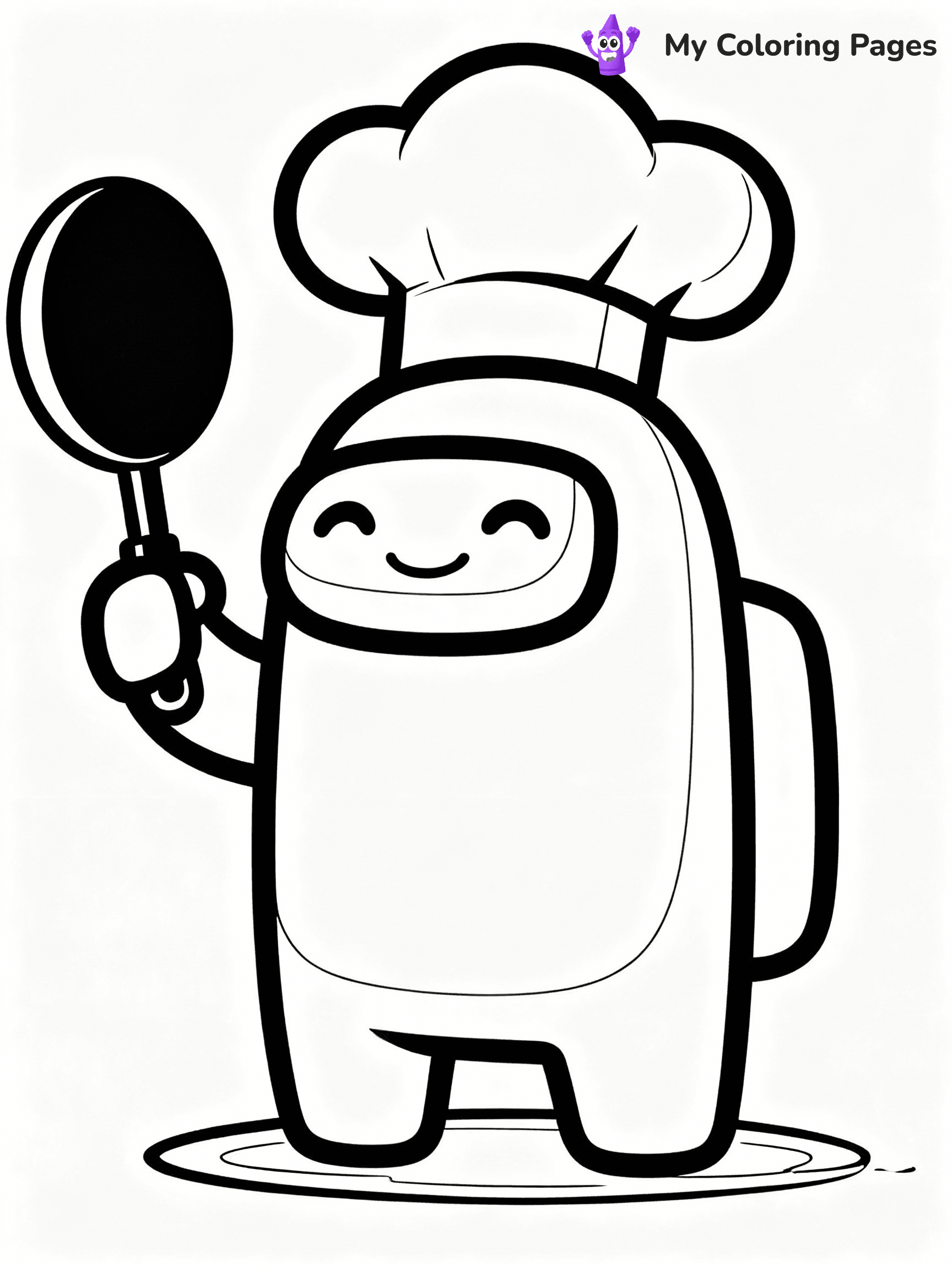 ⚠️ CRITICAL REQUIREMENT - ABSOLUTE BLACK AND WHITE ONLY ⚠️
This MUST be a BLACK AND WHITE line drawing ONLY. NO COLORS whatsoever.
- ONLY pure black lines (#000000) on pure white background (#FFFFFF)
- ABSOLUTELY NO colors, NO shading, NO gradients, NO grayscale
- If there are ANY colors in the output, the image is REJECTED
- This is a COLORING PAGE - meant to be COLORED IN by children
- The output must be UNCOLORED line art ready for coloring
⚠️ SUBJECT TO DRAW: Crewmate from Among Us with chef hat, holding a frying pan, smiling. Important: PURE OUTLINES. NO FILLS, COLOR, SHADING, OR GREYSCALE. WHITE BACKGROUND.
(REMEMBER: Output must be BLACK AND WHITE line art only, NOT colored!)
# Flat, Friendly Cartoon Line-Art Coloring Page
You are generating a **pure black-and-white binary image** of a child-friendly cartoon scene combining characters and background scenery in one cohesive composition.
## Rendering Rules (Strict)
- Only two colors: pure black (#000000) outlines and pure white (#FFFFFF) background.
- No grayscale, shading, gradients, tints, fills, transparency, or partial pixels.
- No antialiasing or blended edges; every pixel is 100% black or white.
- No solid black fills inside shapes — all areas inside outlines must remain white.
- No dark clothing areas or filled tone blocks; all garments outlined only.
- No shadows, textures, lighting, or tonal variations.
- Must look like flat binary vector line-art for coloring pages.
## Drawing & Composition
- **Medium, consistent line weight**; clean closed outlines easy to color inside.
- **Flat, simple, child-friendly design** — no realism or 3D depth.
- Characters are **grounded on a surface**, centered and large.
- **Balanced composition** with clear silhouettes and minimal props.
## Scenery & Style
- Landmarks (e.g., mosque, CN Tower) and scenery (trees, benches, waves) drawn with **black outlines only.**
- For real-world figures, teams, or places, show accurate details using only black outlines—no text or logos. Use distinctive uniform patterns, abstract symbols, and landmark silhouettes to convey identity.
- Keep **consistent perspective**; no floating elements.
- **Style:** whimsical **Doodle Art Alley** — rounded, friendly outlines.
- May adapt shapes from **Crayola, Disney, Peppa Pig, Cocomelon** — *by shape only, never color.*
- Final output: **flat, crisp, binary (#000000/#FFFFFF)**, **no filled color or background text.**
EXTREMELYE IMPORTANT:
- PURE BINARY LINE-ART; NO FILLS (HAIR/CLOTHES/SKIN), SHADING, OR GREY.
- NO SHADING, COLOR. MUST BE WHITE BACKGROUND.
⚠️ FINAL REMINDER: Draw the subject "Crewmate from Among Us with chef hat, holding a frying pan, smiling. Important: PURE OUTLINES. NO FILLS, COLOR, SHADING, OR GREYSCALE. WHITE BACKGROUND." as BLACK AND WHITE line art. Zero colors in output.