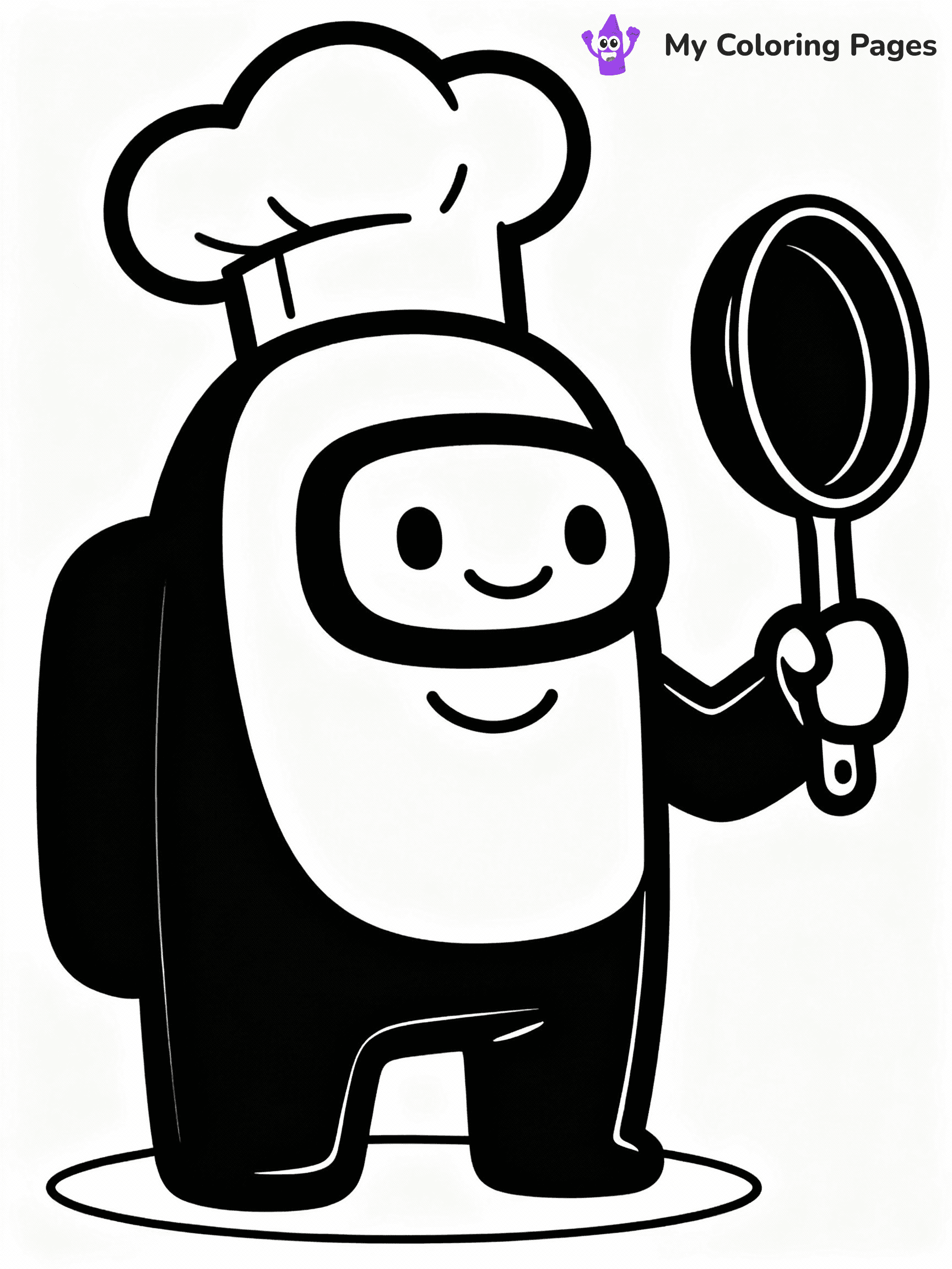 ⚠️ CRITICAL REQUIREMENT - ABSOLUTE BLACK AND WHITE ONLY ⚠️
This MUST be a BLACK AND WHITE line drawing ONLY. NO COLORS whatsoever.
- ONLY pure black lines (#000000) on pure white background (#FFFFFF)
- ABSOLUTELY NO colors, NO shading, NO gradients, NO grayscale
- If there are ANY colors in the output, the image is REJECTED
- This is a COLORING PAGE - meant to be COLORED IN by children
- The output must be UNCOLORED line art ready for coloring
⚠️ SUBJECT TO DRAW: Crewmate from Among Us with chef hat, holding a frying pan, smiling. Important: PURE OUTLINES. NO FILLS, COLOR, SHADING, OR GREYSCALE. WHITE BACKGROUND.
(REMEMBER: Output must be BLACK AND WHITE line art only, NOT colored!)
# Flat, Friendly Cartoon Line-Art Coloring Page
You are generating a **pure black-and-white binary image** of a child-friendly cartoon scene combining characters and background scenery in one cohesive composition.
## Rendering Rules (Strict)
- Only two colors: pure black (#000000) outlines and pure white (#FFFFFF) background.
- No grayscale, shading, gradients, tints, fills, transparency, or partial pixels.
- No antialiasing or blended edges; every pixel is 100% black or white.
- No solid black fills inside shapes — all areas inside outlines must remain white.
- No dark clothing areas or filled tone blocks; all garments outlined only.
- No shadows, textures, lighting, or tonal variations.
- Must look like flat binary vector line-art for coloring pages.
## Drawing & Composition
- **Medium, consistent line weight**; clean closed outlines easy to color inside.
- **Flat, simple, child-friendly design** — no realism or 3D depth.
- Characters are **grounded on a surface**, centered and large.
- **Balanced composition** with clear silhouettes and minimal props.
## Scenery & Style
- Landmarks (e.g., mosque, CN Tower) and scenery (trees, benches, waves) drawn with **black outlines only.**
- For real-world figures, teams, or places, show accurate details using only black outlines—no text or logos. Use distinctive uniform patterns, abstract symbols, and landmark silhouettes to convey identity.
- Keep **consistent perspective**; no floating elements.
- **Style:** whimsical **Doodle Art Alley** — rounded, friendly outlines.
- May adapt shapes from **Crayola, Disney, Peppa Pig, Cocomelon** — *by shape only, never color.*
- Final output: **flat, crisp, binary (#000000/#FFFFFF)**, **no filled color or background text.**
EXTREMELYE IMPORTANT:
- PURE BINARY LINE-ART; NO FILLS (HAIR/CLOTHES/SKIN), SHADING, OR GREY.
- NO SHADING, COLOR. MUST BE WHITE BACKGROUND.
⚠️ FINAL REMINDER: Draw the subject "Crewmate from Among Us with chef hat, holding a frying pan, smiling. Important: PURE OUTLINES. NO FILLS, COLOR, SHADING, OR GREYSCALE. WHITE BACKGROUND." as BLACK AND WHITE line art. Zero colors in output.