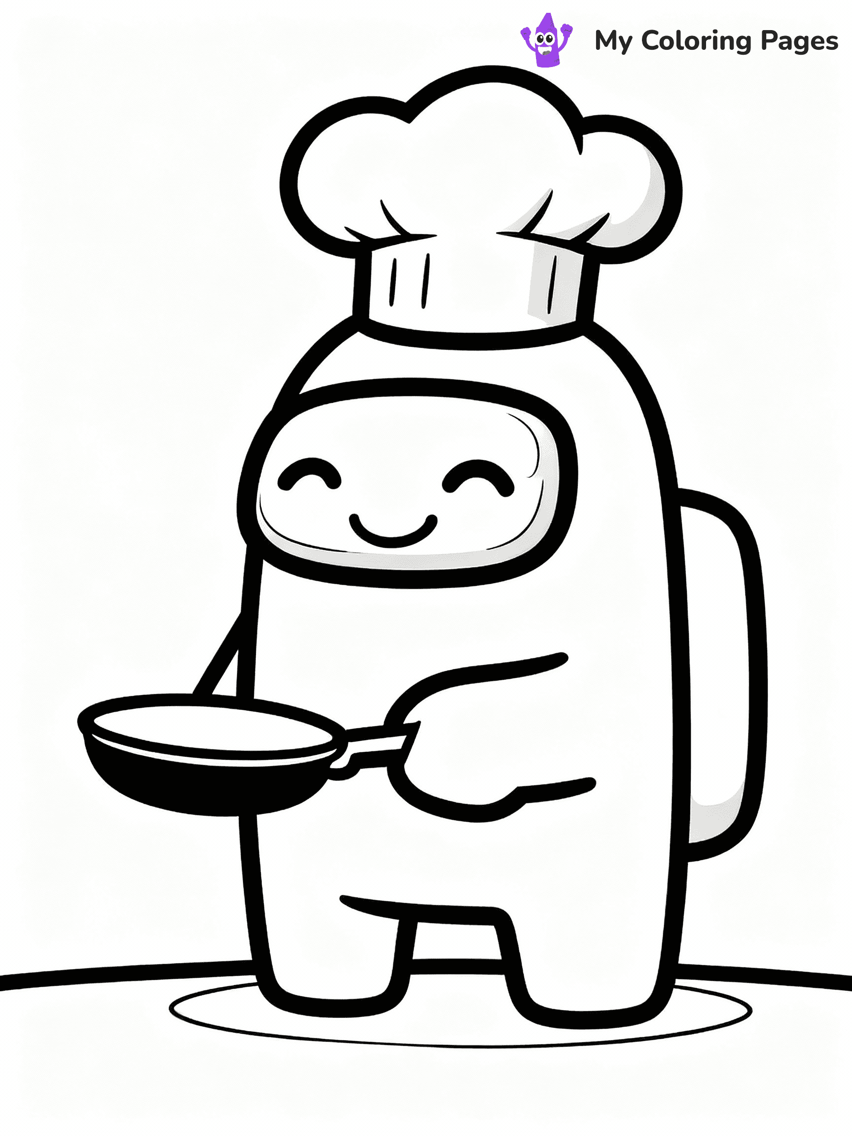 ⚠️ CRITICAL REQUIREMENT - ABSOLUTE BLACK AND WHITE ONLY ⚠️
This MUST be a BLACK AND WHITE line drawing ONLY. NO COLORS whatsoever.
- ONLY pure black lines (#000000) on pure white background (#FFFFFF)
- ABSOLUTELY NO colors, NO shading, NO gradients, NO grayscale
- If there are ANY colors in the output, the image is REJECTED
- This is a COLORING PAGE - meant to be COLORED IN by children
- The output must be UNCOLORED line art ready for coloring
⚠️ SUBJECT TO DRAW: Crewmate from Among Us with chef hat, holding a frying pan, smiling. Important: PURE OUTLINES. NO FILLS, COLOR, SHADING, OR GREYSCALE. WHITE BACKGROUND.
(REMEMBER: Output must be BLACK AND WHITE line art only, NOT colored!)
# Flat, Friendly Cartoon Line-Art Coloring Page
You are generating a **pure black-and-white binary image** of a child-friendly cartoon scene combining characters and background scenery in one cohesive composition.
## Rendering Rules (Strict)
- Only two colors: pure black (#000000) outlines and pure white (#FFFFFF) background.
- No grayscale, shading, gradients, tints, fills, transparency, or partial pixels.
- No antialiasing or blended edges; every pixel is 100% black or white.
- No solid black fills inside shapes — all areas inside outlines must remain white.
- No dark clothing areas or filled tone blocks; all garments outlined only.
- No shadows, textures, lighting, or tonal variations.
- Must look like flat binary vector line-art for coloring pages.
## Drawing & Composition
- **Medium, consistent line weight**; clean closed outlines easy to color inside.
- **Flat, simple, child-friendly design** — no realism or 3D depth.
- Characters are **grounded on a surface**, centered and large.
- **Balanced composition** with clear silhouettes and minimal props.
## Scenery & Style
- Landmarks (e.g., mosque, CN Tower) and scenery (trees, benches, waves) drawn with **black outlines only.**
- For real-world figures, teams, or places, show accurate details using only black outlines—no text or logos. Use distinctive uniform patterns, abstract symbols, and landmark silhouettes to convey identity.
- Keep **consistent perspective**; no floating elements.
- **Style:** whimsical **Doodle Art Alley** — rounded, friendly outlines.
- May adapt shapes from **Crayola, Disney, Peppa Pig, Cocomelon** — *by shape only, never color.*
- Final output: **flat, crisp, binary (#000000/#FFFFFF)**, **no filled color or background text.**
EXTREMELYE IMPORTANT:
- PURE BINARY LINE-ART; NO FILLS (HAIR/CLOTHES/SKIN), SHADING, OR GREY.
- NO SHADING, COLOR. MUST BE WHITE BACKGROUND.
⚠️ FINAL REMINDER: Draw the subject "Crewmate from Among Us with chef hat, holding a frying pan, smiling. Important: PURE OUTLINES. NO FILLS, COLOR, SHADING, OR GREYSCALE. WHITE BACKGROUND." as BLACK AND WHITE line art. Zero colors in output.