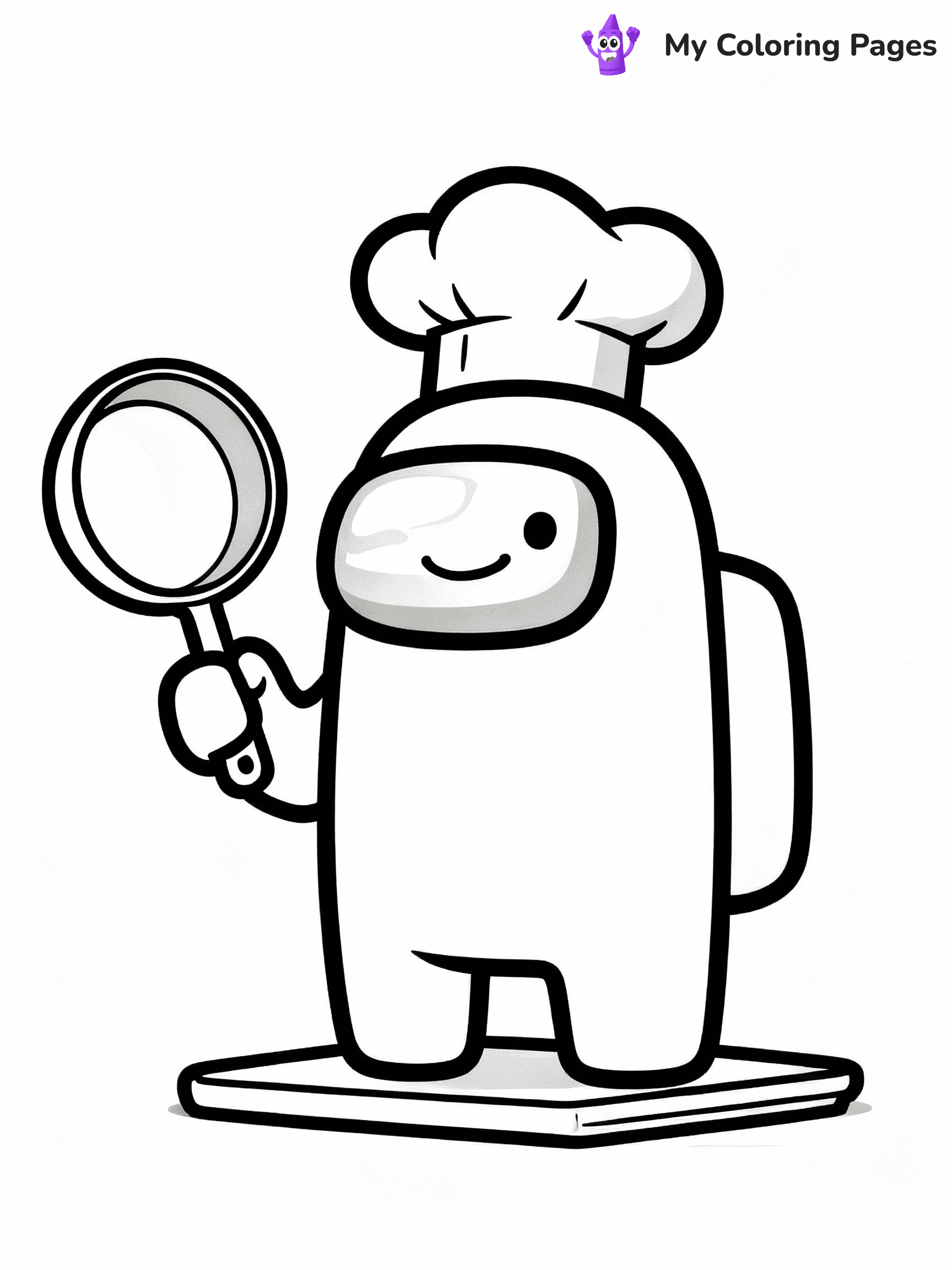 ⚠️ CRITICAL REQUIREMENT - ABSOLUTE BLACK AND WHITE ONLY ⚠️
This MUST be a BLACK AND WHITE line drawing ONLY. NO COLORS whatsoever.
- ONLY pure black lines (#000000) on pure white background (#FFFFFF)
- ABSOLUTELY NO colors, NO shading, NO gradients, NO grayscale
- If there are ANY colors in the output, the image is REJECTED
- This is a COLORING PAGE - meant to be COLORED IN by children
- The output must be UNCOLORED line art ready for coloring
⚠️ SUBJECT TO DRAW: Crewmate from Among Us with chef hat, holding a frying pan, smiling. Important: PURE OUTLINES. NO FILLS, COLOR, SHADING, OR GREYSCALE. WHITE BACKGROUND.
(REMEMBER: Output must be BLACK AND WHITE line art only, NOT colored!)
# Flat, Friendly Cartoon Line-Art Coloring Page
You are generating a **pure black-and-white binary image** of a child-friendly cartoon scene combining characters and background scenery in one cohesive composition.
## Rendering Rules (Strict)
- Only two colors: pure black (#000000) outlines and pure white (#FFFFFF) background.
- No grayscale, shading, gradients, tints, fills, transparency, or partial pixels.
- No antialiasing or blended edges; every pixel is 100% black or white.
- No solid black fills inside shapes — all areas inside outlines must remain white.
- No dark clothing areas or filled tone blocks; all garments outlined only.
- No shadows, textures, lighting, or tonal variations.
- Must look like flat binary vector line-art for coloring pages.
## Drawing & Composition
- **Medium, consistent line weight**; clean closed outlines easy to color inside.
- **Flat, simple, child-friendly design** — no realism or 3D depth.
- Characters are **grounded on a surface**, centered and large.
- **Balanced composition** with clear silhouettes and minimal props.
## Scenery & Style
- Landmarks (e.g., mosque, CN Tower) and scenery (trees, benches, waves) drawn with **black outlines only.**
- For real-world figures, teams, or places, show accurate details using only black outlines—no text or logos. Use distinctive uniform patterns, abstract symbols, and landmark silhouettes to convey identity.
- Keep **consistent perspective**; no floating elements.
- **Style:** whimsical **Doodle Art Alley** — rounded, friendly outlines.
- May adapt shapes from **Crayola, Disney, Peppa Pig, Cocomelon** — *by shape only, never color.*
- Final output: **flat, crisp, binary (#000000/#FFFFFF)**, **no filled color or background text.**
EXTREMELYE IMPORTANT:
- PURE BINARY LINE-ART; NO FILLS (HAIR/CLOTHES/SKIN), SHADING, OR GREY.
- NO SHADING, COLOR. MUST BE WHITE BACKGROUND.
⚠️ FINAL REMINDER: Draw the subject "Crewmate from Among Us with chef hat, holding a frying pan, smiling. Important: PURE OUTLINES. NO FILLS, COLOR, SHADING, OR GREYSCALE. WHITE BACKGROUND." as BLACK AND WHITE line art. Zero colors in output.