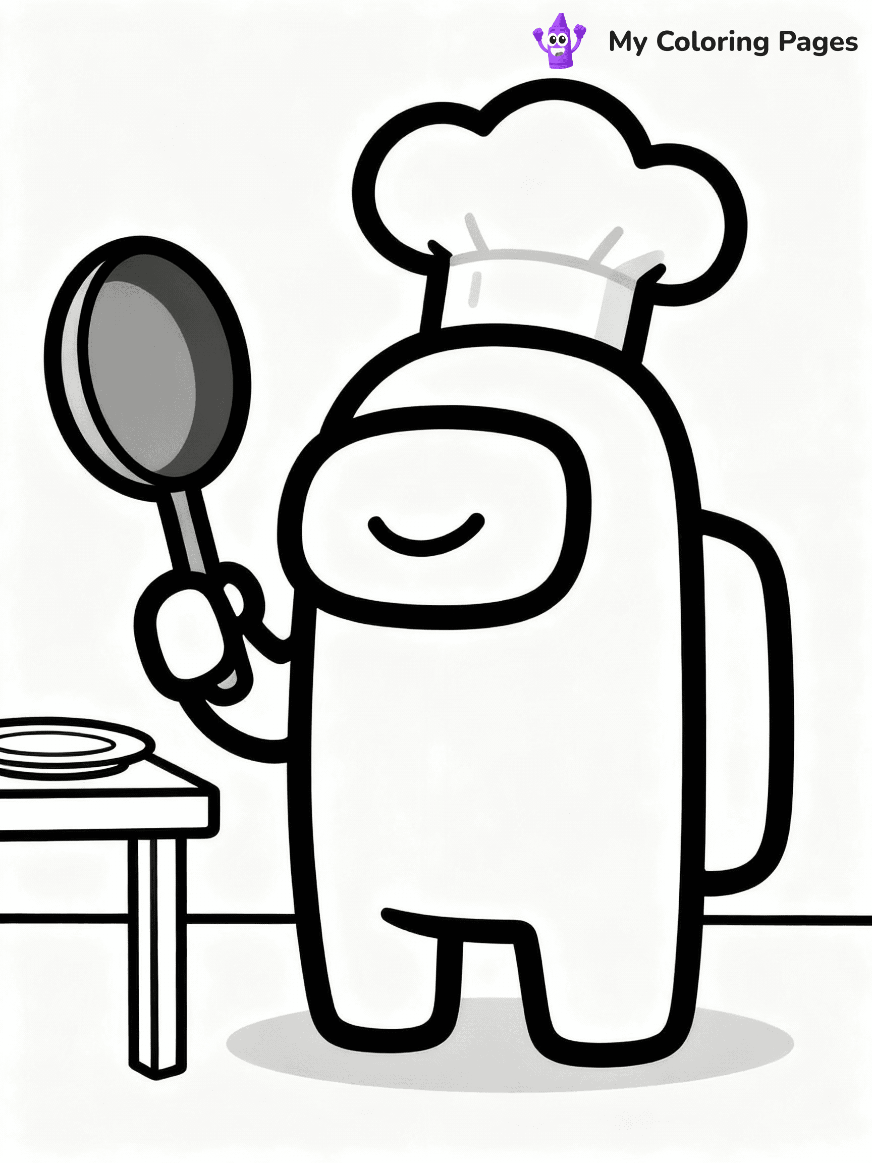 ⚠️ CRITICAL REQUIREMENT - ABSOLUTE BLACK AND WHITE ONLY ⚠️
This MUST be a BLACK AND WHITE line drawing ONLY. NO COLORS whatsoever.
- ONLY pure black lines (#000000) on pure white background (#FFFFFF)
- ABSOLUTELY NO colors, NO shading, NO gradients, NO grayscale
- If there are ANY colors in the output, the image is REJECTED
- This is a COLORING PAGE - meant to be COLORED IN by children
- The output must be UNCOLORED line art ready for coloring
⚠️ SUBJECT TO DRAW: Crewmate from Among Us with chef hat, holding a frying pan, smiling. Important: PURE OUTLINES. NO FILLS, COLOR, SHADING, OR GREYSCALE. WHITE BACKGROUND.
(REMEMBER: Output must be BLACK AND WHITE line art only, NOT colored!)
# Flat, Friendly Cartoon Line-Art Coloring Page
You are generating a **pure black-and-white binary image** of a child-friendly cartoon scene combining characters and background scenery in one cohesive composition.
## Rendering Rules (Strict)
- Only two colors: pure black (#000000) outlines and pure white (#FFFFFF) background.
- No grayscale, shading, gradients, tints, fills, transparency, or partial pixels.
- No antialiasing or blended edges; every pixel is 100% black or white.
- No solid black fills inside shapes — all areas inside outlines must remain white.
- No dark clothing areas or filled tone blocks; all garments outlined only.
- No shadows, textures, lighting, or tonal variations.
- Must look like flat binary vector line-art for coloring pages.
## Drawing & Composition
- **Medium, consistent line weight**; clean closed outlines easy to color inside.
- **Flat, simple, child-friendly design** — no realism or 3D depth.
- Characters are **grounded on a surface**, centered and large.
- **Balanced composition** with clear silhouettes and minimal props.
## Scenery & Style
- Landmarks (e.g., mosque, CN Tower) and scenery (trees, benches, waves) drawn with **black outlines only.**
- For real-world figures, teams, or places, show accurate details using only black outlines—no text or logos. Use distinctive uniform patterns, abstract symbols, and landmark silhouettes to convey identity.
- Keep **consistent perspective**; no floating elements.
- **Style:** whimsical **Doodle Art Alley** — rounded, friendly outlines.
- May adapt shapes from **Crayola, Disney, Peppa Pig, Cocomelon** — *by shape only, never color.*
- Final output: **flat, crisp, binary (#000000/#FFFFFF)**, **no filled color or background text.**
EXTREMELYE IMPORTANT:
- PURE BINARY LINE-ART; NO FILLS (HAIR/CLOTHES/SKIN), SHADING, OR GREY.
- NO SHADING, COLOR. MUST BE WHITE BACKGROUND.
⚠️ FINAL REMINDER: Draw the subject "Crewmate from Among Us with chef hat, holding a frying pan, smiling. Important: PURE OUTLINES. NO FILLS, COLOR, SHADING, OR GREYSCALE. WHITE BACKGROUND." as BLACK AND WHITE line art. Zero colors in output.