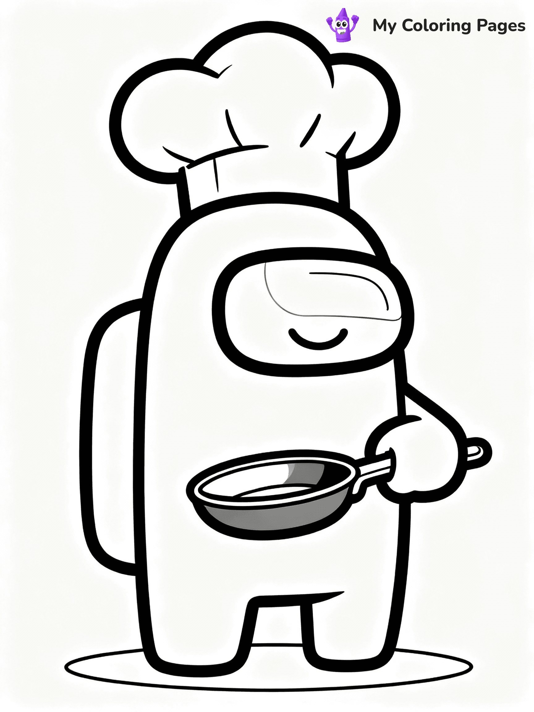 ⚠️ CRITICAL REQUIREMENT - ABSOLUTE BLACK AND WHITE ONLY ⚠️
This MUST be a BLACK AND WHITE line drawing ONLY. NO COLORS whatsoever.
- ONLY pure black lines (#000000) on pure white background (#FFFFFF)
- ABSOLUTELY NO colors, NO shading, NO gradients, NO grayscale
- If there are ANY colors in the output, the image is REJECTED
- This is a COLORING PAGE - meant to be COLORED IN by children
- The output must be UNCOLORED line art ready for coloring
⚠️ SUBJECT TO DRAW: Crewmate from Among Us with chef hat, holding a frying pan, smiling. Important: PURE OUTLINES. NO FILLS, COLOR, SHADING, OR GREYSCALE. WHITE BACKGROUND.
(REMEMBER: Output must be BLACK AND WHITE line art only, NOT colored!)
# Flat, Friendly Cartoon Line-Art Coloring Page
You are generating a **pure black-and-white binary image** of a child-friendly cartoon scene combining characters and background scenery in one cohesive composition.
## Rendering Rules (Strict)
- Only two colors: pure black (#000000) outlines and pure white (#FFFFFF) background.
- No grayscale, shading, gradients, tints, fills, transparency, or partial pixels.
- No antialiasing or blended edges; every pixel is 100% black or white.
- No solid black fills inside shapes — all areas inside outlines must remain white.
- No dark clothing areas or filled tone blocks; all garments outlined only.
- No shadows, textures, lighting, or tonal variations.
- Must look like flat binary vector line-art for coloring pages.
## Drawing & Composition
- **Medium, consistent line weight**; clean closed outlines easy to color inside.
- **Flat, simple, child-friendly design** — no realism or 3D depth.
- Characters are **grounded on a surface**, centered and large.
- **Balanced composition** with clear silhouettes and minimal props.
## Scenery & Style
- Landmarks (e.g., mosque, CN Tower) and scenery (trees, benches, waves) drawn with **black outlines only.**
- For real-world figures, teams, or places, show accurate details using only black outlines—no text or logos. Use distinctive uniform patterns, abstract symbols, and landmark silhouettes to convey identity.
- Keep **consistent perspective**; no floating elements.
- **Style:** whimsical **Doodle Art Alley** — rounded, friendly outlines.
- May adapt shapes from **Crayola, Disney, Peppa Pig, Cocomelon** — *by shape only, never color.*
- Final output: **flat, crisp, binary (#000000/#FFFFFF)**, **no filled color or background text.**
EXTREMELYE IMPORTANT:
- PURE BINARY LINE-ART; NO FILLS (HAIR/CLOTHES/SKIN), SHADING, OR GREY.
- NO SHADING, COLOR. MUST BE WHITE BACKGROUND.
⚠️ FINAL REMINDER: Draw the subject "Crewmate from Among Us with chef hat, holding a frying pan, smiling. Important: PURE OUTLINES. NO FILLS, COLOR, SHADING, OR GREYSCALE. WHITE BACKGROUND." as BLACK AND WHITE line art. Zero colors in output.