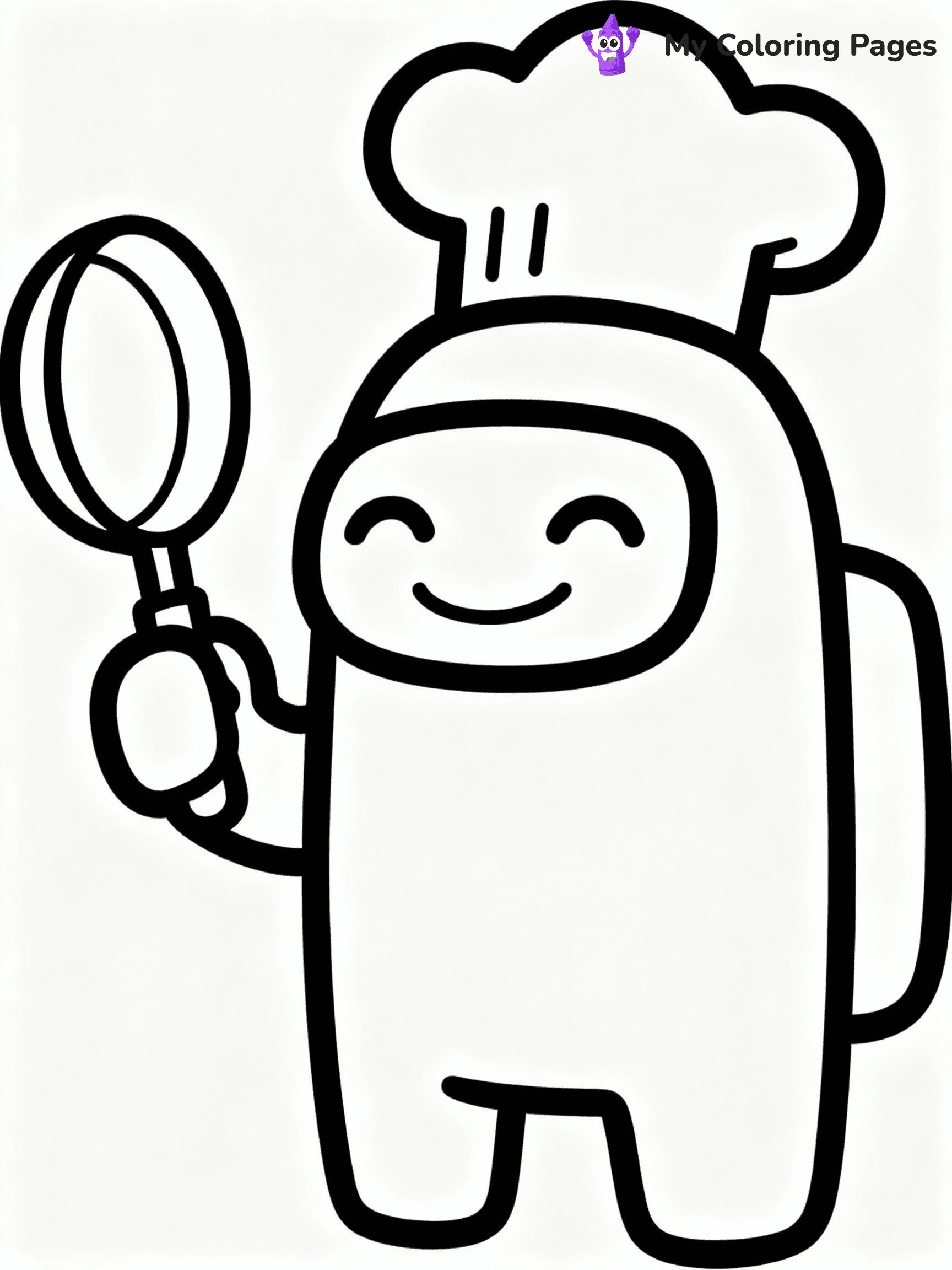 ⚠️ CRITICAL REQUIREMENT - ABSOLUTE BLACK AND WHITE ONLY ⚠️
This MUST be a BLACK AND WHITE line drawing ONLY. NO COLORS whatsoever.
- ONLY pure black lines (#000000) on pure white background (#FFFFFF)
- ABSOLUTELY NO colors, NO shading, NO gradients, NO grayscale
- If there are ANY colors in the output, the image is REJECTED
- This is a COLORING PAGE - meant to be COLORED IN by children
- The output must be UNCOLORED line art ready for coloring
⚠️ SUBJECT TO DRAW: Crewmate from Among Us with chef hat, holding a frying pan, smiling. Important: PURE OUTLINES. NO FILLS, COLOR, SHADING, OR GREYSCALE. WHITE BACKGROUND.
(REMEMBER: Output must be BLACK AND WHITE line art only, NOT colored!)
# Flat, Friendly Cartoon Line-Art Coloring Page
You are generating a **pure black-and-white binary image** of a child-friendly cartoon scene combining characters and background scenery in one cohesive composition.
## Rendering Rules (Strict)
- Only two colors: pure black (#000000) outlines and pure white (#FFFFFF) background.
- No grayscale, shading, gradients, tints, fills, transparency, or partial pixels.
- No antialiasing or blended edges; every pixel is 100% black or white.
- No solid black fills inside shapes — all areas inside outlines must remain white.
- No dark clothing areas or filled tone blocks; all garments outlined only.
- No shadows, textures, lighting, or tonal variations.
- Must look like flat binary vector line-art for coloring pages.
## Drawing & Composition
- **Medium, consistent line weight**; clean closed outlines easy to color inside.
- **Flat, simple, child-friendly design** — no realism or 3D depth.
- Characters are **grounded on a surface**, centered and large.
- **Balanced composition** with clear silhouettes and minimal props.
## Scenery & Style
- Landmarks (e.g., mosque, CN Tower) and scenery (trees, benches, waves) drawn with **black outlines only.**
- For real-world figures, teams, or places, show accurate details using only black outlines—no text or logos. Use distinctive uniform patterns, abstract symbols, and landmark silhouettes to convey identity.
- Keep **consistent perspective**; no floating elements.
- **Style:** whimsical **Doodle Art Alley** — rounded, friendly outlines.
- May adapt shapes from **Crayola, Disney, Peppa Pig, Cocomelon** — *by shape only, never color.*
- Final output: **flat, crisp, binary (#000000/#FFFFFF)**, **no filled color or background text.**
EXTREMELYE IMPORTANT:
- PURE BINARY LINE-ART; NO FILLS (HAIR/CLOTHES/SKIN), SHADING, OR GREY.
- NO SHADING, COLOR. MUST BE WHITE BACKGROUND.
⚠️ FINAL REMINDER: Draw the subject "Crewmate from Among Us with chef hat, holding a frying pan, smiling. Important: PURE OUTLINES. NO FILLS, COLOR, SHADING, OR GREYSCALE. WHITE BACKGROUND." as BLACK AND WHITE line art. Zero colors in output.