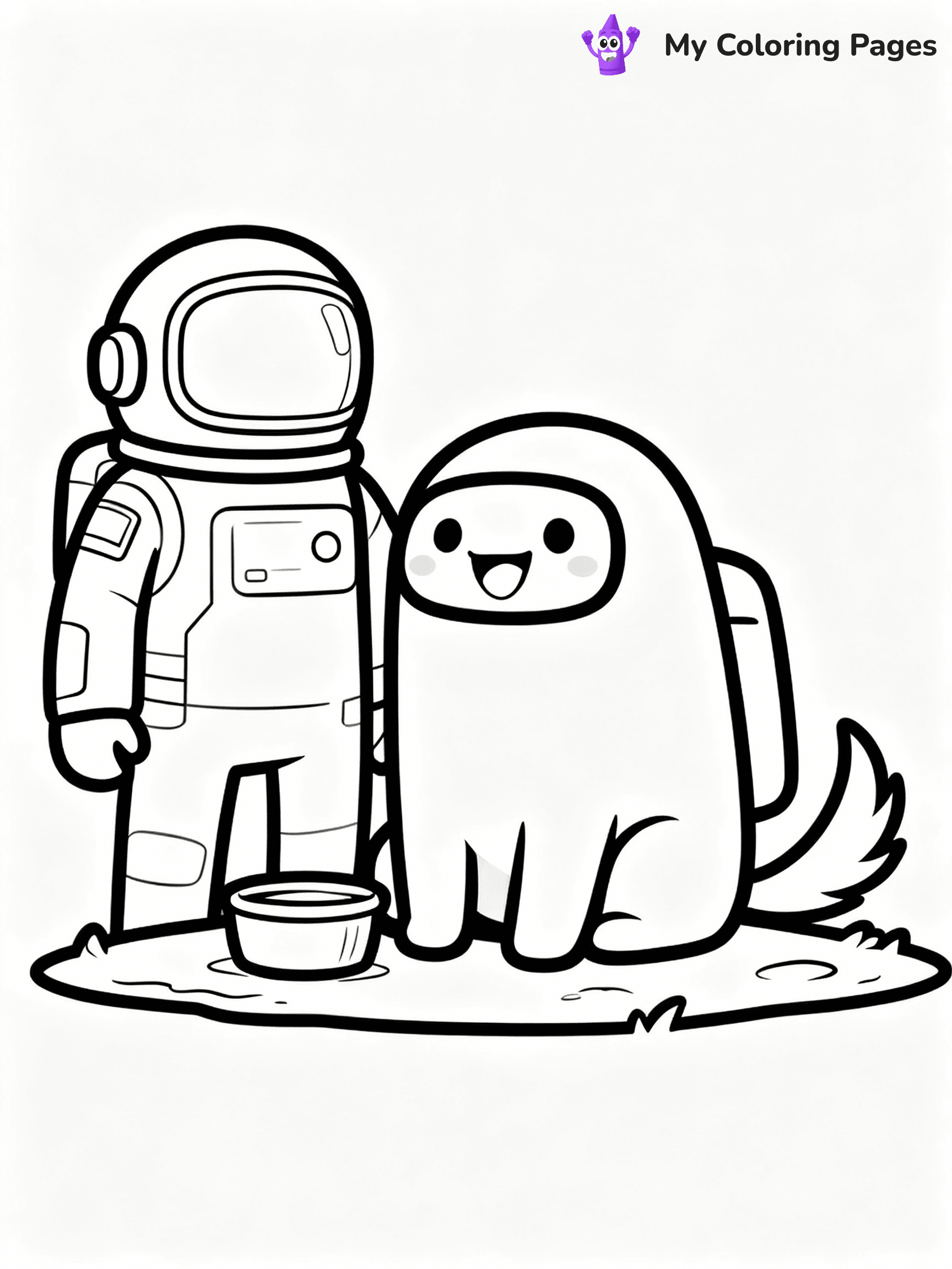 ⚠️ CRITICAL REQUIREMENT - ABSOLUTE BLACK AND WHITE ONLY ⚠️
This MUST be a BLACK AND WHITE line drawing ONLY. NO COLORS whatsoever.
- ONLY pure black lines (#000000) on pure white background (#FFFFFF)
- ABSOLUTELY NO colors, NO shading, NO gradients, NO grayscale
- If there are ANY colors in the output, the image is REJECTED
- This is a COLORING PAGE - meant to be COLORED IN by children
- The output must be UNCOLORED line art ready for coloring
⚠️ SUBJECT TO DRAW: Pet from Among Us sitting beside crewmate, tail wagging, cheerful expression. Important: PURE OUTLINES. NO FILLS, COLOR, SHADING, OR GREYSCALE. WHITE BACKGROUND.
(REMEMBER: Output must be BLACK AND WHITE line art only, NOT colored!)
# Flat, Friendly Cartoon Line-Art Coloring Page
You are generating a **pure black-and-white binary image** of a child-friendly cartoon scene combining characters and background scenery in one cohesive composition.
## Rendering Rules (Strict)
- Only two colors: pure black (#000000) outlines and pure white (#FFFFFF) background.
- No grayscale, shading, gradients, tints, fills, transparency, or partial pixels.
- No antialiasing or blended edges; every pixel is 100% black or white.
- No solid black fills inside shapes — all areas inside outlines must remain white.
- No dark clothing areas or filled tone blocks; all garments outlined only.
- No shadows, textures, lighting, or tonal variations.
- Must look like flat binary vector line-art for coloring pages.
## Drawing & Composition
- **Medium, consistent line weight**; clean closed outlines easy to color inside.
- **Flat, simple, child-friendly design** — no realism or 3D depth.
- Characters are **grounded on a surface**, centered and large.
- **Balanced composition** with clear silhouettes and minimal props.
## Scenery & Style
- Landmarks (e.g., mosque, CN Tower) and scenery (trees, benches, waves) drawn with **black outlines only.**
- For real-world figures, teams, or places, show accurate details using only black outlines—no text or logos. Use distinctive uniform patterns, abstract symbols, and landmark silhouettes to convey identity.
- Keep **consistent perspective**; no floating elements.
- **Style:** whimsical **Doodle Art Alley** — rounded, friendly outlines.
- May adapt shapes from **Crayola, Disney, Peppa Pig, Cocomelon** — *by shape only, never color.*
- Final output: **flat, crisp, binary (#000000/#FFFFFF)**, **no filled color or background text.**
EXTREMELYE IMPORTANT:
- PURE BINARY LINE-ART; NO FILLS (HAIR/CLOTHES/SKIN), SHADING, OR GREY.
- NO SHADING, COLOR. MUST BE WHITE BACKGROUND.
⚠️ FINAL REMINDER: Draw the subject "Pet from Among Us sitting beside crewmate, tail wagging, cheerful expression. Important: PURE OUTLINES. NO FILLS, COLOR, SHADING, OR GREYSCALE. WHITE BACKGROUND." as BLACK AND WHITE line art. Zero colors in output.