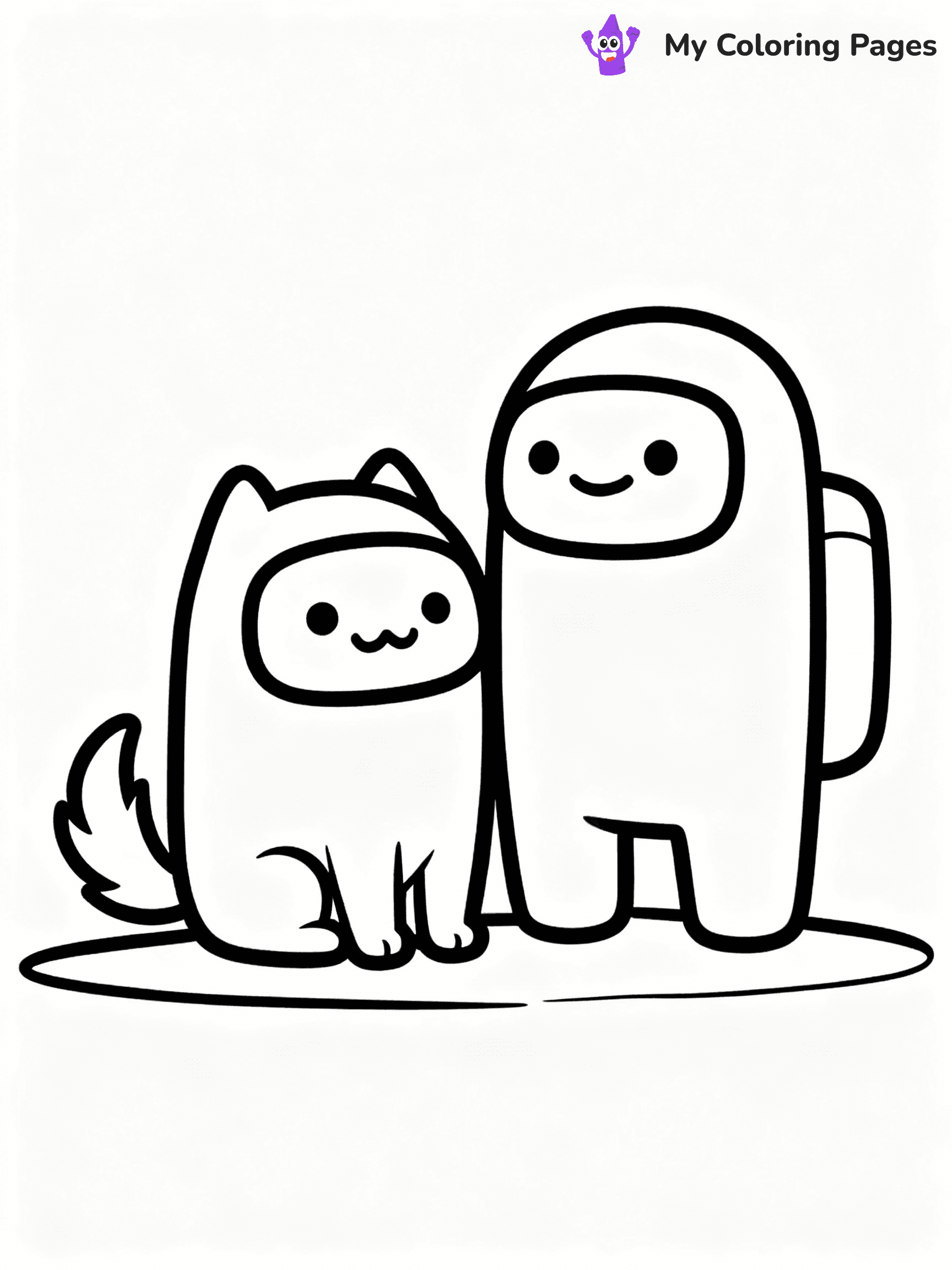 ⚠️ CRITICAL REQUIREMENT - ABSOLUTE BLACK AND WHITE ONLY ⚠️
This MUST be a BLACK AND WHITE line drawing ONLY. NO COLORS whatsoever.
- ONLY pure black lines (#000000) on pure white background (#FFFFFF)
- ABSOLUTELY NO colors, NO shading, NO gradients, NO grayscale
- If there are ANY colors in the output, the image is REJECTED
- This is a COLORING PAGE - meant to be COLORED IN by children
- The output must be UNCOLORED line art ready for coloring
⚠️ SUBJECT TO DRAW: Pet from Among Us sitting beside crewmate, tail wagging, cheerful expression. Important: PURE OUTLINES. NO FILLS, COLOR, SHADING, OR GREYSCALE. WHITE BACKGROUND.
(REMEMBER: Output must be BLACK AND WHITE line art only, NOT colored!)
# Flat, Friendly Cartoon Line-Art Coloring Page
You are generating a **pure black-and-white binary image** of a child-friendly cartoon scene combining characters and background scenery in one cohesive composition.
## Rendering Rules (Strict)
- Only two colors: pure black (#000000) outlines and pure white (#FFFFFF) background.
- No grayscale, shading, gradients, tints, fills, transparency, or partial pixels.
- No antialiasing or blended edges; every pixel is 100% black or white.
- No solid black fills inside shapes — all areas inside outlines must remain white.
- No dark clothing areas or filled tone blocks; all garments outlined only.
- No shadows, textures, lighting, or tonal variations.
- Must look like flat binary vector line-art for coloring pages.
## Drawing & Composition
- **Medium, consistent line weight**; clean closed outlines easy to color inside.
- **Flat, simple, child-friendly design** — no realism or 3D depth.
- Characters are **grounded on a surface**, centered and large.
- **Balanced composition** with clear silhouettes and minimal props.
## Scenery & Style
- Landmarks (e.g., mosque, CN Tower) and scenery (trees, benches, waves) drawn with **black outlines only.**
- For real-world figures, teams, or places, show accurate details using only black outlines—no text or logos. Use distinctive uniform patterns, abstract symbols, and landmark silhouettes to convey identity.
- Keep **consistent perspective**; no floating elements.
- **Style:** whimsical **Doodle Art Alley** — rounded, friendly outlines.
- May adapt shapes from **Crayola, Disney, Peppa Pig, Cocomelon** — *by shape only, never color.*
- Final output: **flat, crisp, binary (#000000/#FFFFFF)**, **no filled color or background text.**
EXTREMELYE IMPORTANT:
- PURE BINARY LINE-ART; NO FILLS (HAIR/CLOTHES/SKIN), SHADING, OR GREY.
- NO SHADING, COLOR. MUST BE WHITE BACKGROUND.
⚠️ FINAL REMINDER: Draw the subject "Pet from Among Us sitting beside crewmate, tail wagging, cheerful expression. Important: PURE OUTLINES. NO FILLS, COLOR, SHADING, OR GREYSCALE. WHITE BACKGROUND." as BLACK AND WHITE line art. Zero colors in output.