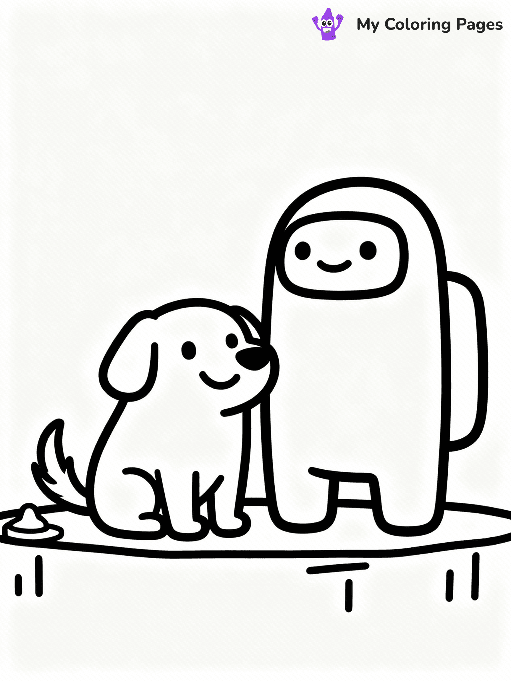 ⚠️ CRITICAL REQUIREMENT - ABSOLUTE BLACK AND WHITE ONLY ⚠️
This MUST be a BLACK AND WHITE line drawing ONLY. NO COLORS whatsoever.
- ONLY pure black lines (#000000) on pure white background (#FFFFFF)
- ABSOLUTELY NO colors, NO shading, NO gradients, NO grayscale
- If there are ANY colors in the output, the image is REJECTED
- This is a COLORING PAGE - meant to be COLORED IN by children
- The output must be UNCOLORED line art ready for coloring
⚠️ SUBJECT TO DRAW: Pet from Among Us sitting beside crewmate, tail wagging, cheerful expression. Important: PURE OUTLINES. NO FILLS, COLOR, SHADING, OR GREYSCALE. WHITE BACKGROUND.
(REMEMBER: Output must be BLACK AND WHITE line art only, NOT colored!)
# Flat, Friendly Cartoon Line-Art Coloring Page
You are generating a **pure black-and-white binary image** of a child-friendly cartoon scene combining characters and background scenery in one cohesive composition.
## Rendering Rules (Strict)
- Only two colors: pure black (#000000) outlines and pure white (#FFFFFF) background.
- No grayscale, shading, gradients, tints, fills, transparency, or partial pixels.
- No antialiasing or blended edges; every pixel is 100% black or white.
- No solid black fills inside shapes — all areas inside outlines must remain white.
- No dark clothing areas or filled tone blocks; all garments outlined only.
- No shadows, textures, lighting, or tonal variations.
- Must look like flat binary vector line-art for coloring pages.
## Drawing & Composition
- **Medium, consistent line weight**; clean closed outlines easy to color inside.
- **Flat, simple, child-friendly design** — no realism or 3D depth.
- Characters are **grounded on a surface**, centered and large.
- **Balanced composition** with clear silhouettes and minimal props.
## Scenery & Style
- Landmarks (e.g., mosque, CN Tower) and scenery (trees, benches, waves) drawn with **black outlines only.**
- For real-world figures, teams, or places, show accurate details using only black outlines—no text or logos. Use distinctive uniform patterns, abstract symbols, and landmark silhouettes to convey identity.
- Keep **consistent perspective**; no floating elements.
- **Style:** whimsical **Doodle Art Alley** — rounded, friendly outlines.
- May adapt shapes from **Crayola, Disney, Peppa Pig, Cocomelon** — *by shape only, never color.*
- Final output: **flat, crisp, binary (#000000/#FFFFFF)**, **no filled color or background text.**
EXTREMELYE IMPORTANT:
- PURE BINARY LINE-ART; NO FILLS (HAIR/CLOTHES/SKIN), SHADING, OR GREY.
- NO SHADING, COLOR. MUST BE WHITE BACKGROUND.
⚠️ FINAL REMINDER: Draw the subject "Pet from Among Us sitting beside crewmate, tail wagging, cheerful expression. Important: PURE OUTLINES. NO FILLS, COLOR, SHADING, OR GREYSCALE. WHITE BACKGROUND." as BLACK AND WHITE line art. Zero colors in output.