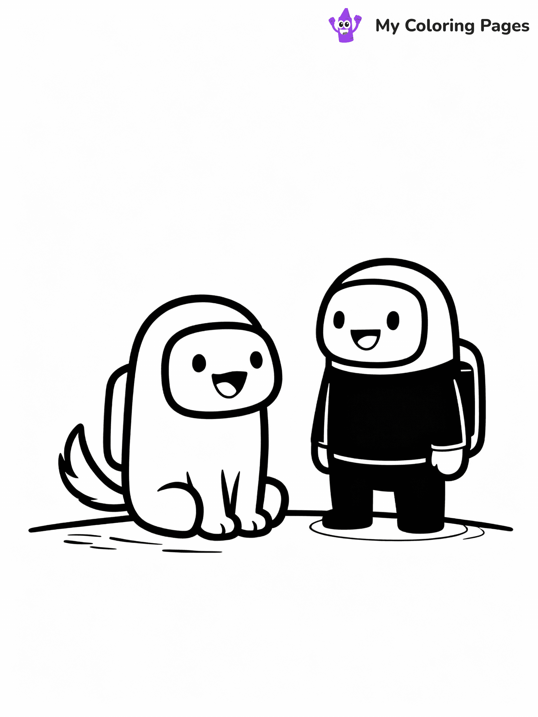 ⚠️ CRITICAL REQUIREMENT - ABSOLUTE BLACK AND WHITE ONLY ⚠️
This MUST be a BLACK AND WHITE line drawing ONLY. NO COLORS whatsoever.
- ONLY pure black lines (#000000) on pure white background (#FFFFFF)
- ABSOLUTELY NO colors, NO shading, NO gradients, NO grayscale
- If there are ANY colors in the output, the image is REJECTED
- This is a COLORING PAGE - meant to be COLORED IN by children
- The output must be UNCOLORED line art ready for coloring
⚠️ SUBJECT TO DRAW: Pet from Among Us sitting beside crewmate, tail wagging, cheerful expression. Important: PURE OUTLINES. NO FILLS, COLOR, SHADING, OR GREYSCALE. WHITE BACKGROUND.
(REMEMBER: Output must be BLACK AND WHITE line art only, NOT colored!)
# Flat, Friendly Cartoon Line-Art Coloring Page
You are generating a **pure black-and-white binary image** of a child-friendly cartoon scene combining characters and background scenery in one cohesive composition.
## Rendering Rules (Strict)
- Only two colors: pure black (#000000) outlines and pure white (#FFFFFF) background.
- No grayscale, shading, gradients, tints, fills, transparency, or partial pixels.
- No antialiasing or blended edges; every pixel is 100% black or white.
- No solid black fills inside shapes — all areas inside outlines must remain white.
- No dark clothing areas or filled tone blocks; all garments outlined only.
- No shadows, textures, lighting, or tonal variations.
- Must look like flat binary vector line-art for coloring pages.
## Drawing & Composition
- **Medium, consistent line weight**; clean closed outlines easy to color inside.
- **Flat, simple, child-friendly design** — no realism or 3D depth.
- Characters are **grounded on a surface**, centered and large.
- **Balanced composition** with clear silhouettes and minimal props.
## Scenery & Style
- Landmarks (e.g., mosque, CN Tower) and scenery (trees, benches, waves) drawn with **black outlines only.**
- For real-world figures, teams, or places, show accurate details using only black outlines—no text or logos. Use distinctive uniform patterns, abstract symbols, and landmark silhouettes to convey identity.
- Keep **consistent perspective**; no floating elements.
- **Style:** whimsical **Doodle Art Alley** — rounded, friendly outlines.
- May adapt shapes from **Crayola, Disney, Peppa Pig, Cocomelon** — *by shape only, never color.*
- Final output: **flat, crisp, binary (#000000/#FFFFFF)**, **no filled color or background text.**
EXTREMELYE IMPORTANT:
- PURE BINARY LINE-ART; NO FILLS (HAIR/CLOTHES/SKIN), SHADING, OR GREY.
- NO SHADING, COLOR. MUST BE WHITE BACKGROUND.
⚠️ FINAL REMINDER: Draw the subject "Pet from Among Us sitting beside crewmate, tail wagging, cheerful expression. Important: PURE OUTLINES. NO FILLS, COLOR, SHADING, OR GREYSCALE. WHITE BACKGROUND." as BLACK AND WHITE line art. Zero colors in output.