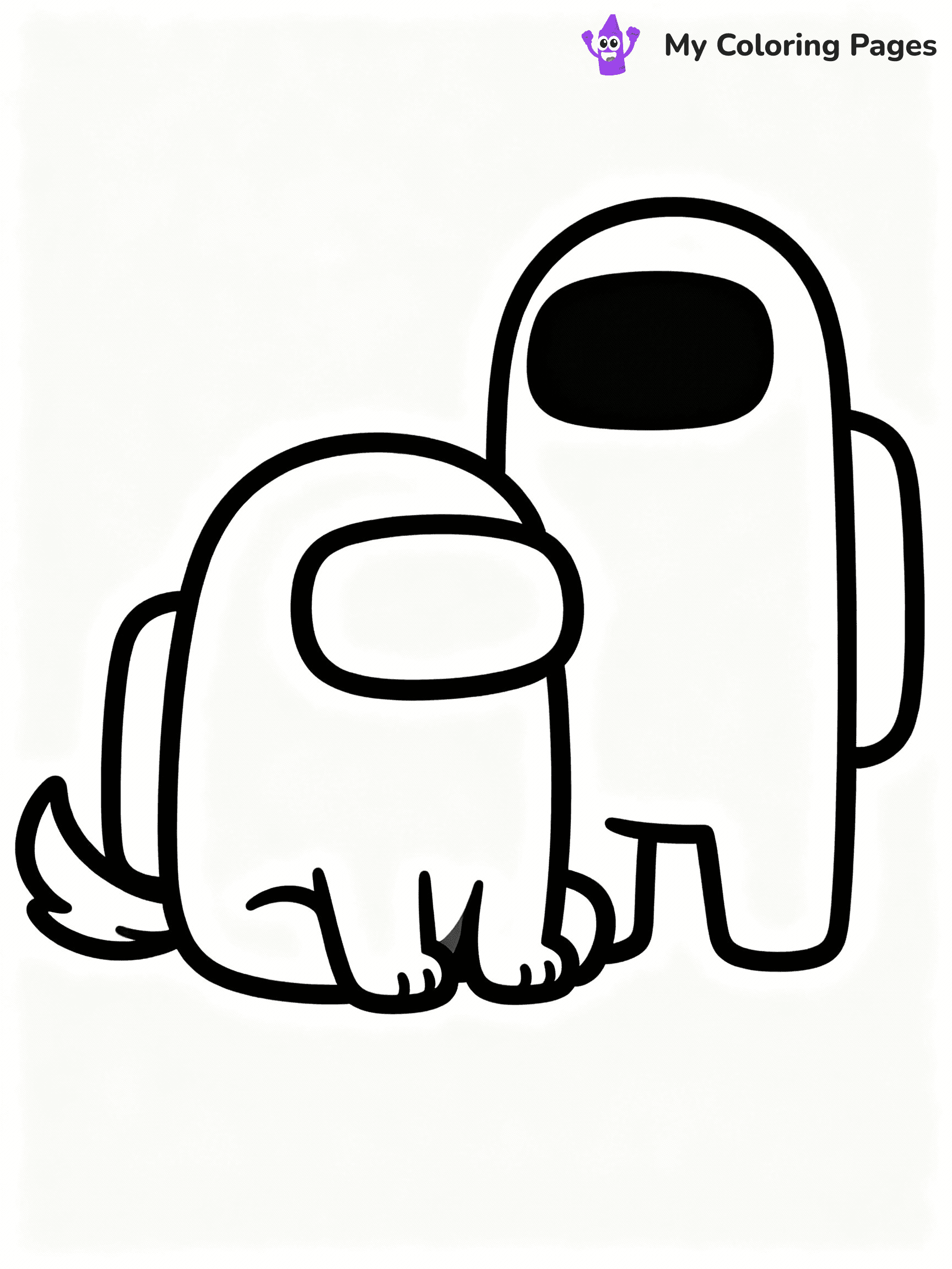 ⚠️ CRITICAL REQUIREMENT - ABSOLUTE BLACK AND WHITE ONLY ⚠️
This MUST be a BLACK AND WHITE line drawing ONLY. NO COLORS whatsoever.
- ONLY pure black lines (#000000) on pure white background (#FFFFFF)
- ABSOLUTELY NO colors, NO shading, NO gradients, NO grayscale
- If there are ANY colors in the output, the image is REJECTED
- This is a COLORING PAGE - meant to be COLORED IN by children
- The output must be UNCOLORED line art ready for coloring
⚠️ SUBJECT TO DRAW: Pet from Among Us sitting beside crewmate, tail wagging, cheerful expression. Important: PURE OUTLINES. NO FILLS, COLOR, SHADING, OR GREYSCALE. WHITE BACKGROUND.
(REMEMBER: Output must be BLACK AND WHITE line art only, NOT colored!)
# Flat, Friendly Cartoon Line-Art Coloring Page
You are generating a **pure black-and-white binary image** of a child-friendly cartoon scene combining characters and background scenery in one cohesive composition.
## Rendering Rules (Strict)
- Only two colors: pure black (#000000) outlines and pure white (#FFFFFF) background.
- No grayscale, shading, gradients, tints, fills, transparency, or partial pixels.
- No antialiasing or blended edges; every pixel is 100% black or white.
- No solid black fills inside shapes — all areas inside outlines must remain white.
- No dark clothing areas or filled tone blocks; all garments outlined only.
- No shadows, textures, lighting, or tonal variations.
- Must look like flat binary vector line-art for coloring pages.
## Drawing & Composition
- **Medium, consistent line weight**; clean closed outlines easy to color inside.
- **Flat, simple, child-friendly design** — no realism or 3D depth.
- Characters are **grounded on a surface**, centered and large.
- **Balanced composition** with clear silhouettes and minimal props.
## Scenery & Style
- Landmarks (e.g., mosque, CN Tower) and scenery (trees, benches, waves) drawn with **black outlines only.**
- For real-world figures, teams, or places, show accurate details using only black outlines—no text or logos. Use distinctive uniform patterns, abstract symbols, and landmark silhouettes to convey identity.
- Keep **consistent perspective**; no floating elements.
- **Style:** whimsical **Doodle Art Alley** — rounded, friendly outlines.
- May adapt shapes from **Crayola, Disney, Peppa Pig, Cocomelon** — *by shape only, never color.*
- Final output: **flat, crisp, binary (#000000/#FFFFFF)**, **no filled color or background text.**
EXTREMELYE IMPORTANT:
- PURE BINARY LINE-ART; NO FILLS (HAIR/CLOTHES/SKIN), SHADING, OR GREY.
- NO SHADING, COLOR. MUST BE WHITE BACKGROUND.
⚠️ FINAL REMINDER: Draw the subject "Pet from Among Us sitting beside crewmate, tail wagging, cheerful expression. Important: PURE OUTLINES. NO FILLS, COLOR, SHADING, OR GREYSCALE. WHITE BACKGROUND." as BLACK AND WHITE line art. Zero colors in output.