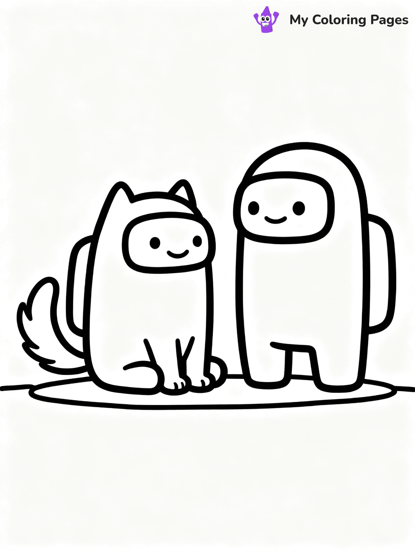 ⚠️ CRITICAL REQUIREMENT - ABSOLUTE BLACK AND WHITE ONLY ⚠️
This MUST be a BLACK AND WHITE line drawing ONLY. NO COLORS whatsoever.
- ONLY pure black lines (#000000) on pure white background (#FFFFFF)
- ABSOLUTELY NO colors, NO shading, NO gradients, NO grayscale
- If there are ANY colors in the output, the image is REJECTED
- This is a COLORING PAGE - meant to be COLORED IN by children
- The output must be UNCOLORED line art ready for coloring
⚠️ SUBJECT TO DRAW: Pet from Among Us sitting beside crewmate, tail wagging, cheerful expression. Important: PURE OUTLINES. NO FILLS, COLOR, SHADING, OR GREYSCALE. WHITE BACKGROUND.
(REMEMBER: Output must be BLACK AND WHITE line art only, NOT colored!)
# Flat, Friendly Cartoon Line-Art Coloring Page
You are generating a **pure black-and-white binary image** of a child-friendly cartoon scene combining characters and background scenery in one cohesive composition.
## Rendering Rules (Strict)
- Only two colors: pure black (#000000) outlines and pure white (#FFFFFF) background.
- No grayscale, shading, gradients, tints, fills, transparency, or partial pixels.
- No antialiasing or blended edges; every pixel is 100% black or white.
- No solid black fills inside shapes — all areas inside outlines must remain white.
- No dark clothing areas or filled tone blocks; all garments outlined only.
- No shadows, textures, lighting, or tonal variations.
- Must look like flat binary vector line-art for coloring pages.
## Drawing & Composition
- **Medium, consistent line weight**; clean closed outlines easy to color inside.
- **Flat, simple, child-friendly design** — no realism or 3D depth.
- Characters are **grounded on a surface**, centered and large.
- **Balanced composition** with clear silhouettes and minimal props.
## Scenery & Style
- Landmarks (e.g., mosque, CN Tower) and scenery (trees, benches, waves) drawn with **black outlines only.**
- For real-world figures, teams, or places, show accurate details using only black outlines—no text or logos. Use distinctive uniform patterns, abstract symbols, and landmark silhouettes to convey identity.
- Keep **consistent perspective**; no floating elements.
- **Style:** whimsical **Doodle Art Alley** — rounded, friendly outlines.
- May adapt shapes from **Crayola, Disney, Peppa Pig, Cocomelon** — *by shape only, never color.*
- Final output: **flat, crisp, binary (#000000/#FFFFFF)**, **no filled color or background text.**
EXTREMELYE IMPORTANT:
- PURE BINARY LINE-ART; NO FILLS (HAIR/CLOTHES/SKIN), SHADING, OR GREY.
- NO SHADING, COLOR. MUST BE WHITE BACKGROUND.
⚠️ FINAL REMINDER: Draw the subject "Pet from Among Us sitting beside crewmate, tail wagging, cheerful expression. Important: PURE OUTLINES. NO FILLS, COLOR, SHADING, OR GREYSCALE. WHITE BACKGROUND." as BLACK AND WHITE line art. Zero colors in output.