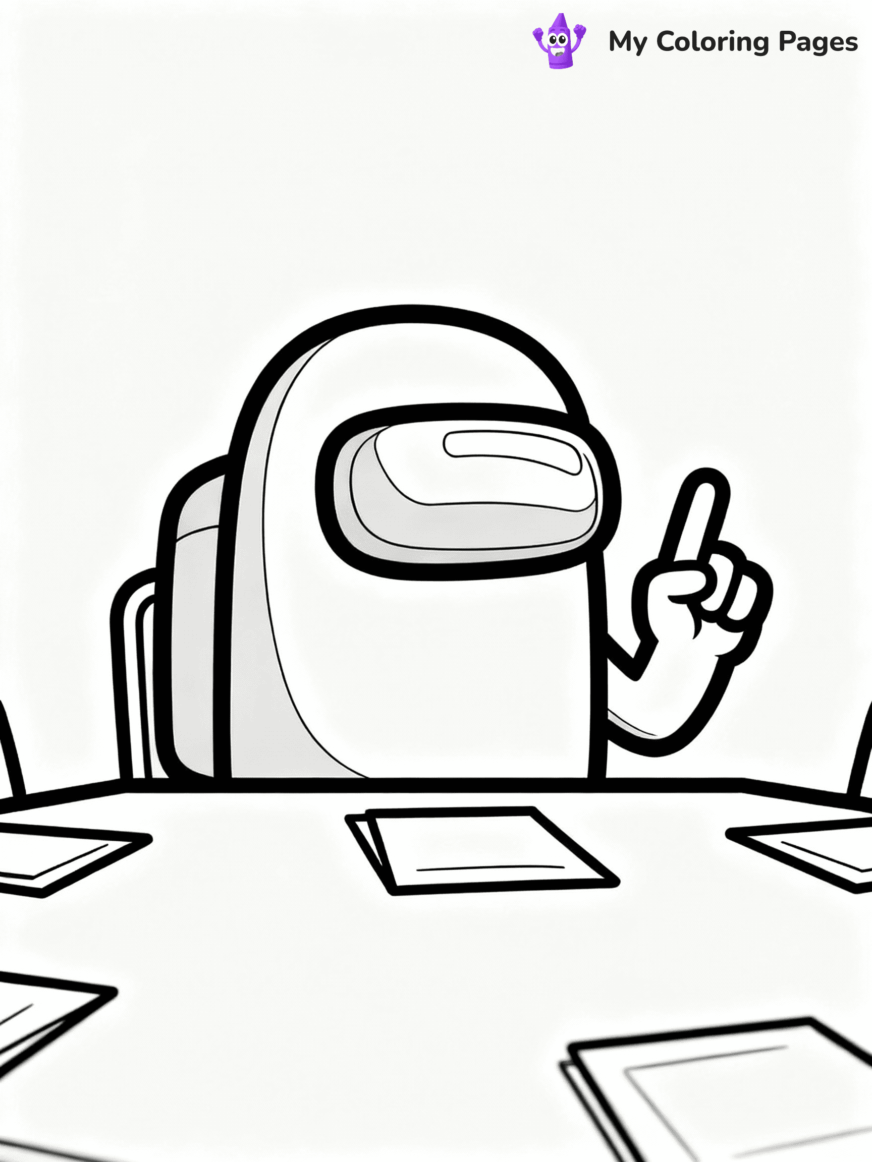 ⚠️ CRITICAL REQUIREMENT - ABSOLUTE BLACK AND WHITE ONLY ⚠️
This MUST be a BLACK AND WHITE line drawing ONLY. NO COLORS whatsoever.
- ONLY pure black lines (#000000) on pure white background (#FFFFFF)
- ABSOLUTELY NO colors, NO shading, NO gradients, NO grayscale
- If there are ANY colors in the output, the image is REJECTED
- This is a COLORING PAGE - meant to be COLORED IN by children
- The output must be UNCOLORED line art ready for coloring
⚠️ SUBJECT TO DRAW: Crewmate from Among Us at emergency meeting table, finger raised, discussing. Important: PURE OUTLINES. NO FILLS, COLOR, SHADING, OR GREYSCALE. WHITE BACKGROUND.
(REMEMBER: Output must be BLACK AND WHITE line art only, NOT colored!)
# Flat, Friendly Cartoon Line-Art Coloring Page
You are generating a **pure black-and-white binary image** of a child-friendly cartoon scene combining characters and background scenery in one cohesive composition.
## Rendering Rules (Strict)
- Only two colors: pure black (#000000) outlines and pure white (#FFFFFF) background.
- No grayscale, shading, gradients, tints, fills, transparency, or partial pixels.
- No antialiasing or blended edges; every pixel is 100% black or white.
- No solid black fills inside shapes — all areas inside outlines must remain white.
- No dark clothing areas or filled tone blocks; all garments outlined only.
- No shadows, textures, lighting, or tonal variations.
- Must look like flat binary vector line-art for coloring pages.
## Drawing & Composition
- **Medium, consistent line weight**; clean closed outlines easy to color inside.
- **Flat, simple, child-friendly design** — no realism or 3D depth.
- Characters are **grounded on a surface**, centered and large.
- **Balanced composition** with clear silhouettes and minimal props.
## Scenery & Style
- Landmarks (e.g., mosque, CN Tower) and scenery (trees, benches, waves) drawn with **black outlines only.**
- For real-world figures, teams, or places, show accurate details using only black outlines—no text or logos. Use distinctive uniform patterns, abstract symbols, and landmark silhouettes to convey identity.
- Keep **consistent perspective**; no floating elements.
- **Style:** whimsical **Doodle Art Alley** — rounded, friendly outlines.
- May adapt shapes from **Crayola, Disney, Peppa Pig, Cocomelon** — *by shape only, never color.*
- Final output: **flat, crisp, binary (#000000/#FFFFFF)**, **no filled color or background text.**
EXTREMELYE IMPORTANT:
- PURE BINARY LINE-ART; NO FILLS (HAIR/CLOTHES/SKIN), SHADING, OR GREY.
- NO SHADING, COLOR. MUST BE WHITE BACKGROUND.
⚠️ FINAL REMINDER: Draw the subject "Crewmate from Among Us at emergency meeting table, finger raised, discussing. Important: PURE OUTLINES. NO FILLS, COLOR, SHADING, OR GREYSCALE. WHITE BACKGROUND." as BLACK AND WHITE line art. Zero colors in output.