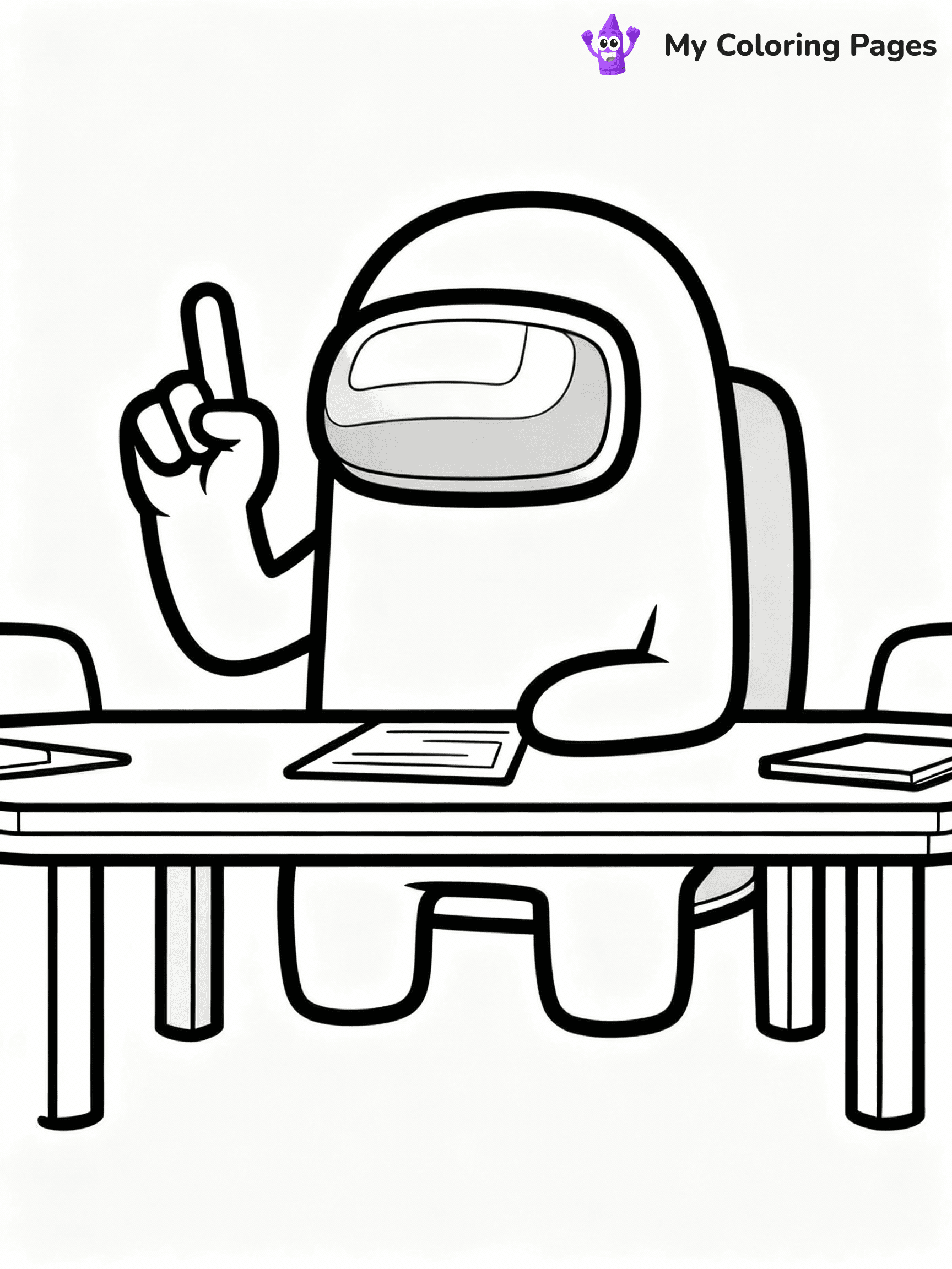 ⚠️ CRITICAL REQUIREMENT - ABSOLUTE BLACK AND WHITE ONLY ⚠️
This MUST be a BLACK AND WHITE line drawing ONLY. NO COLORS whatsoever.
- ONLY pure black lines (#000000) on pure white background (#FFFFFF)
- ABSOLUTELY NO colors, NO shading, NO gradients, NO grayscale
- If there are ANY colors in the output, the image is REJECTED
- This is a COLORING PAGE - meant to be COLORED IN by children
- The output must be UNCOLORED line art ready for coloring
⚠️ SUBJECT TO DRAW: Crewmate from Among Us at emergency meeting table, finger raised, discussing. Important: PURE OUTLINES. NO FILLS, COLOR, SHADING, OR GREYSCALE. WHITE BACKGROUND.
(REMEMBER: Output must be BLACK AND WHITE line art only, NOT colored!)
# Flat, Friendly Cartoon Line-Art Coloring Page
You are generating a **pure black-and-white binary image** of a child-friendly cartoon scene combining characters and background scenery in one cohesive composition.
## Rendering Rules (Strict)
- Only two colors: pure black (#000000) outlines and pure white (#FFFFFF) background.
- No grayscale, shading, gradients, tints, fills, transparency, or partial pixels.
- No antialiasing or blended edges; every pixel is 100% black or white.
- No solid black fills inside shapes — all areas inside outlines must remain white.
- No dark clothing areas or filled tone blocks; all garments outlined only.
- No shadows, textures, lighting, or tonal variations.
- Must look like flat binary vector line-art for coloring pages.
## Drawing & Composition
- **Medium, consistent line weight**; clean closed outlines easy to color inside.
- **Flat, simple, child-friendly design** — no realism or 3D depth.
- Characters are **grounded on a surface**, centered and large.
- **Balanced composition** with clear silhouettes and minimal props.
## Scenery & Style
- Landmarks (e.g., mosque, CN Tower) and scenery (trees, benches, waves) drawn with **black outlines only.**
- For real-world figures, teams, or places, show accurate details using only black outlines—no text or logos. Use distinctive uniform patterns, abstract symbols, and landmark silhouettes to convey identity.
- Keep **consistent perspective**; no floating elements.
- **Style:** whimsical **Doodle Art Alley** — rounded, friendly outlines.
- May adapt shapes from **Crayola, Disney, Peppa Pig, Cocomelon** — *by shape only, never color.*
- Final output: **flat, crisp, binary (#000000/#FFFFFF)**, **no filled color or background text.**
EXTREMELYE IMPORTANT:
- PURE BINARY LINE-ART; NO FILLS (HAIR/CLOTHES/SKIN), SHADING, OR GREY.
- NO SHADING, COLOR. MUST BE WHITE BACKGROUND.
⚠️ FINAL REMINDER: Draw the subject "Crewmate from Among Us at emergency meeting table, finger raised, discussing. Important: PURE OUTLINES. NO FILLS, COLOR, SHADING, OR GREYSCALE. WHITE BACKGROUND." as BLACK AND WHITE line art. Zero colors in output.