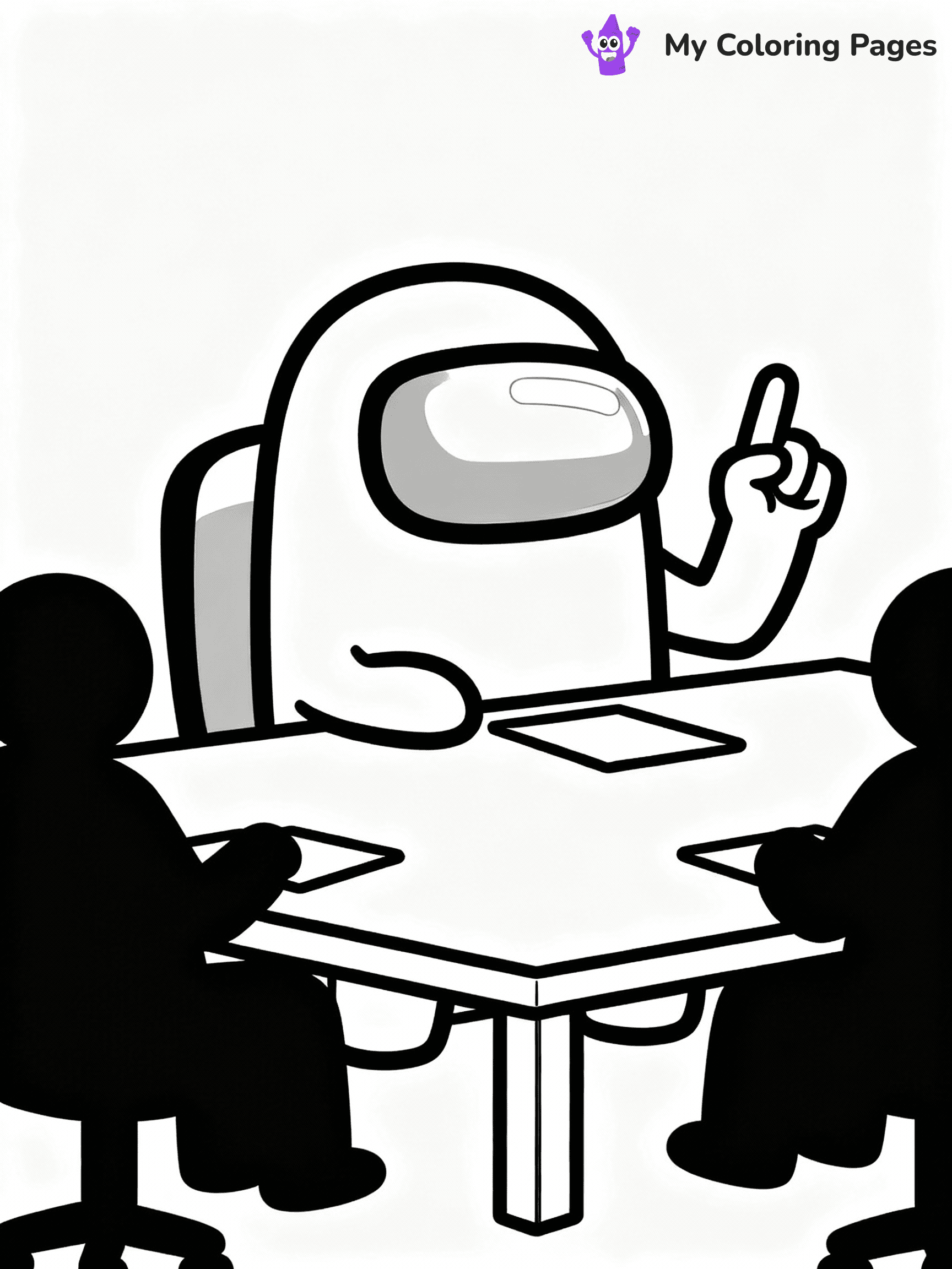 ⚠️ CRITICAL REQUIREMENT - ABSOLUTE BLACK AND WHITE ONLY ⚠️
This MUST be a BLACK AND WHITE line drawing ONLY. NO COLORS whatsoever.
- ONLY pure black lines (#000000) on pure white background (#FFFFFF)
- ABSOLUTELY NO colors, NO shading, NO gradients, NO grayscale
- If there are ANY colors in the output, the image is REJECTED
- This is a COLORING PAGE - meant to be COLORED IN by children
- The output must be UNCOLORED line art ready for coloring
⚠️ SUBJECT TO DRAW: Crewmate from Among Us at emergency meeting table, finger raised, discussing. Important: PURE OUTLINES. NO FILLS, COLOR, SHADING, OR GREYSCALE. WHITE BACKGROUND.
(REMEMBER: Output must be BLACK AND WHITE line art only, NOT colored!)
# Flat, Friendly Cartoon Line-Art Coloring Page
You are generating a **pure black-and-white binary image** of a child-friendly cartoon scene combining characters and background scenery in one cohesive composition.
## Rendering Rules (Strict)
- Only two colors: pure black (#000000) outlines and pure white (#FFFFFF) background.
- No grayscale, shading, gradients, tints, fills, transparency, or partial pixels.
- No antialiasing or blended edges; every pixel is 100% black or white.
- No solid black fills inside shapes — all areas inside outlines must remain white.
- No dark clothing areas or filled tone blocks; all garments outlined only.
- No shadows, textures, lighting, or tonal variations.
- Must look like flat binary vector line-art for coloring pages.
## Drawing & Composition
- **Medium, consistent line weight**; clean closed outlines easy to color inside.
- **Flat, simple, child-friendly design** — no realism or 3D depth.
- Characters are **grounded on a surface**, centered and large.
- **Balanced composition** with clear silhouettes and minimal props.
## Scenery & Style
- Landmarks (e.g., mosque, CN Tower) and scenery (trees, benches, waves) drawn with **black outlines only.**
- For real-world figures, teams, or places, show accurate details using only black outlines—no text or logos. Use distinctive uniform patterns, abstract symbols, and landmark silhouettes to convey identity.
- Keep **consistent perspective**; no floating elements.
- **Style:** whimsical **Doodle Art Alley** — rounded, friendly outlines.
- May adapt shapes from **Crayola, Disney, Peppa Pig, Cocomelon** — *by shape only, never color.*
- Final output: **flat, crisp, binary (#000000/#FFFFFF)**, **no filled color or background text.**
EXTREMELYE IMPORTANT:
- PURE BINARY LINE-ART; NO FILLS (HAIR/CLOTHES/SKIN), SHADING, OR GREY.
- NO SHADING, COLOR. MUST BE WHITE BACKGROUND.
⚠️ FINAL REMINDER: Draw the subject "Crewmate from Among Us at emergency meeting table, finger raised, discussing. Important: PURE OUTLINES. NO FILLS, COLOR, SHADING, OR GREYSCALE. WHITE BACKGROUND." as BLACK AND WHITE line art. Zero colors in output.