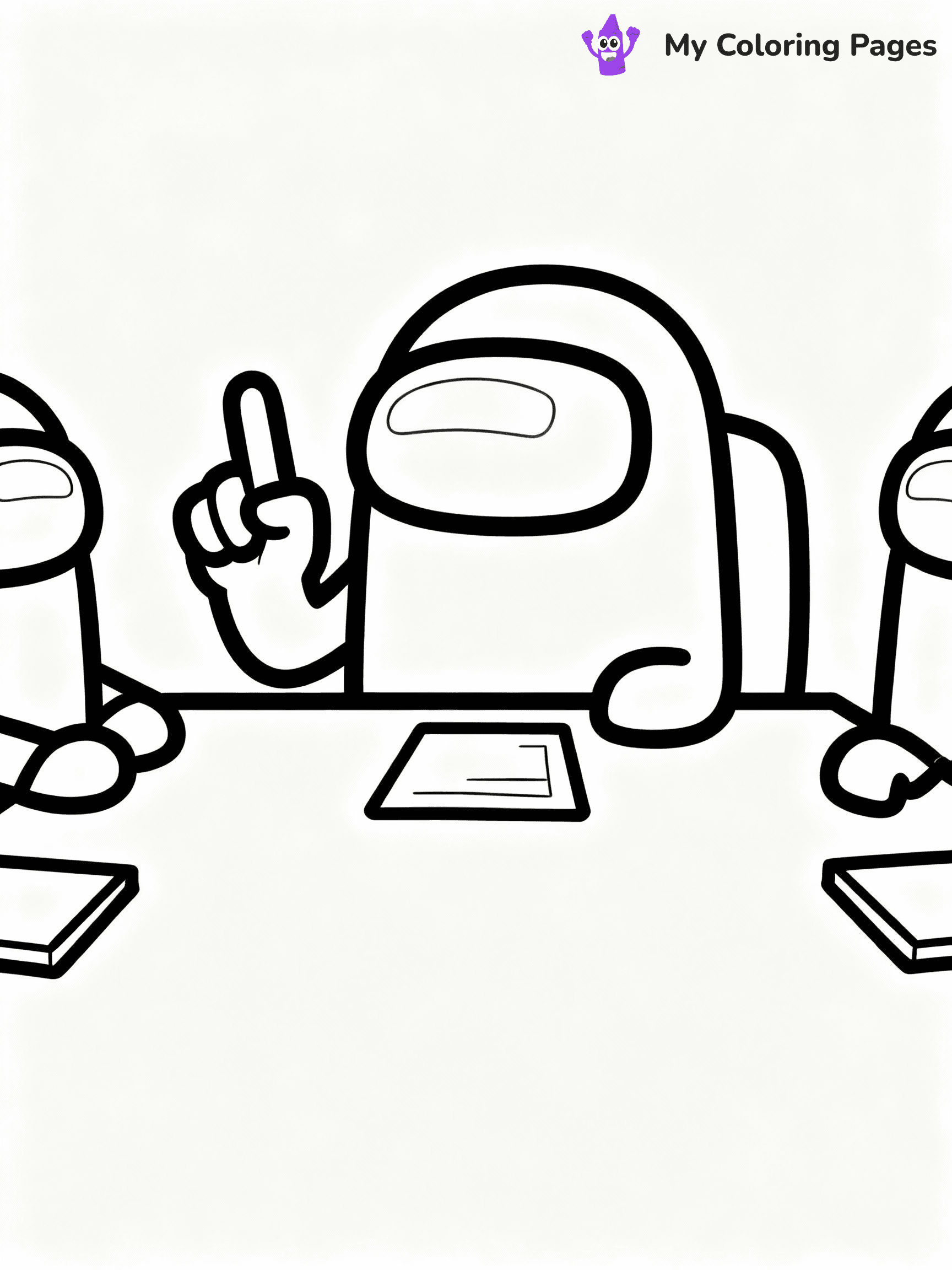 ⚠️ CRITICAL REQUIREMENT - ABSOLUTE BLACK AND WHITE ONLY ⚠️
This MUST be a BLACK AND WHITE line drawing ONLY. NO COLORS whatsoever.
- ONLY pure black lines (#000000) on pure white background (#FFFFFF)
- ABSOLUTELY NO colors, NO shading, NO gradients, NO grayscale
- If there are ANY colors in the output, the image is REJECTED
- This is a COLORING PAGE - meant to be COLORED IN by children
- The output must be UNCOLORED line art ready for coloring
⚠️ SUBJECT TO DRAW: Crewmate from Among Us at emergency meeting table, finger raised, discussing. Important: PURE OUTLINES. NO FILLS, COLOR, SHADING, OR GREYSCALE. WHITE BACKGROUND.
(REMEMBER: Output must be BLACK AND WHITE line art only, NOT colored!)
# Flat, Friendly Cartoon Line-Art Coloring Page
You are generating a **pure black-and-white binary image** of a child-friendly cartoon scene combining characters and background scenery in one cohesive composition.
## Rendering Rules (Strict)
- Only two colors: pure black (#000000) outlines and pure white (#FFFFFF) background.
- No grayscale, shading, gradients, tints, fills, transparency, or partial pixels.
- No antialiasing or blended edges; every pixel is 100% black or white.
- No solid black fills inside shapes — all areas inside outlines must remain white.
- No dark clothing areas or filled tone blocks; all garments outlined only.
- No shadows, textures, lighting, or tonal variations.
- Must look like flat binary vector line-art for coloring pages.
## Drawing & Composition
- **Medium, consistent line weight**; clean closed outlines easy to color inside.
- **Flat, simple, child-friendly design** — no realism or 3D depth.
- Characters are **grounded on a surface**, centered and large.
- **Balanced composition** with clear silhouettes and minimal props.
## Scenery & Style
- Landmarks (e.g., mosque, CN Tower) and scenery (trees, benches, waves) drawn with **black outlines only.**
- For real-world figures, teams, or places, show accurate details using only black outlines—no text or logos. Use distinctive uniform patterns, abstract symbols, and landmark silhouettes to convey identity.
- Keep **consistent perspective**; no floating elements.
- **Style:** whimsical **Doodle Art Alley** — rounded, friendly outlines.
- May adapt shapes from **Crayola, Disney, Peppa Pig, Cocomelon** — *by shape only, never color.*
- Final output: **flat, crisp, binary (#000000/#FFFFFF)**, **no filled color or background text.**
EXTREMELYE IMPORTANT:
- PURE BINARY LINE-ART; NO FILLS (HAIR/CLOTHES/SKIN), SHADING, OR GREY.
- NO SHADING, COLOR. MUST BE WHITE BACKGROUND.
⚠️ FINAL REMINDER: Draw the subject "Crewmate from Among Us at emergency meeting table, finger raised, discussing. Important: PURE OUTLINES. NO FILLS, COLOR, SHADING, OR GREYSCALE. WHITE BACKGROUND." as BLACK AND WHITE line art. Zero colors in output.