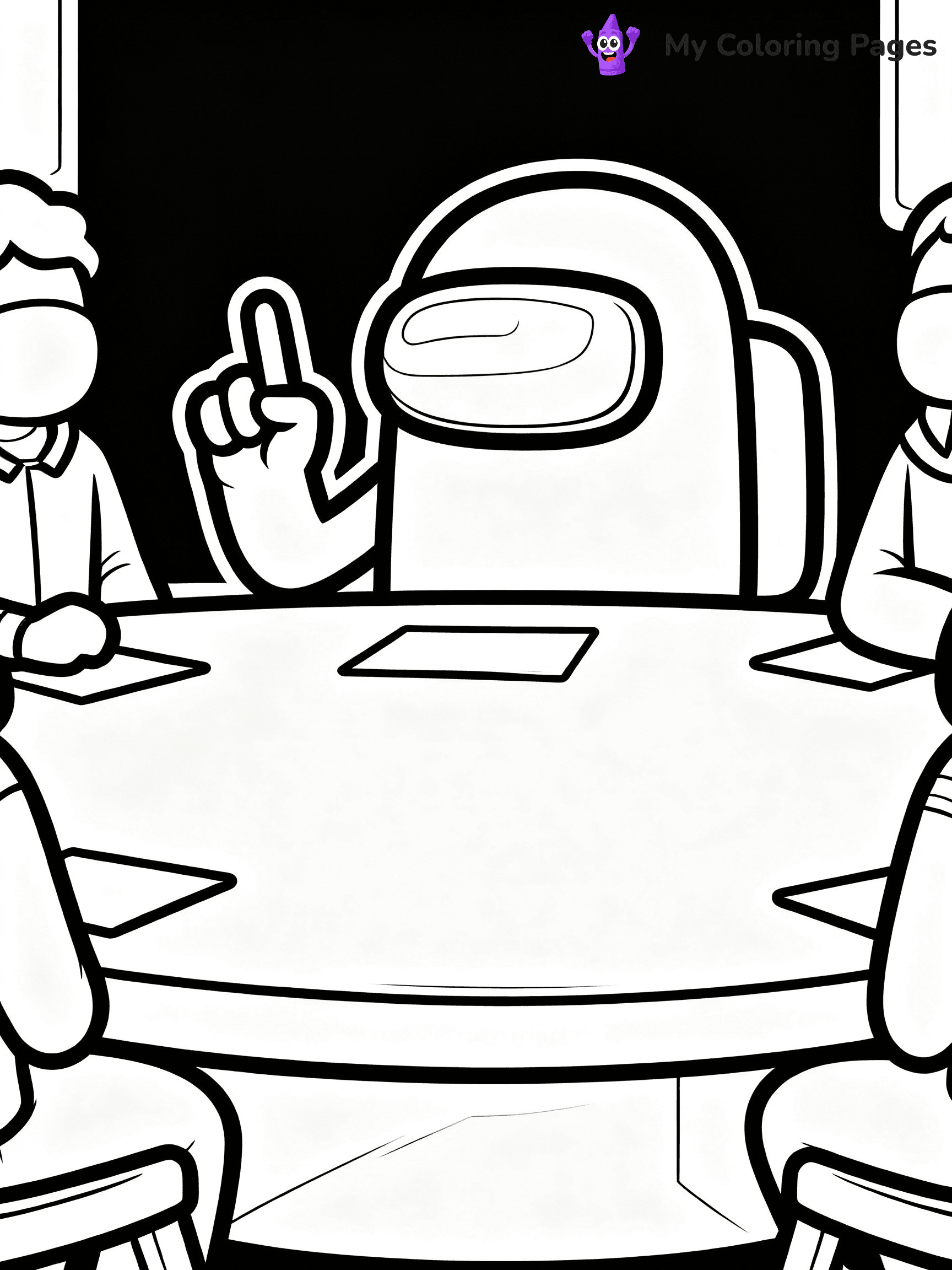 ⚠️ CRITICAL REQUIREMENT - ABSOLUTE BLACK AND WHITE ONLY ⚠️
This MUST be a BLACK AND WHITE line drawing ONLY. NO COLORS whatsoever.
- ONLY pure black lines (#000000) on pure white background (#FFFFFF)
- ABSOLUTELY NO colors, NO shading, NO gradients, NO grayscale
- If there are ANY colors in the output, the image is REJECTED
- This is a COLORING PAGE - meant to be COLORED IN by children
- The output must be UNCOLORED line art ready for coloring
⚠️ SUBJECT TO DRAW: Crewmate from Among Us at emergency meeting table, finger raised, discussing. Important: PURE OUTLINES. NO FILLS, COLOR, SHADING, OR GREYSCALE. WHITE BACKGROUND.
(REMEMBER: Output must be BLACK AND WHITE line art only, NOT colored!)
# Flat, Friendly Cartoon Line-Art Coloring Page
You are generating a **pure black-and-white binary image** of a child-friendly cartoon scene combining characters and background scenery in one cohesive composition.
## Rendering Rules (Strict)
- Only two colors: pure black (#000000) outlines and pure white (#FFFFFF) background.
- No grayscale, shading, gradients, tints, fills, transparency, or partial pixels.
- No antialiasing or blended edges; every pixel is 100% black or white.
- No solid black fills inside shapes — all areas inside outlines must remain white.
- No dark clothing areas or filled tone blocks; all garments outlined only.
- No shadows, textures, lighting, or tonal variations.
- Must look like flat binary vector line-art for coloring pages.
## Drawing & Composition
- **Medium, consistent line weight**; clean closed outlines easy to color inside.
- **Flat, simple, child-friendly design** — no realism or 3D depth.
- Characters are **grounded on a surface**, centered and large.
- **Balanced composition** with clear silhouettes and minimal props.
## Scenery & Style
- Landmarks (e.g., mosque, CN Tower) and scenery (trees, benches, waves) drawn with **black outlines only.**
- For real-world figures, teams, or places, show accurate details using only black outlines—no text or logos. Use distinctive uniform patterns, abstract symbols, and landmark silhouettes to convey identity.
- Keep **consistent perspective**; no floating elements.
- **Style:** whimsical **Doodle Art Alley** — rounded, friendly outlines.
- May adapt shapes from **Crayola, Disney, Peppa Pig, Cocomelon** — *by shape only, never color.*
- Final output: **flat, crisp, binary (#000000/#FFFFFF)**, **no filled color or background text.**
EXTREMELYE IMPORTANT:
- PURE BINARY LINE-ART; NO FILLS (HAIR/CLOTHES/SKIN), SHADING, OR GREY.
- NO SHADING, COLOR. MUST BE WHITE BACKGROUND.
⚠️ FINAL REMINDER: Draw the subject "Crewmate from Among Us at emergency meeting table, finger raised, discussing. Important: PURE OUTLINES. NO FILLS, COLOR, SHADING, OR GREYSCALE. WHITE BACKGROUND." as BLACK AND WHITE line art. Zero colors in output.