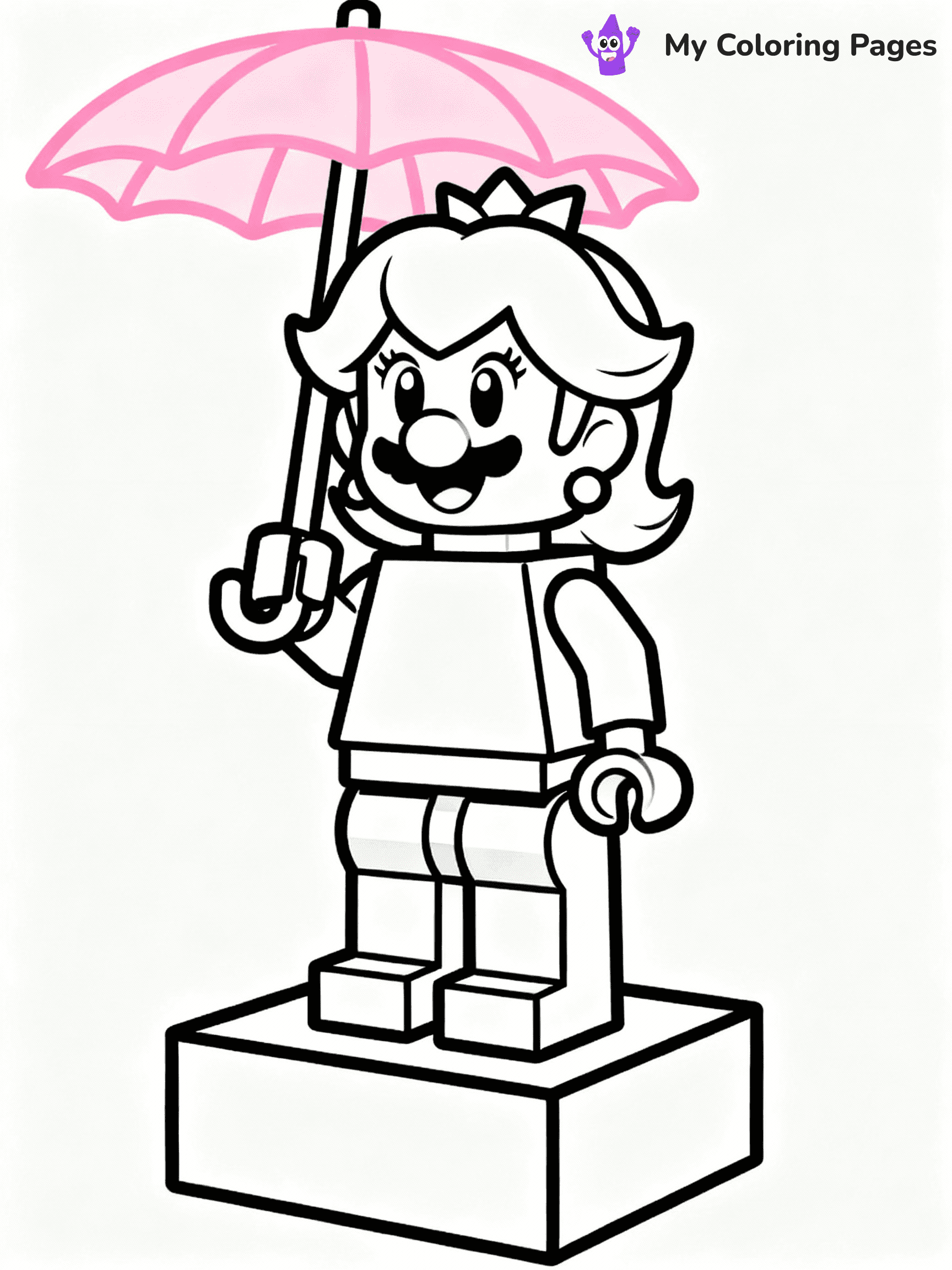 ⚠️ CRITICAL REQUIREMENT - ABSOLUTE BLACK AND WHITE ONLY ⚠️
This MUST be a BLACK AND WHITE line drawing ONLY. NO COLORS whatsoever.
- ONLY pure black lines (#000000) on pure white background (#FFFFFF)
- ABSOLUTELY NO colors, NO shading, NO gradients, NO grayscale
- If there are ANY colors in the output, the image is REJECTED
- This is a COLORING PAGE - meant to be COLORED IN by children
- The output must be UNCOLORED line art ready for coloring
⚠️ SUBJECT TO DRAW: LEGO Peach from Super Mario in LEGO style, holding a pink parasol, standing on a block platform
(REMEMBER: Output must be BLACK AND WHITE line art only, NOT colored!)
# COLORING PAGE: BLACK OUTLINES ONLY - WHITE BACKGROUND MANDATORY
Create a **coloring book page** using EXACTLY two values: black lines, white space.
## NON-NEGOTIABLE BINARY RULES
- **ONLY #000000 (black) and #FFFFFF (white)** - NO other values exist
- **EVERY PIXEL = BLACK OR WHITE** - no gray/shading/antialiasing
- **WHITE BACKGROUND MANDATORY** - entire canvas stays white
- **ALL SHAPES HOLLOW** - everything is empty outlines waiting to be colored
- **FORBIDDEN:** fills, shading, gradients, patterns, textures, colors
- **NO SOLID REGIONS** - if it's not a thin line, it's wrong
## Universal Line Standards
- Black outlines ONLY - thin, uniform weight
- Every shape completely empty inside
- Closed contours suitable for coloring
- Simple flat illustration - zero depth/3D/realism
- **Style:** Whimsical Doodle Art Alley - rounded, friendly outlines (unless specified)
## Everything = Outline Only
- Characters/animals: hollow shapes
- Objects/clothing: empty contours
- Backgrounds/scenery: line work only
- Natural elements: outlined forms
- Dark/night areas: don't exist (use outlined symbols)
- Textures/patterns: convert to simple lines
## The Test
Can a child color EVERY white space with crayons? If any area is pre-filled/shaded/gray or colored in, it FAILS. Every shape must be waiting to receive color.
**FINAL OUTPUT**: Binary coloring page. Black lines define shapes. White spaces ready for coloring. Nothing else exists. No exceptions. Print-ready.
⚠️ FINAL REMINDER: Draw the subject "LEGO Peach from Super Mario in LEGO style, holding a pink parasol, standing on a block platform" as BLACK AND WHITE line art. Zero colors in output.