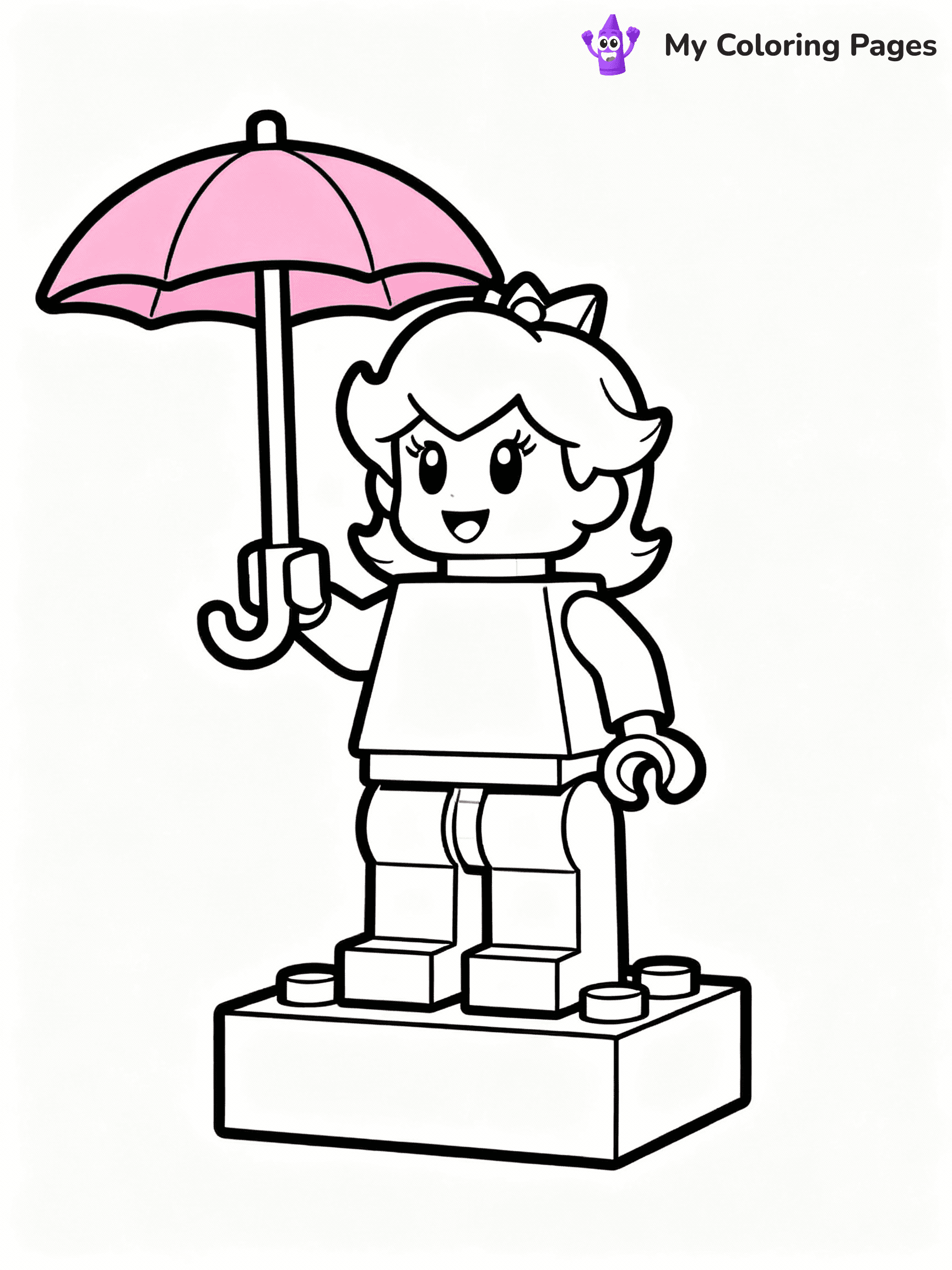 ⚠️ CRITICAL REQUIREMENT - ABSOLUTE BLACK AND WHITE ONLY ⚠️
This MUST be a BLACK AND WHITE line drawing ONLY. NO COLORS whatsoever.
- ONLY pure black lines (#000000) on pure white background (#FFFFFF)
- ABSOLUTELY NO colors, NO shading, NO gradients, NO grayscale
- If there are ANY colors in the output, the image is REJECTED
- This is a COLORING PAGE - meant to be COLORED IN by children
- The output must be UNCOLORED line art ready for coloring
⚠️ SUBJECT TO DRAW: LEGO Peach from Super Mario in LEGO style, holding a pink parasol, standing on a block platform
(REMEMBER: Output must be BLACK AND WHITE line art only, NOT colored!)
# COLORING PAGE: BLACK OUTLINES ONLY - WHITE BACKGROUND MANDATORY
Create a **coloring book page** using EXACTLY two values: black lines, white space.
## NON-NEGOTIABLE BINARY RULES
- **ONLY #000000 (black) and #FFFFFF (white)** - NO other values exist
- **EVERY PIXEL = BLACK OR WHITE** - no gray/shading/antialiasing
- **WHITE BACKGROUND MANDATORY** - entire canvas stays white
- **ALL SHAPES HOLLOW** - everything is empty outlines waiting to be colored
- **FORBIDDEN:** fills, shading, gradients, patterns, textures, colors
- **NO SOLID REGIONS** - if it's not a thin line, it's wrong
## Universal Line Standards
- Black outlines ONLY - thin, uniform weight
- Every shape completely empty inside
- Closed contours suitable for coloring
- Simple flat illustration - zero depth/3D/realism
- **Style:** Whimsical Doodle Art Alley - rounded, friendly outlines (unless specified)
## Everything = Outline Only
- Characters/animals: hollow shapes
- Objects/clothing: empty contours
- Backgrounds/scenery: line work only
- Natural elements: outlined forms
- Dark/night areas: don't exist (use outlined symbols)
- Textures/patterns: convert to simple lines
## The Test
Can a child color EVERY white space with crayons? If any area is pre-filled/shaded/gray or colored in, it FAILS. Every shape must be waiting to receive color.
**FINAL OUTPUT**: Binary coloring page. Black lines define shapes. White spaces ready for coloring. Nothing else exists. No exceptions. Print-ready.
⚠️ FINAL REMINDER: Draw the subject "LEGO Peach from Super Mario in LEGO style, holding a pink parasol, standing on a block platform" as BLACK AND WHITE line art. Zero colors in output.