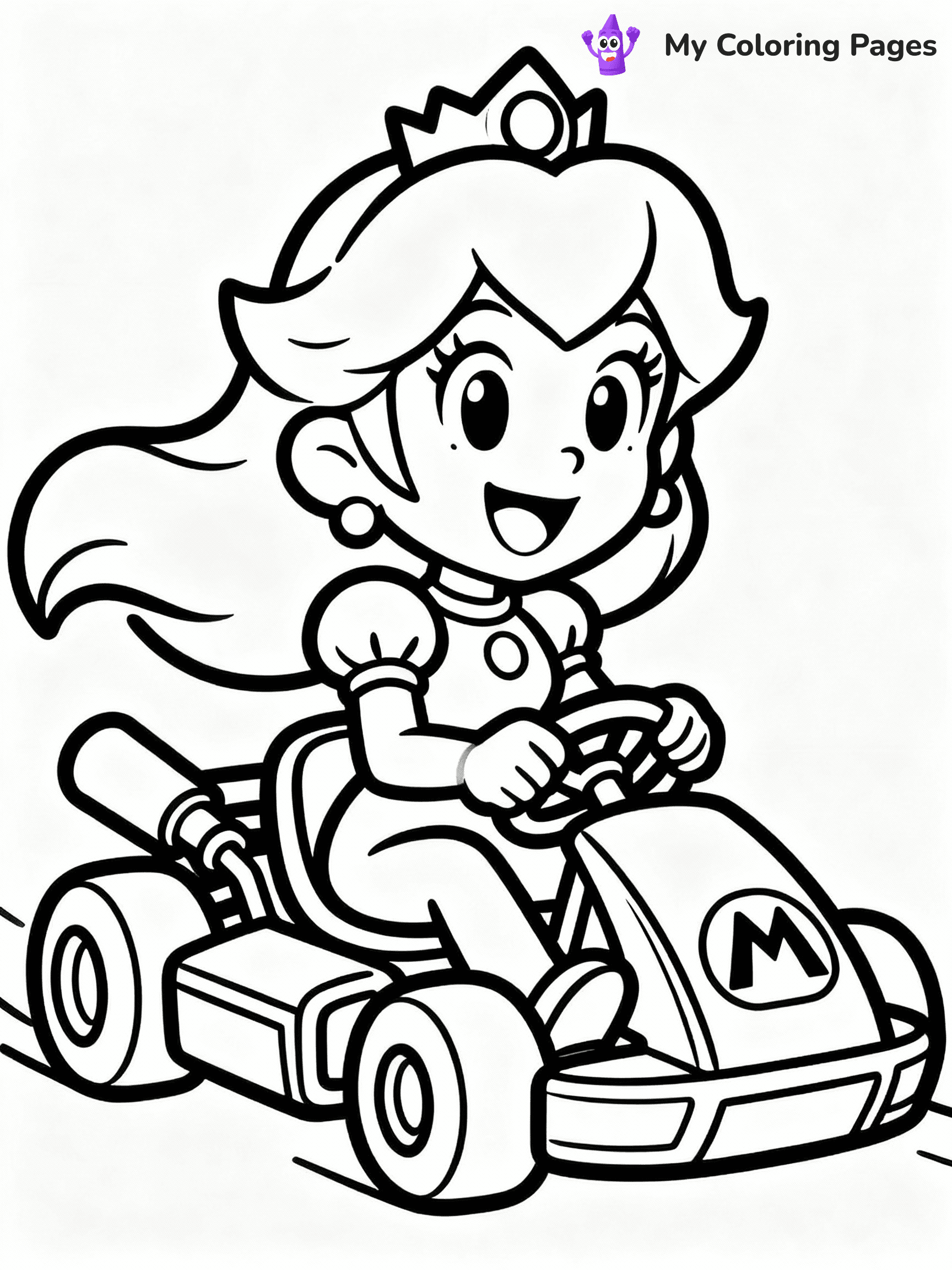 ⚠️ CRITICAL REQUIREMENT - ABSOLUTE BLACK AND WHITE ONLY ⚠️
This MUST be a BLACK AND WHITE line drawing ONLY. NO COLORS whatsoever.
- ONLY pure black lines (#000000) on pure white background (#FFFFFF)
- ABSOLUTELY NO colors, NO shading, NO gradients, NO grayscale
- If there are ANY colors in the output, the image is REJECTED
- This is a COLORING PAGE - meant to be COLORED IN by children
- The output must be UNCOLORED line art ready for coloring
⚠️ SUBJECT TO DRAW: Princess Peach in video game style, racing in her kart, hair flowing, with a cheerful expression
(REMEMBER: Output must be BLACK AND WHITE line art only, NOT colored!)
# COLORING PAGE: BLACK OUTLINES ONLY - WHITE BACKGROUND MANDATORY
Create a **coloring book page** using EXACTLY two values: black lines, white space.
## NON-NEGOTIABLE BINARY RULES
- **ONLY #000000 (black) and #FFFFFF (white)** - NO other values exist
- **EVERY PIXEL = BLACK OR WHITE** - no gray/shading/antialiasing
- **WHITE BACKGROUND MANDATORY** - entire canvas stays white
- **ALL SHAPES HOLLOW** - everything is empty outlines waiting to be colored
- **FORBIDDEN:** fills, shading, gradients, patterns, textures, colors
- **NO SOLID REGIONS** - if it's not a thin line, it's wrong
## Universal Line Standards
- Black outlines ONLY - thin, uniform weight
- Every shape completely empty inside
- Closed contours suitable for coloring
- Simple flat illustration - zero depth/3D/realism
- **Style:** Whimsical Doodle Art Alley - rounded, friendly outlines (unless specified)
## Everything = Outline Only
- Characters/animals: hollow shapes
- Objects/clothing: empty contours
- Backgrounds/scenery: line work only
- Natural elements: outlined forms
- Dark/night areas: don't exist (use outlined symbols)
- Textures/patterns: convert to simple lines
## The Test
Can a child color EVERY white space with crayons? If any area is pre-filled/shaded/gray or colored in, it FAILS. Every shape must be waiting to receive color.
**FINAL OUTPUT**: Binary coloring page. Black lines define shapes. White spaces ready for coloring. Nothing else exists. No exceptions. Print-ready.
⚠️ FINAL REMINDER: Draw the subject "Princess Peach in video game style, racing in her kart, hair flowing, with a cheerful expression" as BLACK AND WHITE line art. Zero colors in output.