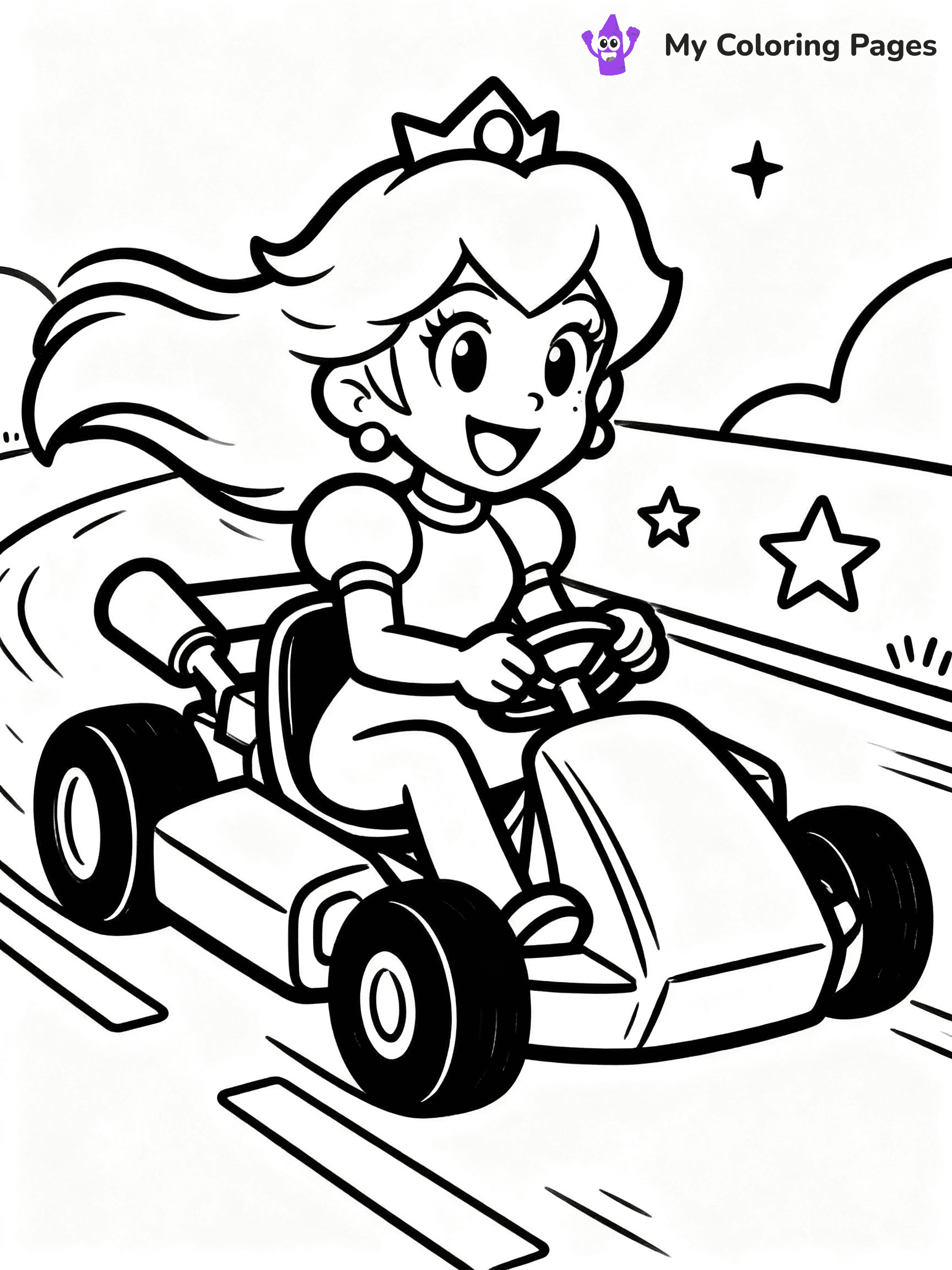 ⚠️ CRITICAL REQUIREMENT - ABSOLUTE BLACK AND WHITE ONLY ⚠️
This MUST be a BLACK AND WHITE line drawing ONLY. NO COLORS whatsoever.
- ONLY pure black lines (#000000) on pure white background (#FFFFFF)
- ABSOLUTELY NO colors, NO shading, NO gradients, NO grayscale
- If there are ANY colors in the output, the image is REJECTED
- This is a COLORING PAGE - meant to be COLORED IN by children
- The output must be UNCOLORED line art ready for coloring
⚠️ SUBJECT TO DRAW: Princess Peach in video game style, racing in her kart, hair flowing, with a cheerful expression
(REMEMBER: Output must be BLACK AND WHITE line art only, NOT colored!)
# COLORING PAGE: BLACK OUTLINES ONLY - WHITE BACKGROUND MANDATORY
Create a **coloring book page** using EXACTLY two values: black lines, white space.
## NON-NEGOTIABLE BINARY RULES
- **ONLY #000000 (black) and #FFFFFF (white)** - NO other values exist
- **EVERY PIXEL = BLACK OR WHITE** - no gray/shading/antialiasing
- **WHITE BACKGROUND MANDATORY** - entire canvas stays white
- **ALL SHAPES HOLLOW** - everything is empty outlines waiting to be colored
- **FORBIDDEN:** fills, shading, gradients, patterns, textures, colors
- **NO SOLID REGIONS** - if it's not a thin line, it's wrong
## Universal Line Standards
- Black outlines ONLY - thin, uniform weight
- Every shape completely empty inside
- Closed contours suitable for coloring
- Simple flat illustration - zero depth/3D/realism
- **Style:** Whimsical Doodle Art Alley - rounded, friendly outlines (unless specified)
## Everything = Outline Only
- Characters/animals: hollow shapes
- Objects/clothing: empty contours
- Backgrounds/scenery: line work only
- Natural elements: outlined forms
- Dark/night areas: don't exist (use outlined symbols)
- Textures/patterns: convert to simple lines
## The Test
Can a child color EVERY white space with crayons? If any area is pre-filled/shaded/gray or colored in, it FAILS. Every shape must be waiting to receive color.
**FINAL OUTPUT**: Binary coloring page. Black lines define shapes. White spaces ready for coloring. Nothing else exists. No exceptions. Print-ready.
⚠️ FINAL REMINDER: Draw the subject "Princess Peach in video game style, racing in her kart, hair flowing, with a cheerful expression" as BLACK AND WHITE line art. Zero colors in output.