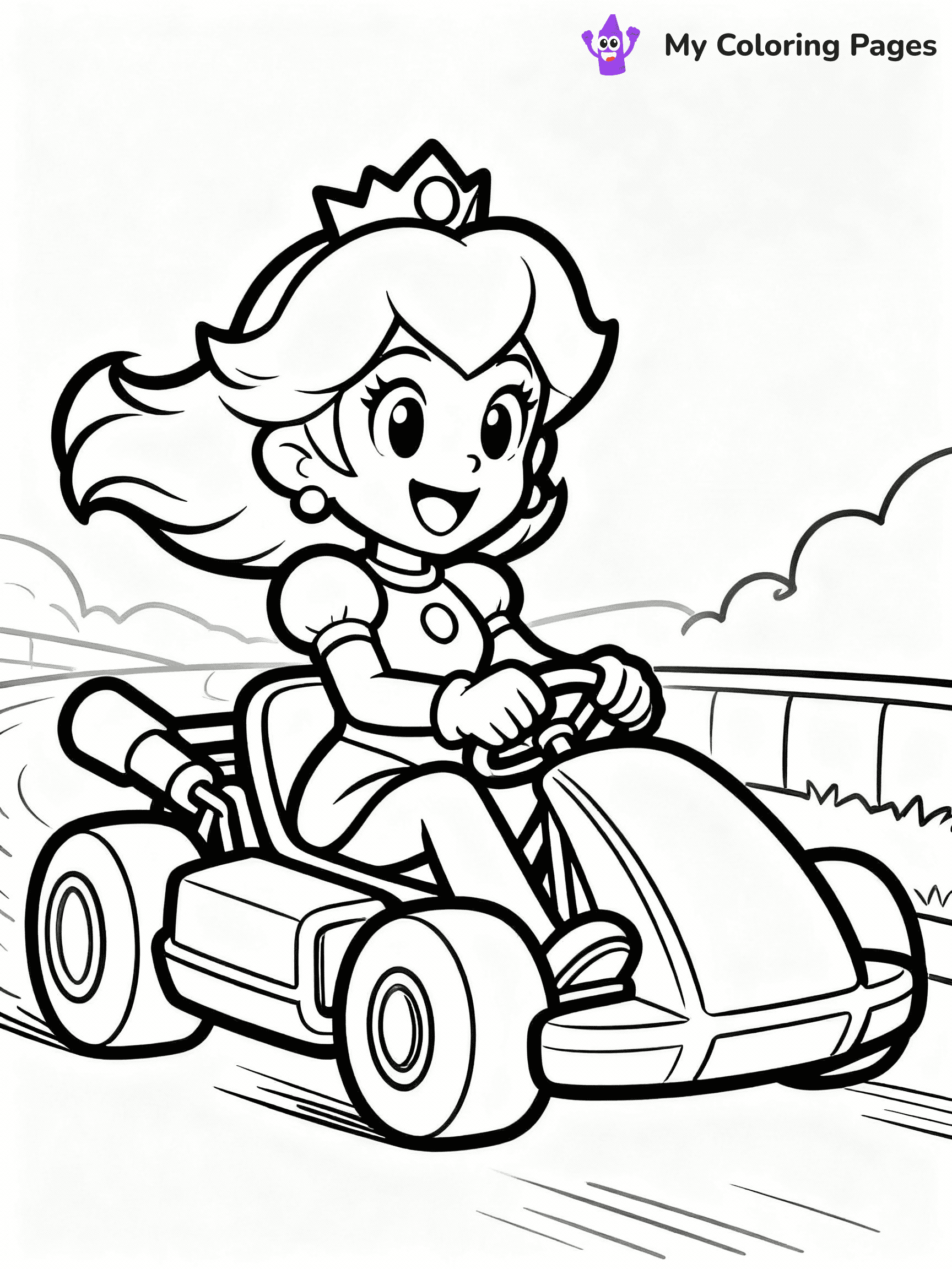 ⚠️ CRITICAL REQUIREMENT - ABSOLUTE BLACK AND WHITE ONLY ⚠️
This MUST be a BLACK AND WHITE line drawing ONLY. NO COLORS whatsoever.
- ONLY pure black lines (#000000) on pure white background (#FFFFFF)
- ABSOLUTELY NO colors, NO shading, NO gradients, NO grayscale
- If there are ANY colors in the output, the image is REJECTED
- This is a COLORING PAGE - meant to be COLORED IN by children
- The output must be UNCOLORED line art ready for coloring
⚠️ SUBJECT TO DRAW: Princess Peach in video game style, racing in her kart, hair flowing, with a cheerful expression
(REMEMBER: Output must be BLACK AND WHITE line art only, NOT colored!)
# COLORING PAGE: BLACK OUTLINES ONLY - WHITE BACKGROUND MANDATORY
Create a **coloring book page** using EXACTLY two values: black lines, white space.
## NON-NEGOTIABLE BINARY RULES
- **ONLY #000000 (black) and #FFFFFF (white)** - NO other values exist
- **EVERY PIXEL = BLACK OR WHITE** - no gray/shading/antialiasing
- **WHITE BACKGROUND MANDATORY** - entire canvas stays white
- **ALL SHAPES HOLLOW** - everything is empty outlines waiting to be colored
- **FORBIDDEN:** fills, shading, gradients, patterns, textures, colors
- **NO SOLID REGIONS** - if it's not a thin line, it's wrong
## Universal Line Standards
- Black outlines ONLY - thin, uniform weight
- Every shape completely empty inside
- Closed contours suitable for coloring
- Simple flat illustration - zero depth/3D/realism
- **Style:** Whimsical Doodle Art Alley - rounded, friendly outlines (unless specified)
## Everything = Outline Only
- Characters/animals: hollow shapes
- Objects/clothing: empty contours
- Backgrounds/scenery: line work only
- Natural elements: outlined forms
- Dark/night areas: don't exist (use outlined symbols)
- Textures/patterns: convert to simple lines
## The Test
Can a child color EVERY white space with crayons? If any area is pre-filled/shaded/gray or colored in, it FAILS. Every shape must be waiting to receive color.
**FINAL OUTPUT**: Binary coloring page. Black lines define shapes. White spaces ready for coloring. Nothing else exists. No exceptions. Print-ready.
⚠️ FINAL REMINDER: Draw the subject "Princess Peach in video game style, racing in her kart, hair flowing, with a cheerful expression" as BLACK AND WHITE line art. Zero colors in output.