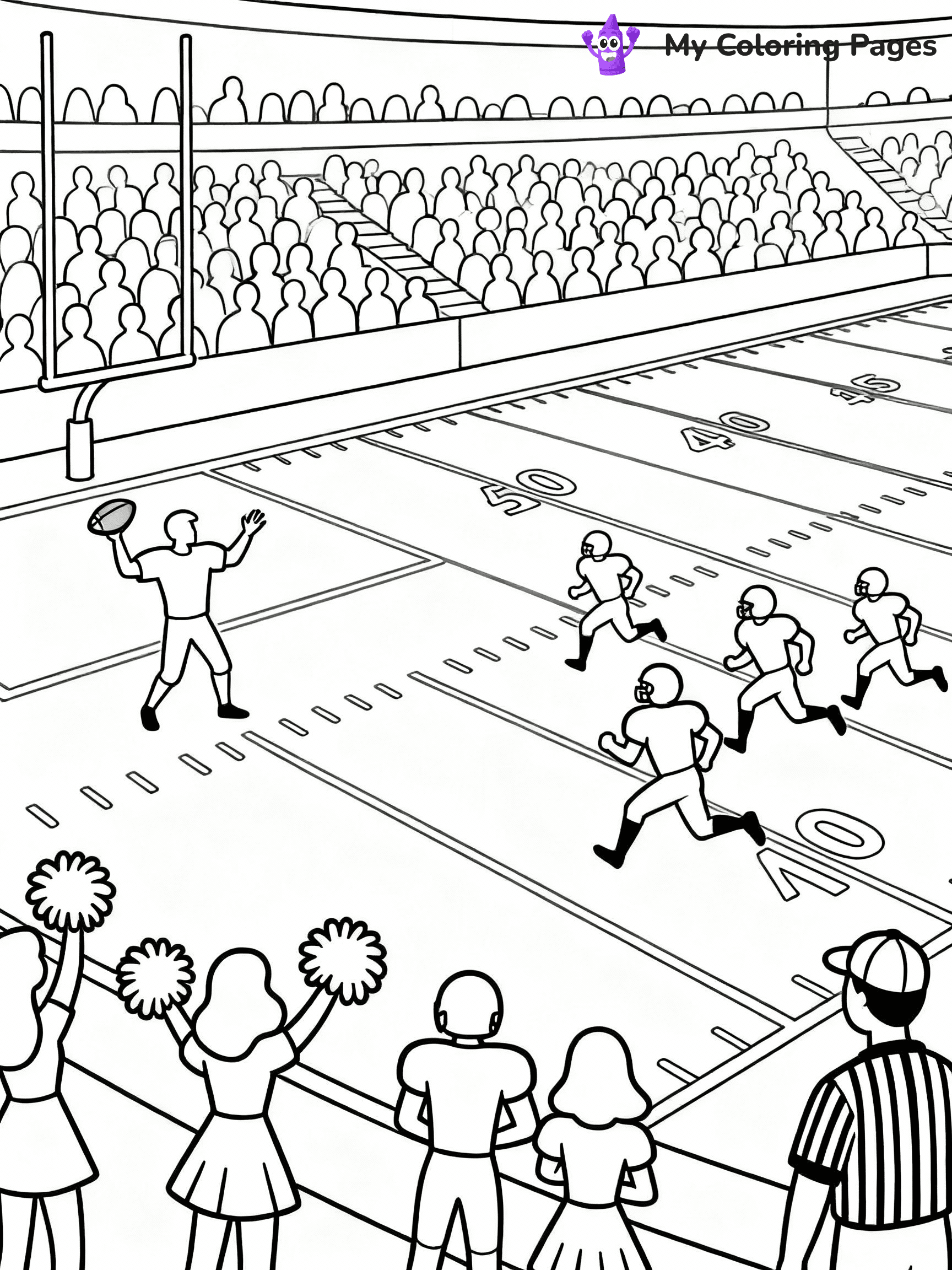 ⚠️ CRITICAL REQUIREMENT - ABSOLUTE BLACK AND WHITE ONLY ⚠️
This MUST be a BLACK AND WHITE line drawing ONLY. NO COLORS whatsoever.
- ONLY pure black lines (#000000) on pure white background (#FFFFFF)
- ABSOLUTELY NO colors, NO shading, NO gradients, NO grayscale
- If there are ANY colors in the output, the image is REJECTED
- This is a COLORING PAGE - meant to be COLORED IN by children
- The output must be UNCOLORED line art ready for coloring
⚠️ SUBJECT TO DRAW: Superbowl Football Game
(REMEMBER: Output must be BLACK AND WHITE line art only, NOT colored!)
# COLORING PAGE: BLACK OUTLINES ONLY - WHITE BACKGROUND MANDATORY
Create a **coloring book page** using EXACTLY two values: black lines, white space.
## NON-NEGOTIABLE BINARY RULES
- **ONLY #000000 (black) and #FFFFFF (white)** - NO other values exist
- **EVERY PIXEL = BLACK OR WHITE** - no gray/shading/antialiasing
- **WHITE BACKGROUND MANDATORY** - entire canvas stays white
- **ALL SHAPES HOLLOW** - everything is empty outlines waiting to be colored
- **FORBIDDEN:** fills, shading, gradients, patterns, textures, colors
- **NO SOLID REGIONS** - if it's not a thin line, it's wrong
## Universal Line Standards
- Black outlines ONLY - thin, uniform weight
- Every shape completely empty inside
- Closed contours suitable for coloring
- Simple flat illustration - zero depth/3D/realism
- **Style:** Whimsical Doodle Art Alley - rounded, friendly outlines (unless specified)
## Everything = Outline Only
- Characters/animals: hollow shapes
- Objects/clothing: empty contours
- Backgrounds/scenery: line work only
- Natural elements: outlined forms
- Dark/night areas: don't exist (use outlined symbols)
- Textures/patterns: convert to simple lines
## The Test
Can a child color EVERY white space with crayons? If any area is pre-filled/shaded/gray, it FAILS. Every shape must be waiting to receive color.
**FINAL OUTPUT**: Binary coloring page. Black lines define shapes. White spaces ready for coloring. Nothing else exists. No exceptions. Print-ready.
⚠️ FINAL REMINDER: Draw the subject "Superbowl Football Game" as BLACK AND WHITE line art. Zero colors in output.