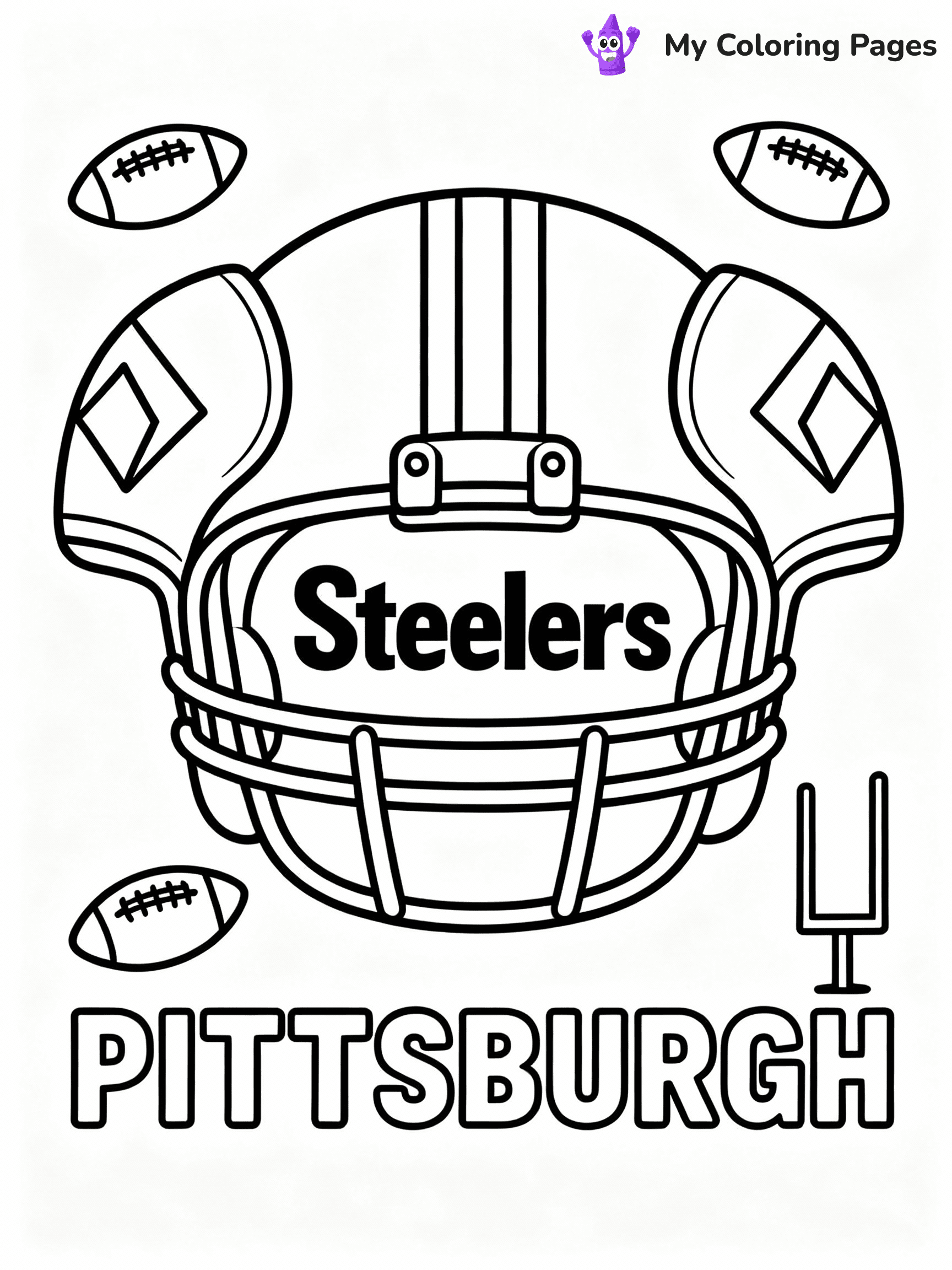 ⚠️ CRITICAL REQUIREMENT - ABSOLUTE BLACK AND WHITE ONLY ⚠️
This MUST be a BLACK AND WHITE line drawing ONLY. NO COLORS whatsoever.
- ONLY pure black lines (#000000) on pure white background (#FFFFFF)
- ABSOLUTELY NO colors, NO shading, NO gradients, NO grayscale
- If there are ANY colors in the output, the image is REJECTED
- This is a COLORING PAGE - meant to be COLORED IN by children
- The output must be UNCOLORED line art ready for coloring
⚠️ SUBJECT TO DRAW: Pittsburgh Steelers
(REMEMBER: Output must be BLACK AND WHITE line art only, NOT colored!)
# COLORING PAGE: BLACK OUTLINES ONLY - WHITE BACKGROUND MANDATORY
Create a **coloring book page** using EXACTLY two values: black lines, white space.
## NON-NEGOTIABLE BINARY RULES
- **ONLY #000000 (black) and #FFFFFF (white)** - NO other values exist
- **EVERY PIXEL = BLACK OR WHITE** - no gray/shading/antialiasing
- **WHITE BACKGROUND MANDATORY** - entire canvas stays white
- **ALL SHAPES HOLLOW** - everything is empty outlines waiting to be colored
- **FORBIDDEN:** fills, shading, gradients, patterns, textures, colors
- **NO SOLID REGIONS** - if it's not a thin line, it's wrong
## Universal Line Standards
- Black outlines ONLY - thin, uniform weight
- Every shape completely empty inside
- Closed contours suitable for coloring
- Simple flat illustration - zero depth/3D/realism
- **Style:** Whimsical Doodle Art Alley - rounded, friendly outlines (unless specified)
## Everything = Outline Only
- Characters/animals: hollow shapes
- Objects/clothing: empty contours
- Backgrounds/scenery: line work only
- Natural elements: outlined forms
- Dark/night areas: don't exist (use outlined symbols)
- Textures/patterns: convert to simple lines
## The Test
Can a child color EVERY white space with crayons? If any area is pre-filled/shaded/gray, it FAILS. Every shape must be waiting to receive color.
**FINAL OUTPUT**: Binary coloring page. Black lines define shapes. White spaces ready for coloring. Nothing else exists. No exceptions. Print-ready.
⚠️ FINAL REMINDER: Draw the subject "Pittsburgh Steelers" as BLACK AND WHITE line art. Zero colors in output.