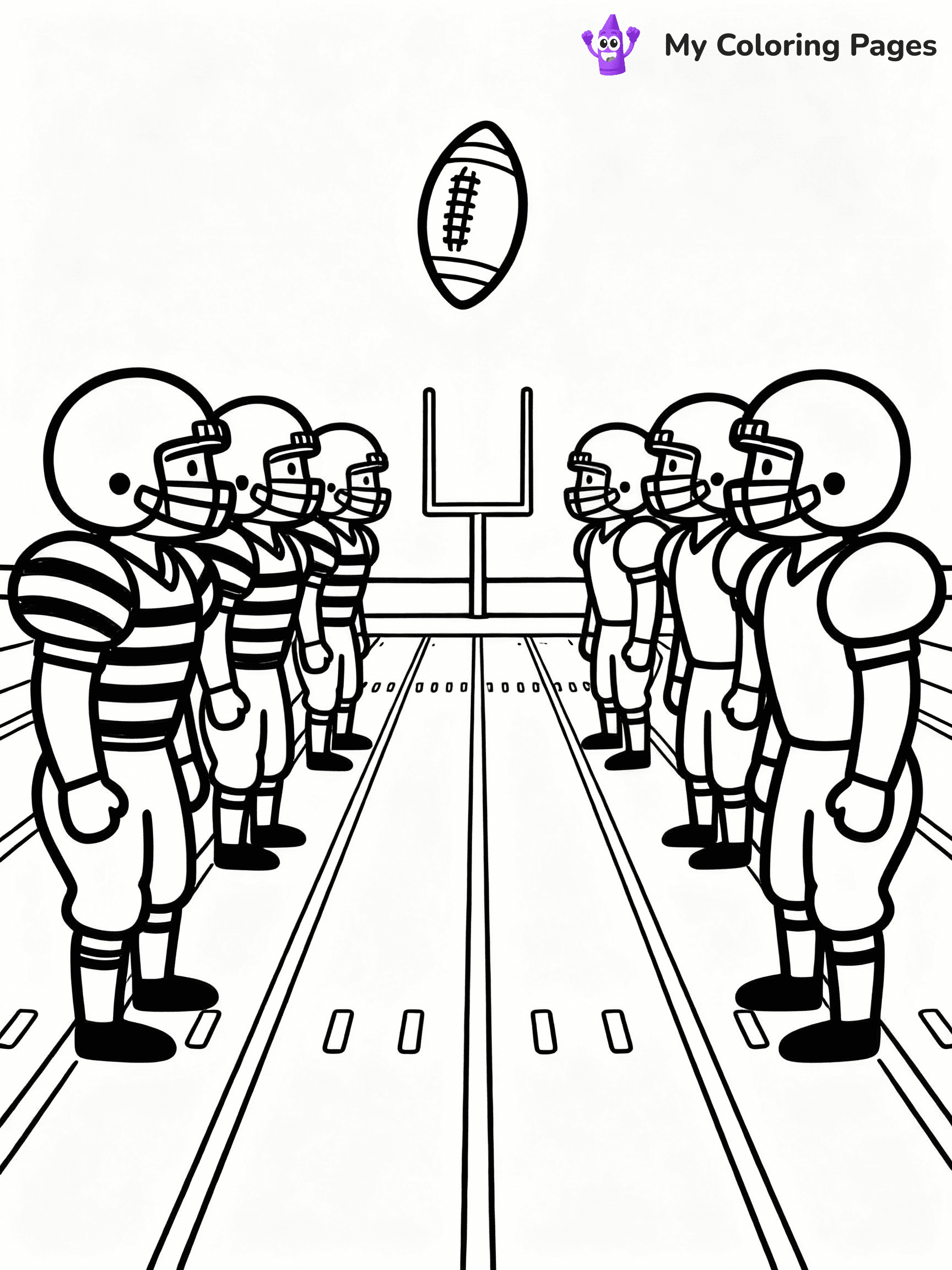 ⚠️ CRITICAL REQUIREMENT - ABSOLUTE BLACK AND WHITE ONLY ⚠️
This MUST be a BLACK AND WHITE line drawing ONLY. NO COLORS whatsoever.
- ONLY pure black lines (#000000) on pure white background (#FFFFFF)
- ABSOLUTELY NO colors, NO shading, NO gradients, NO grayscale
- If there are ANY colors in the output, the image is REJECTED
- This is a COLORING PAGE - meant to be COLORED IN by children
- The output must be UNCOLORED line art ready for coloring
⚠️ SUBJECT TO DRAW: Two teams facing off in an American Football game
(REMEMBER: Output must be BLACK AND WHITE line art only, NOT colored!)
# COLORING PAGE: BLACK OUTLINES ONLY - WHITE BACKGROUND MANDATORY
Create a **coloring book page** using EXACTLY two values: black lines, white space.
## NON-NEGOTIABLE BINARY RULES
- **ONLY #000000 (black) and #FFFFFF (white)** - NO other values exist
- **EVERY PIXEL = BLACK OR WHITE** - no gray/shading/antialiasing
- **WHITE BACKGROUND MANDATORY** - entire canvas stays white
- **ALL SHAPES HOLLOW** - everything is empty outlines waiting to be colored
- **FORBIDDEN:** fills, shading, gradients, patterns, textures, colors
- **NO SOLID REGIONS** - if it's not a thin line, it's wrong
## Universal Line Standards
- Black outlines ONLY - thin, uniform weight
- Every shape completely empty inside
- Closed contours suitable for coloring
- Simple flat illustration - zero depth/3D/realism
- **Style:** Whimsical Doodle Art Alley - rounded, friendly outlines (unless specified)
## Everything = Outline Only
- Characters/animals: hollow shapes
- Objects/clothing: empty contours
- Backgrounds/scenery: line work only
- Natural elements: outlined forms
- Dark/night areas: don't exist (use outlined symbols)
- Textures/patterns: convert to simple lines
## The Test
Can a child color EVERY white space with crayons? If any area is pre-filled/shaded/gray, it FAILS. Every shape must be waiting to receive color.
**FINAL OUTPUT**: Binary coloring page. Black lines define shapes. White spaces ready for coloring. Nothing else exists. No exceptions. Print-ready.
⚠️ FINAL REMINDER: Draw the subject "Two teams facing off in an American Football game" as BLACK AND WHITE line art. Zero colors in output.