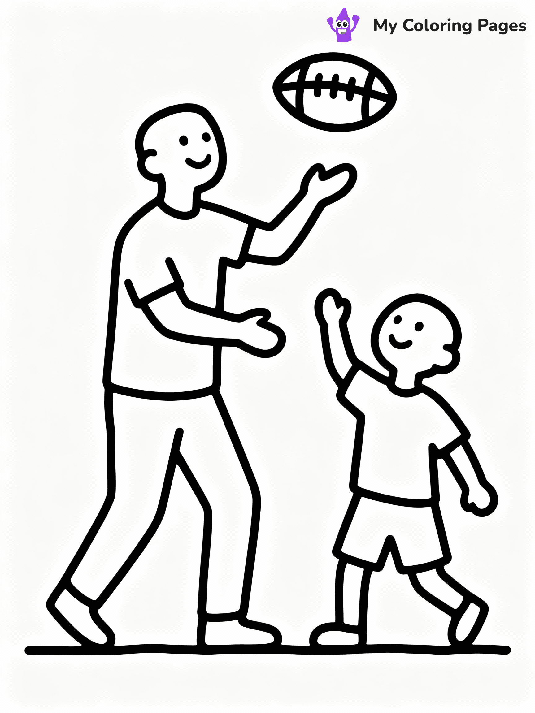 ⚠️ CRITICAL REQUIREMENT - ABSOLUTE BLACK AND WHITE ONLY ⚠️
This MUST be a BLACK AND WHITE line drawing ONLY. NO COLORS whatsoever.
- ONLY pure black lines (#000000) on pure white background (#FFFFFF)
- ABSOLUTELY NO colors, NO shading, NO gradients, NO grayscale
- If there are ANY colors in the output, the image is REJECTED
- This is a COLORING PAGE - meant to be COLORED IN by children
- The output must be UNCOLORED line art ready for coloring
⚠️ SUBJECT TO DRAW: Father and son playing catch with a football
(REMEMBER: Output must be BLACK AND WHITE line art only, NOT colored!)
# COLORING PAGE: BLACK OUTLINES ONLY - WHITE BACKGROUND MANDATORY
Create a **coloring book page** using EXACTLY two values: black lines, white space.
## NON-NEGOTIABLE BINARY RULES
- **ONLY #000000 (black) and #FFFFFF (white)** - NO other values exist
- **EVERY PIXEL = BLACK OR WHITE** - no gray/shading/antialiasing
- **WHITE BACKGROUND MANDATORY** - entire canvas stays white
- **ALL SHAPES HOLLOW** - everything is empty outlines waiting to be colored
- **FORBIDDEN:** fills, shading, gradients, patterns, textures, colors
- **NO SOLID REGIONS** - if it's not a thin line, it's wrong
## Universal Line Standards
- Black outlines ONLY - thin, uniform weight
- Every shape completely empty inside
- Closed contours suitable for coloring
- Simple flat illustration - zero depth/3D/realism
- **Style:** Whimsical Doodle Art Alley - rounded, friendly outlines (unless specified)
## Everything = Outline Only
- Characters/animals: hollow shapes
- Objects/clothing: empty contours
- Backgrounds/scenery: line work only
- Natural elements: outlined forms
- Dark/night areas: don't exist (use outlined symbols)
- Textures/patterns: convert to simple lines
## The Test
Can a child color EVERY white space with crayons? If any area is pre-filled/shaded/gray, it FAILS. Every shape must be waiting to receive color.
**FINAL OUTPUT**: Binary coloring page. Black lines define shapes. White spaces ready for coloring. Nothing else exists. No exceptions. Print-ready.
⚠️ FINAL REMINDER: Draw the subject "Father and son playing catch with a football" as BLACK AND WHITE line art. Zero colors in output.