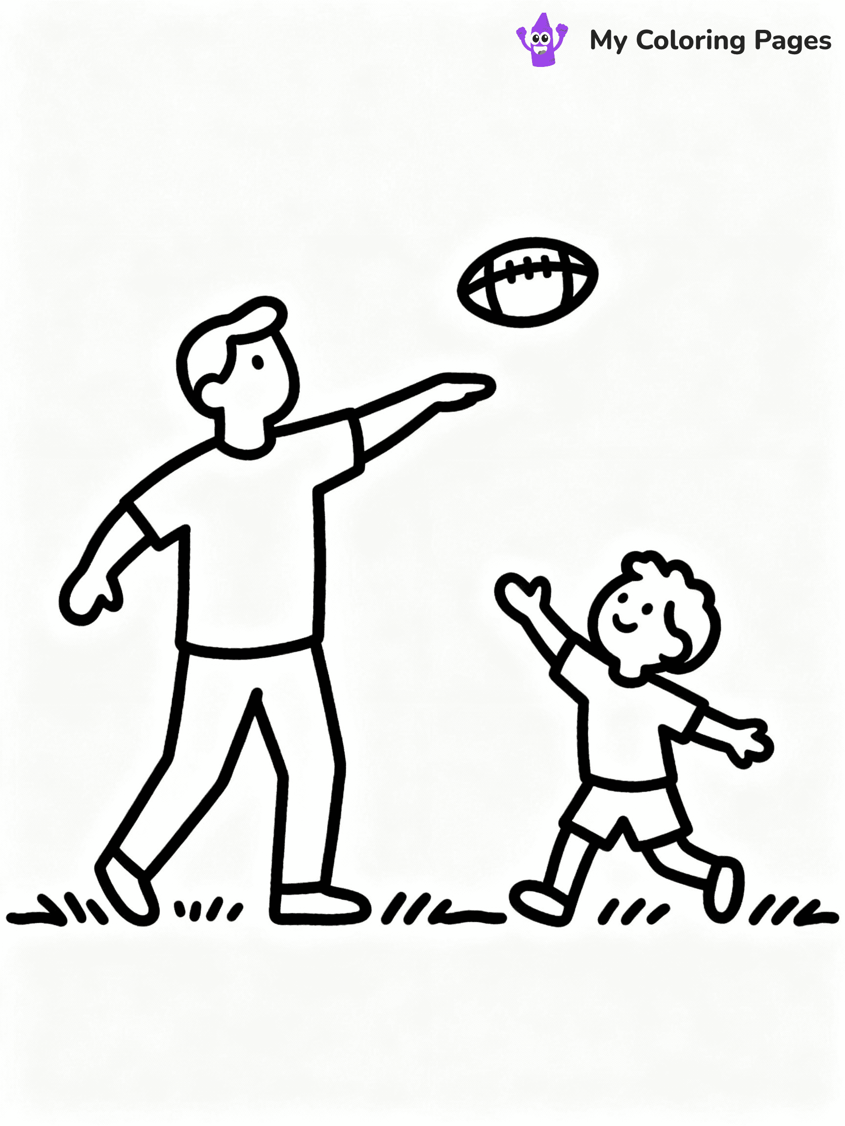 ⚠️ CRITICAL REQUIREMENT - ABSOLUTE BLACK AND WHITE ONLY ⚠️
This MUST be a BLACK AND WHITE line drawing ONLY. NO COLORS whatsoever.
- ONLY pure black lines (#000000) on pure white background (#FFFFFF)
- ABSOLUTELY NO colors, NO shading, NO gradients, NO grayscale
- If there are ANY colors in the output, the image is REJECTED
- This is a COLORING PAGE - meant to be COLORED IN by children
- The output must be UNCOLORED line art ready for coloring
⚠️ SUBJECT TO DRAW: Father and son playing catch with a football
(REMEMBER: Output must be BLACK AND WHITE line art only, NOT colored!)
# COLORING PAGE: BLACK OUTLINES ONLY - WHITE BACKGROUND MANDATORY
Create a **coloring book page** using EXACTLY two values: black lines, white space.
## NON-NEGOTIABLE BINARY RULES
- **ONLY #000000 (black) and #FFFFFF (white)** - NO other values exist
- **EVERY PIXEL = BLACK OR WHITE** - no gray/shading/antialiasing
- **WHITE BACKGROUND MANDATORY** - entire canvas stays white
- **ALL SHAPES HOLLOW** - everything is empty outlines waiting to be colored
- **FORBIDDEN:** fills, shading, gradients, patterns, textures, colors
- **NO SOLID REGIONS** - if it's not a thin line, it's wrong
## Universal Line Standards
- Black outlines ONLY - thin, uniform weight
- Every shape completely empty inside
- Closed contours suitable for coloring
- Simple flat illustration - zero depth/3D/realism
- **Style:** Whimsical Doodle Art Alley - rounded, friendly outlines (unless specified)
## Everything = Outline Only
- Characters/animals: hollow shapes
- Objects/clothing: empty contours
- Backgrounds/scenery: line work only
- Natural elements: outlined forms
- Dark/night areas: don't exist (use outlined symbols)
- Textures/patterns: convert to simple lines
## The Test
Can a child color EVERY white space with crayons? If any area is pre-filled/shaded/gray, it FAILS. Every shape must be waiting to receive color.
**FINAL OUTPUT**: Binary coloring page. Black lines define shapes. White spaces ready for coloring. Nothing else exists. No exceptions. Print-ready.
⚠️ FINAL REMINDER: Draw the subject "Father and son playing catch with a football" as BLACK AND WHITE line art. Zero colors in output.