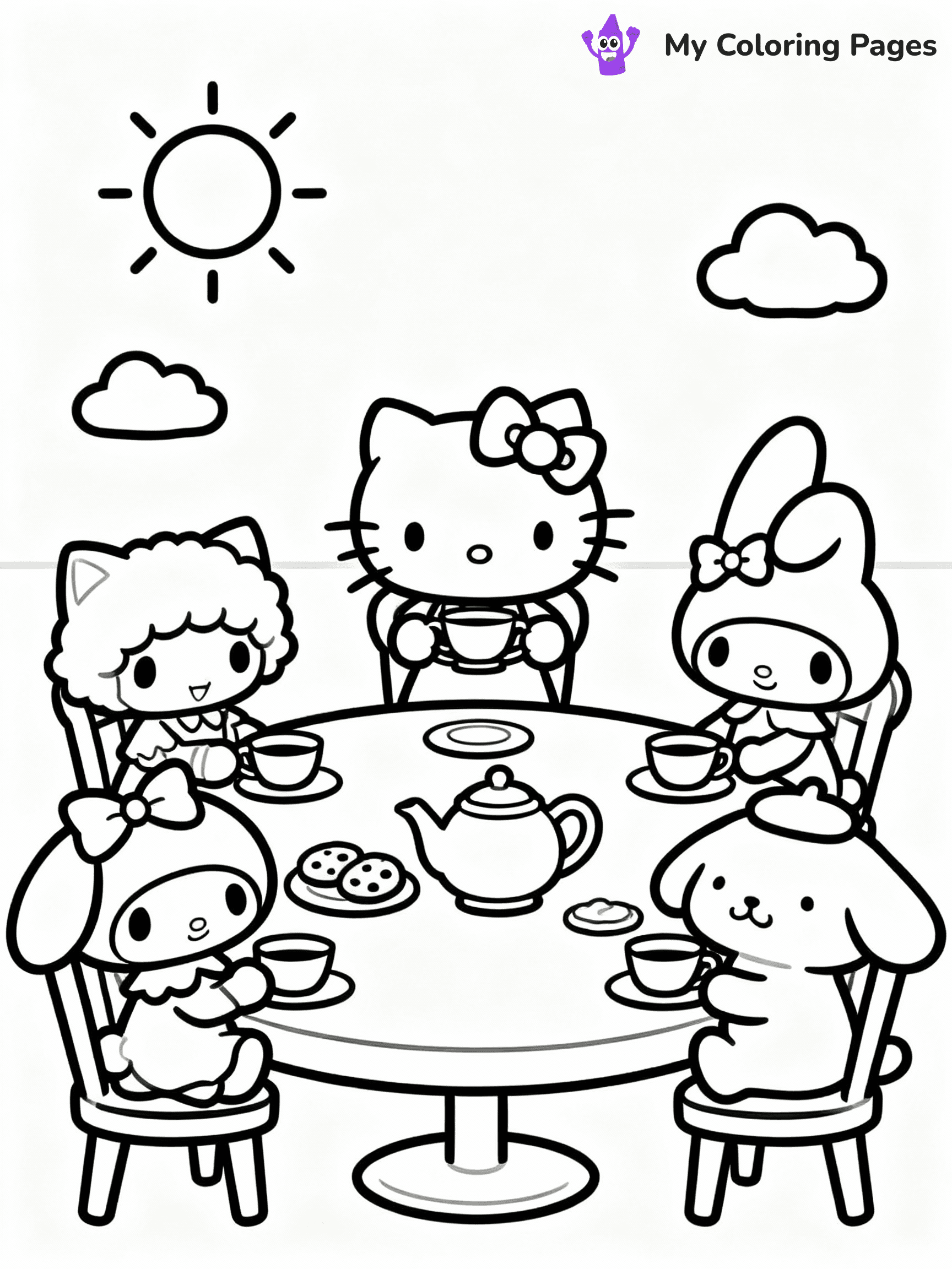 ⚠️ CRITICAL REQUIREMENT - ABSOLUTE BLACK AND WHITE ONLY ⚠️
This MUST be a BLACK AND WHITE line drawing ONLY. NO COLORS whatsoever.
- ONLY pure black lines (#000000) on pure white background (#FFFFFF)
- ABSOLUTELY NO colors, NO shading, NO gradients, NO grayscale
- If there are ANY colors in the output, the image is REJECTED
- This is a COLORING PAGE - meant to be COLORED IN by children
- The output must be UNCOLORED line art ready for coloring
⚠️ SUBJECT TO DRAW: Hello Kitty having a tea party with friends. PURE LINE ART ONLY. NO FILLS,
(REMEMBER: Output must be BLACK AND WHITE line art only, NOT colored!)
# Flat, Friendly Cartoon Line-Art Coloring Page
You are generating a **pure black-and-white binary image** of a child-friendly cartoon scene combining characters and background scenery in one cohesive composition.
## Rendering Rules (Strict)
- Only two colors: pure black (#000000) outlines and pure white (#FFFFFF) background.
- No grayscale, shading, gradients, tints, fills, transparency, or partial pixels.
- No antialiasing or blended edges; every pixel is 100% black or white.
- No solid black fills inside shapes — all areas inside outlines must remain white.
- No dark clothing areas or filled tone blocks; all garments outlined only.
- No shadows, textures, lighting, or tonal variations.
- Must look like flat binary vector line-art for coloring pages.
- PURE BINARY LINE-ART; NO FILLS (HAIR/CLOTHES/SKIN), SHADING, OR GREY.
## Drawing & Composition
- **Medium, consistent line weight**; clean closed outlines easy to color inside.
- **Flat, simple, child-friendly design** — no realism or 3D depth.
- Characters are **grounded on a surface**, centered and large.
- **Balanced composition** with clear silhouettes and minimal props.
## Scenery & Style
- Landmarks (e.g., mosque, CN Tower) and scenery (trees, benches, waves) drawn with **black outlines only.**
- For real-world figures, teams, or places, show accurate details using only black outlines—no text or logos. Use distinctive uniform patterns, abstract symbols, and landmark silhouettes to convey identity.
- Keep **consistent perspective**; no floating elements.
- **Style:** whimsical **Doodle Art Alley** — rounded, friendly outlines.
- May adapt shapes from **Crayola, Disney, Peppa Pig, Cocomelon** — *by shape only, never color.*
- Final output: **flat, crisp, binary (#000000/#FFFFFF)**, **no filled color or background text.**
⚠️ FINAL REMINDER: Draw the subject "Hello Kitty having a tea party with friends. PURE LINE ART ONLY. NO FILLS," as BLACK AND WHITE line art. Zero colors in output.