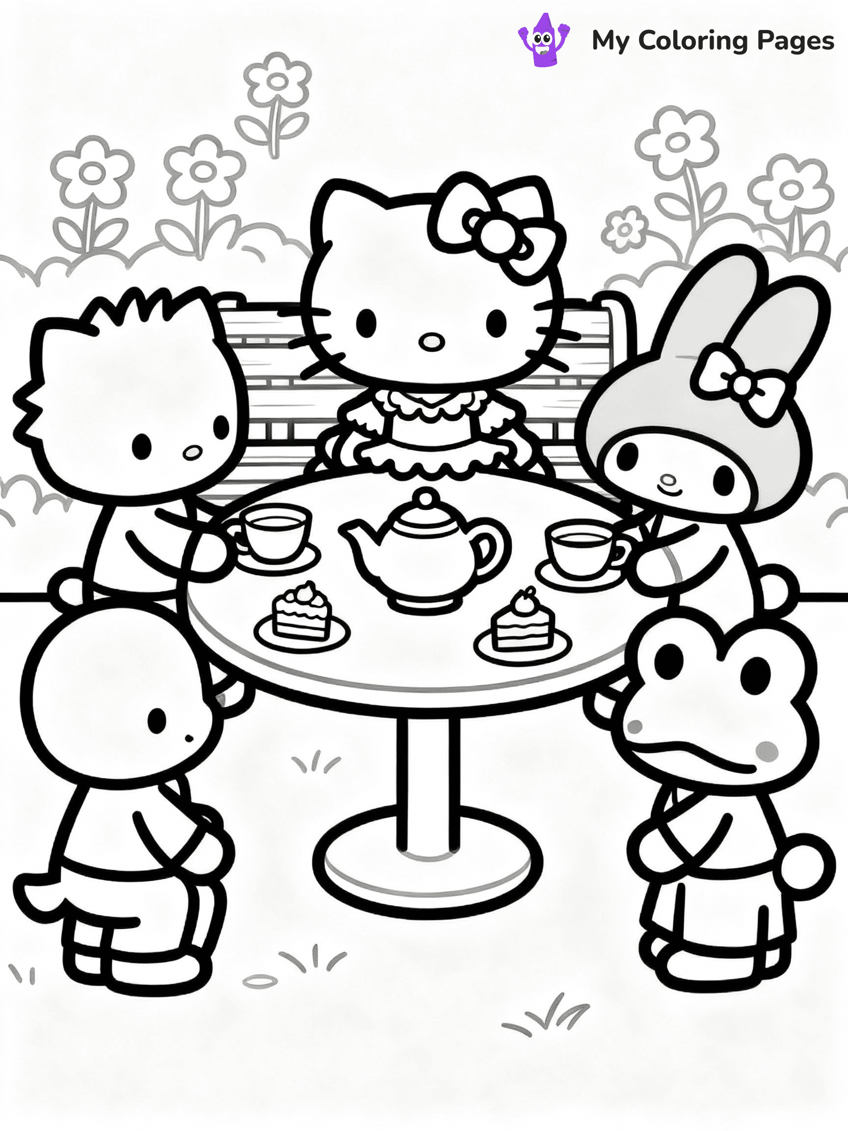 ⚠️ CRITICAL REQUIREMENT - ABSOLUTE BLACK AND WHITE ONLY ⚠️
This MUST be a BLACK AND WHITE line drawing ONLY. NO COLORS whatsoever.
- ONLY pure black lines (#000000) on pure white background (#FFFFFF)
- ABSOLUTELY NO colors, NO shading, NO gradients, NO grayscale
- If there are ANY colors in the output, the image is REJECTED
- This is a COLORING PAGE - meant to be COLORED IN by children
- The output must be UNCOLORED line art ready for coloring
⚠️ SUBJECT TO DRAW: Hello Kitty having a tea party with friends. PURE LINE ART ONLY. NO FILLS,
(REMEMBER: Output must be BLACK AND WHITE line art only, NOT colored!)
# Flat, Friendly Cartoon Line-Art Coloring Page
You are generating a **pure black-and-white binary image** of a child-friendly cartoon scene combining characters and background scenery in one cohesive composition.
## Rendering Rules (Strict)
- Only two colors: pure black (#000000) outlines and pure white (#FFFFFF) background.
- No grayscale, shading, gradients, tints, fills, transparency, or partial pixels.
- No antialiasing or blended edges; every pixel is 100% black or white.
- No solid black fills inside shapes — all areas inside outlines must remain white.
- No dark clothing areas or filled tone blocks; all garments outlined only.
- No shadows, textures, lighting, or tonal variations.
- Must look like flat binary vector line-art for coloring pages.
- PURE BINARY LINE-ART; NO FILLS (HAIR/CLOTHES/SKIN), SHADING, OR GREY.
## Drawing & Composition
- **Medium, consistent line weight**; clean closed outlines easy to color inside.
- **Flat, simple, child-friendly design** — no realism or 3D depth.
- Characters are **grounded on a surface**, centered and large.
- **Balanced composition** with clear silhouettes and minimal props.
## Scenery & Style
- Landmarks (e.g., mosque, CN Tower) and scenery (trees, benches, waves) drawn with **black outlines only.**
- For real-world figures, teams, or places, show accurate details using only black outlines—no text or logos. Use distinctive uniform patterns, abstract symbols, and landmark silhouettes to convey identity.
- Keep **consistent perspective**; no floating elements.
- **Style:** whimsical **Doodle Art Alley** — rounded, friendly outlines.
- May adapt shapes from **Crayola, Disney, Peppa Pig, Cocomelon** — *by shape only, never color.*
- Final output: **flat, crisp, binary (#000000/#FFFFFF)**, **no filled color or background text.**
⚠️ FINAL REMINDER: Draw the subject "Hello Kitty having a tea party with friends. PURE LINE ART ONLY. NO FILLS," as BLACK AND WHITE line art. Zero colors in output.