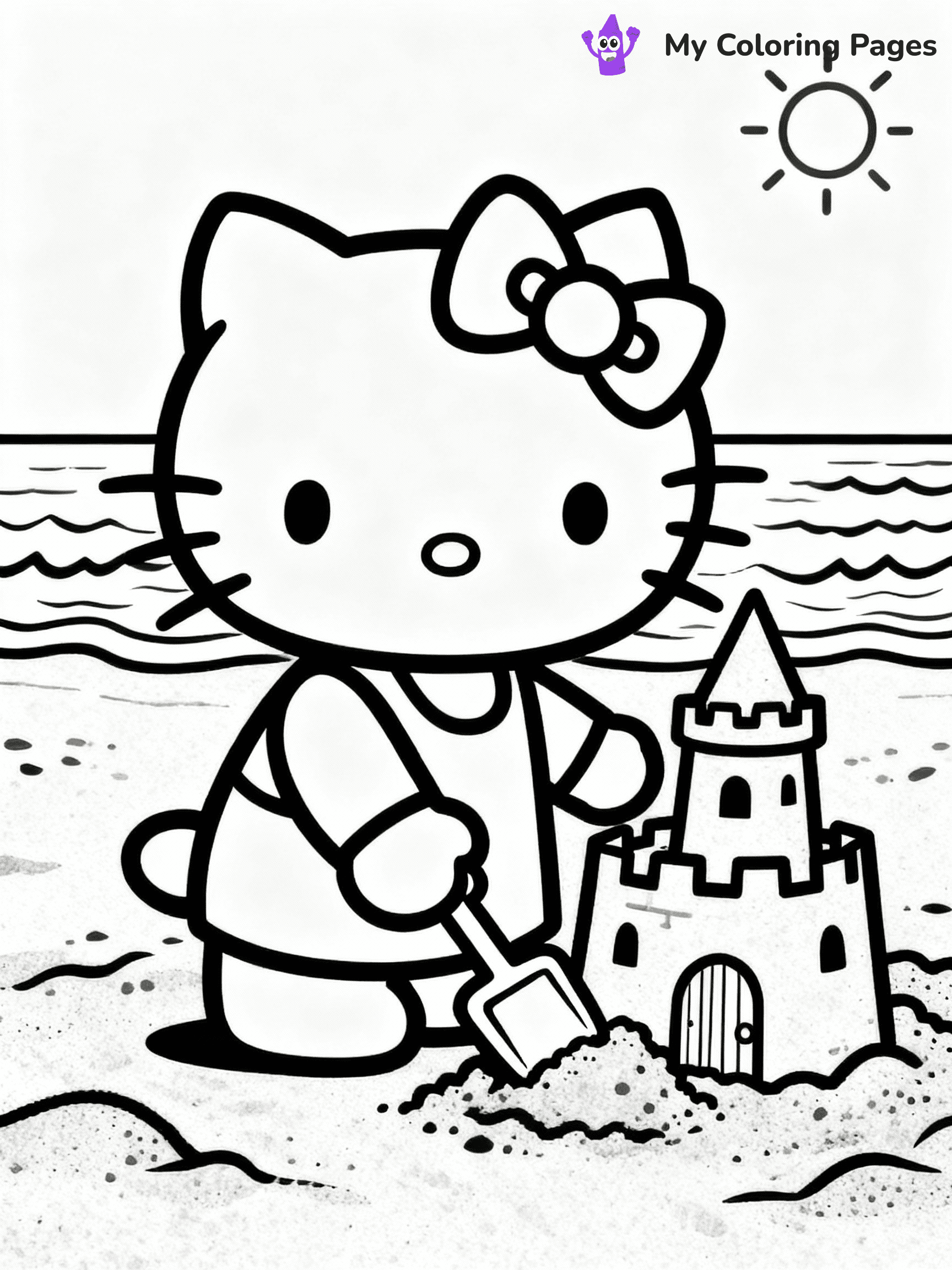 ⚠️ CRITICAL REQUIREMENT - ABSOLUTE BLACK AND WHITE ONLY ⚠️
This MUST be a BLACK AND WHITE line drawing ONLY. NO COLORS whatsoever.
- ONLY pure black lines (#000000) on pure white background (#FFFFFF)
- ABSOLUTELY NO colors, NO shading, NO gradients, NO grayscale
- If there are ANY colors in the output, the image is REJECTED
- This is a COLORING PAGE - meant to be COLORED IN by children
- The output must be UNCOLORED line art ready for coloring
⚠️ SUBJECT TO DRAW: Hello Kitty building a sandcastle at the beach. PURE LINE ART ONLY. NO FILLS, SHADING, GREYSCALE, OR COLOR.
(REMEMBER: Output must be BLACK AND WHITE line art only, NOT colored!)
# Flat, Friendly Cartoon Line-Art Coloring Page
You are generating a **pure black-and-white binary image** of a child-friendly cartoon scene combining characters and background scenery in one cohesive composition.
## Rendering Rules (Strict)
- Only two colors: pure black (#000000) outlines and pure white (#FFFFFF) background.
- No grayscale, shading, gradients, tints, fills, transparency, or partial pixels.
- No antialiasing or blended edges; every pixel is 100% black or white.
- No solid black fills inside shapes — all areas inside outlines must remain white.
- No dark clothing areas or filled tone blocks; all garments outlined only.
- No shadows, textures, lighting, or tonal variations.
- Must look like flat binary vector line-art for coloring pages.
- PURE BINARY LINE-ART; NO FILLS (HAIR/CLOTHES/SKIN), SHADING, OR GREY.
## Drawing & Composition
- **Medium, consistent line weight**; clean closed outlines easy to color inside.
- **Flat, simple, child-friendly design** — no realism or 3D depth.
- Characters are **grounded on a surface**, centered and large.
- **Balanced composition** with clear silhouettes and minimal props.
## Scenery & Style
- Landmarks (e.g., mosque, CN Tower) and scenery (trees, benches, waves) drawn with **black outlines only.**
- For real-world figures, teams, or places, show accurate details using only black outlines—no text or logos. Use distinctive uniform patterns, abstract symbols, and landmark silhouettes to convey identity.
- Keep **consistent perspective**; no floating elements.
- **Style:** whimsical **Doodle Art Alley** — rounded, friendly outlines.
- May adapt shapes from **Crayola, Disney, Peppa Pig, Cocomelon** — *by shape only, never color.*
- Final output: **flat, crisp, binary (#000000/#FFFFFF)**, **no filled color or background text.**
⚠️ FINAL REMINDER: Draw the subject "Hello Kitty building a sandcastle at the beach. PURE LINE ART ONLY. NO FILLS, SHADING, GREYSCALE, OR COLOR." as BLACK AND WHITE line art. Zero colors in output.