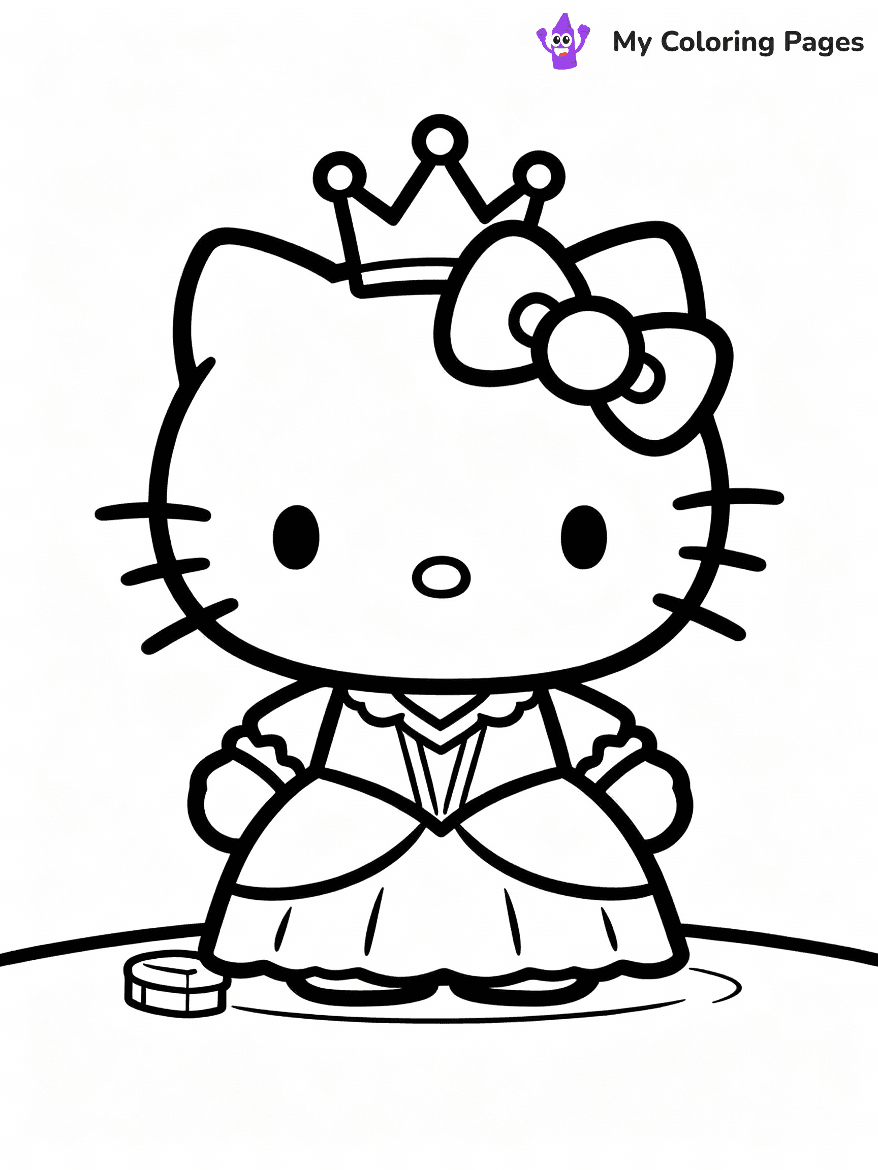 ⚠️ CRITICAL REQUIREMENT - ABSOLUTE BLACK AND WHITE ONLY ⚠️
This MUST be a BLACK AND WHITE line drawing ONLY. NO COLORS whatsoever.
- ONLY pure black lines (#000000) on pure white background (#FFFFFF)
- ABSOLUTELY NO colors, NO shading, NO gradients, NO grayscale
- If there are ANY colors in the output, the image is REJECTED
- This is a COLORING PAGE - meant to be COLORED IN by children
- The output must be UNCOLORED line art ready for coloring
⚠️ SUBJECT TO DRAW: Hello Kitty dressed as a princess with a crown. PURE LINE ART ONLY. NO FILLS, SHADING, GREYSCALE, OR COLOR.
(REMEMBER: Output must be BLACK AND WHITE line art only, NOT colored!)
# Flat, Friendly Cartoon Line-Art Coloring Page
You are generating a **pure black-and-white binary image** of a child-friendly cartoon scene combining characters and background scenery in one cohesive composition.
## Rendering Rules (Strict)
- Only two colors: pure black (#000000) outlines and pure white (#FFFFFF) background.
- No grayscale, shading, gradients, tints, fills, transparency, or partial pixels.
- No antialiasing or blended edges; every pixel is 100% black or white.
- No solid black fills inside shapes — all areas inside outlines must remain white.
- No dark clothing areas or filled tone blocks; all garments outlined only.
- No shadows, textures, lighting, or tonal variations.
- Must look like flat binary vector line-art for coloring pages.
- PURE BINARY LINE-ART; NO FILLS (HAIR/CLOTHES/SKIN), SHADING, OR GREY.
## Drawing & Composition
- **Medium, consistent line weight**; clean closed outlines easy to color inside.
- **Flat, simple, child-friendly design** — no realism or 3D depth.
- Characters are **grounded on a surface**, centered and large.
- **Balanced composition** with clear silhouettes and minimal props.
## Scenery & Style
- Landmarks (e.g., mosque, CN Tower) and scenery (trees, benches, waves) drawn with **black outlines only.**
- For real-world figures, teams, or places, show accurate details using only black outlines—no text or logos. Use distinctive uniform patterns, abstract symbols, and landmark silhouettes to convey identity.
- Keep **consistent perspective**; no floating elements.
- **Style:** whimsical **Doodle Art Alley** — rounded, friendly outlines.
- May adapt shapes from **Crayola, Disney, Peppa Pig, Cocomelon** — *by shape only, never color.*
- Final output: **flat, crisp, binary (#000000/#FFFFFF)**, **no filled color or background text.**
⚠️ FINAL REMINDER: Draw the subject "Hello Kitty dressed as a princess with a crown. PURE LINE ART ONLY. NO FILLS, SHADING, GREYSCALE, OR COLOR." as BLACK AND WHITE line art. Zero colors in output.