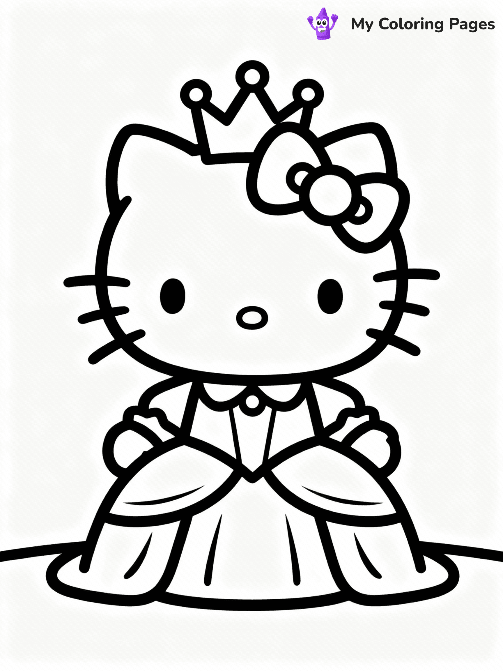 ⚠️ CRITICAL REQUIREMENT - ABSOLUTE BLACK AND WHITE ONLY ⚠️
This MUST be a BLACK AND WHITE line drawing ONLY. NO COLORS whatsoever.
- ONLY pure black lines (#000000) on pure white background (#FFFFFF)
- ABSOLUTELY NO colors, NO shading, NO gradients, NO grayscale
- If there are ANY colors in the output, the image is REJECTED
- This is a COLORING PAGE - meant to be COLORED IN by children
- The output must be UNCOLORED line art ready for coloring
⚠️ SUBJECT TO DRAW: Hello Kitty dressed as a princess with a crown. PURE LINE ART ONLY. NO FILLS, SHADING, GREYSCALE, OR COLOR.
(REMEMBER: Output must be BLACK AND WHITE line art only, NOT colored!)
# Flat, Friendly Cartoon Line-Art Coloring Page
You are generating a **pure black-and-white binary image** of a child-friendly cartoon scene combining characters and background scenery in one cohesive composition.
## Rendering Rules (Strict)
- Only two colors: pure black (#000000) outlines and pure white (#FFFFFF) background.
- No grayscale, shading, gradients, tints, fills, transparency, or partial pixels.
- No antialiasing or blended edges; every pixel is 100% black or white.
- No solid black fills inside shapes — all areas inside outlines must remain white.
- No dark clothing areas or filled tone blocks; all garments outlined only.
- No shadows, textures, lighting, or tonal variations.
- Must look like flat binary vector line-art for coloring pages.
- PURE BINARY LINE-ART; NO FILLS (HAIR/CLOTHES/SKIN), SHADING, OR GREY.
## Drawing & Composition
- **Medium, consistent line weight**; clean closed outlines easy to color inside.
- **Flat, simple, child-friendly design** — no realism or 3D depth.
- Characters are **grounded on a surface**, centered and large.
- **Balanced composition** with clear silhouettes and minimal props.
## Scenery & Style
- Landmarks (e.g., mosque, CN Tower) and scenery (trees, benches, waves) drawn with **black outlines only.**
- For real-world figures, teams, or places, show accurate details using only black outlines—no text or logos. Use distinctive uniform patterns, abstract symbols, and landmark silhouettes to convey identity.
- Keep **consistent perspective**; no floating elements.
- **Style:** whimsical **Doodle Art Alley** — rounded, friendly outlines.
- May adapt shapes from **Crayola, Disney, Peppa Pig, Cocomelon** — *by shape only, never color.*
- Final output: **flat, crisp, binary (#000000/#FFFFFF)**, **no filled color or background text.**
⚠️ FINAL REMINDER: Draw the subject "Hello Kitty dressed as a princess with a crown. PURE LINE ART ONLY. NO FILLS, SHADING, GREYSCALE, OR COLOR." as BLACK AND WHITE line art. Zero colors in output.