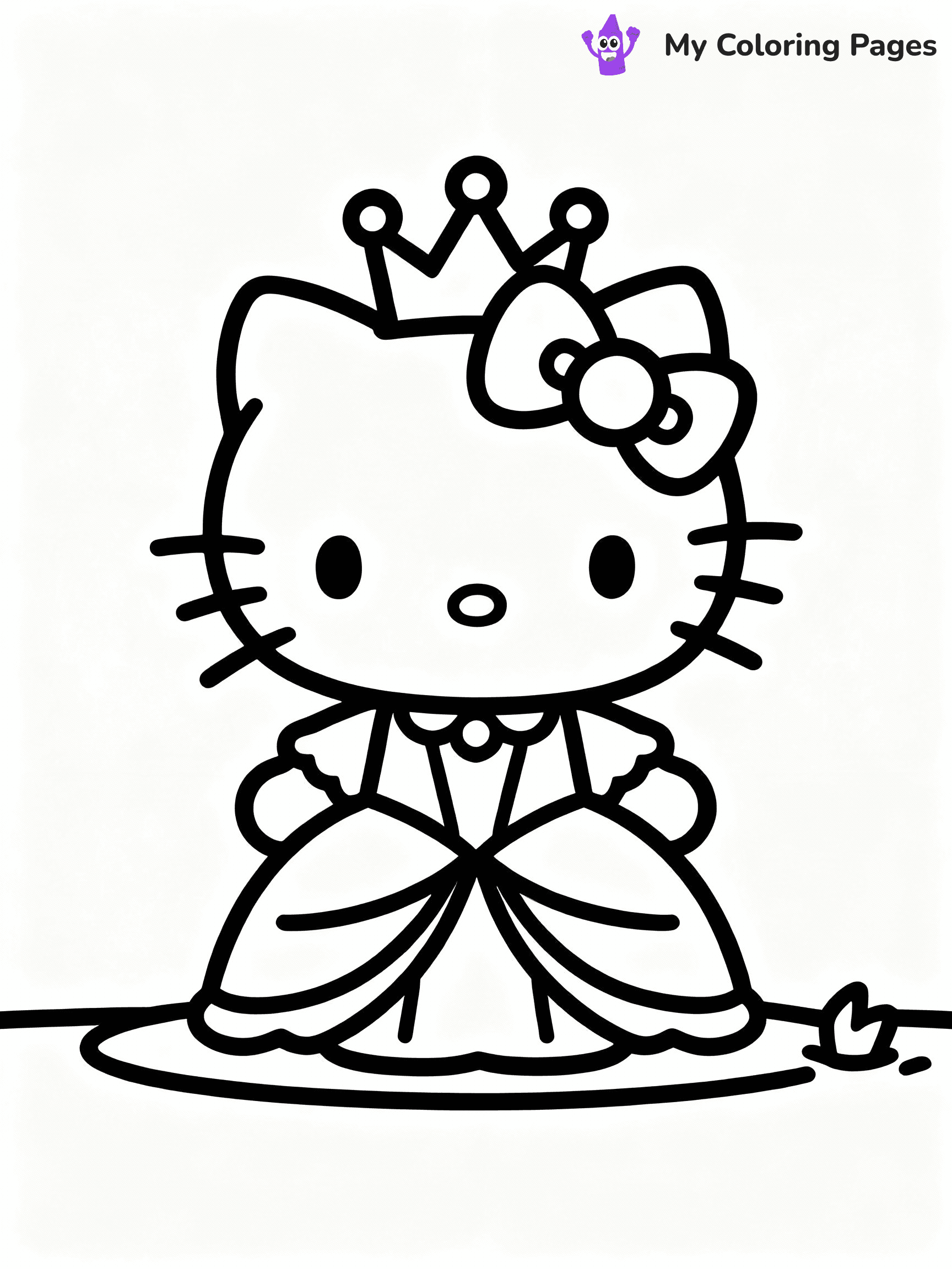 ⚠️ CRITICAL REQUIREMENT - ABSOLUTE BLACK AND WHITE ONLY ⚠️
This MUST be a BLACK AND WHITE line drawing ONLY. NO COLORS whatsoever.
- ONLY pure black lines (#000000) on pure white background (#FFFFFF)
- ABSOLUTELY NO colors, NO shading, NO gradients, NO grayscale
- If there are ANY colors in the output, the image is REJECTED
- This is a COLORING PAGE - meant to be COLORED IN by children
- The output must be UNCOLORED line art ready for coloring
⚠️ SUBJECT TO DRAW: Hello Kitty dressed as a princess with a crown. PURE LINE ART ONLY. NO FILLS, SHADING, GREYSCALE, OR COLOR.
(REMEMBER: Output must be BLACK AND WHITE line art only, NOT colored!)
# Flat, Friendly Cartoon Line-Art Coloring Page
You are generating a **pure black-and-white binary image** of a child-friendly cartoon scene combining characters and background scenery in one cohesive composition.
## Rendering Rules (Strict)
- Only two colors: pure black (#000000) outlines and pure white (#FFFFFF) background.
- No grayscale, shading, gradients, tints, fills, transparency, or partial pixels.
- No antialiasing or blended edges; every pixel is 100% black or white.
- No solid black fills inside shapes — all areas inside outlines must remain white.
- No dark clothing areas or filled tone blocks; all garments outlined only.
- No shadows, textures, lighting, or tonal variations.
- Must look like flat binary vector line-art for coloring pages.
- PURE BINARY LINE-ART; NO FILLS (HAIR/CLOTHES/SKIN), SHADING, OR GREY.
## Drawing & Composition
- **Medium, consistent line weight**; clean closed outlines easy to color inside.
- **Flat, simple, child-friendly design** — no realism or 3D depth.
- Characters are **grounded on a surface**, centered and large.
- **Balanced composition** with clear silhouettes and minimal props.
## Scenery & Style
- Landmarks (e.g., mosque, CN Tower) and scenery (trees, benches, waves) drawn with **black outlines only.**
- For real-world figures, teams, or places, show accurate details using only black outlines—no text or logos. Use distinctive uniform patterns, abstract symbols, and landmark silhouettes to convey identity.
- Keep **consistent perspective**; no floating elements.
- **Style:** whimsical **Doodle Art Alley** — rounded, friendly outlines.
- May adapt shapes from **Crayola, Disney, Peppa Pig, Cocomelon** — *by shape only, never color.*
- Final output: **flat, crisp, binary (#000000/#FFFFFF)**, **no filled color or background text.**
⚠️ FINAL REMINDER: Draw the subject "Hello Kitty dressed as a princess with a crown. PURE LINE ART ONLY. NO FILLS, SHADING, GREYSCALE, OR COLOR." as BLACK AND WHITE line art. Zero colors in output.