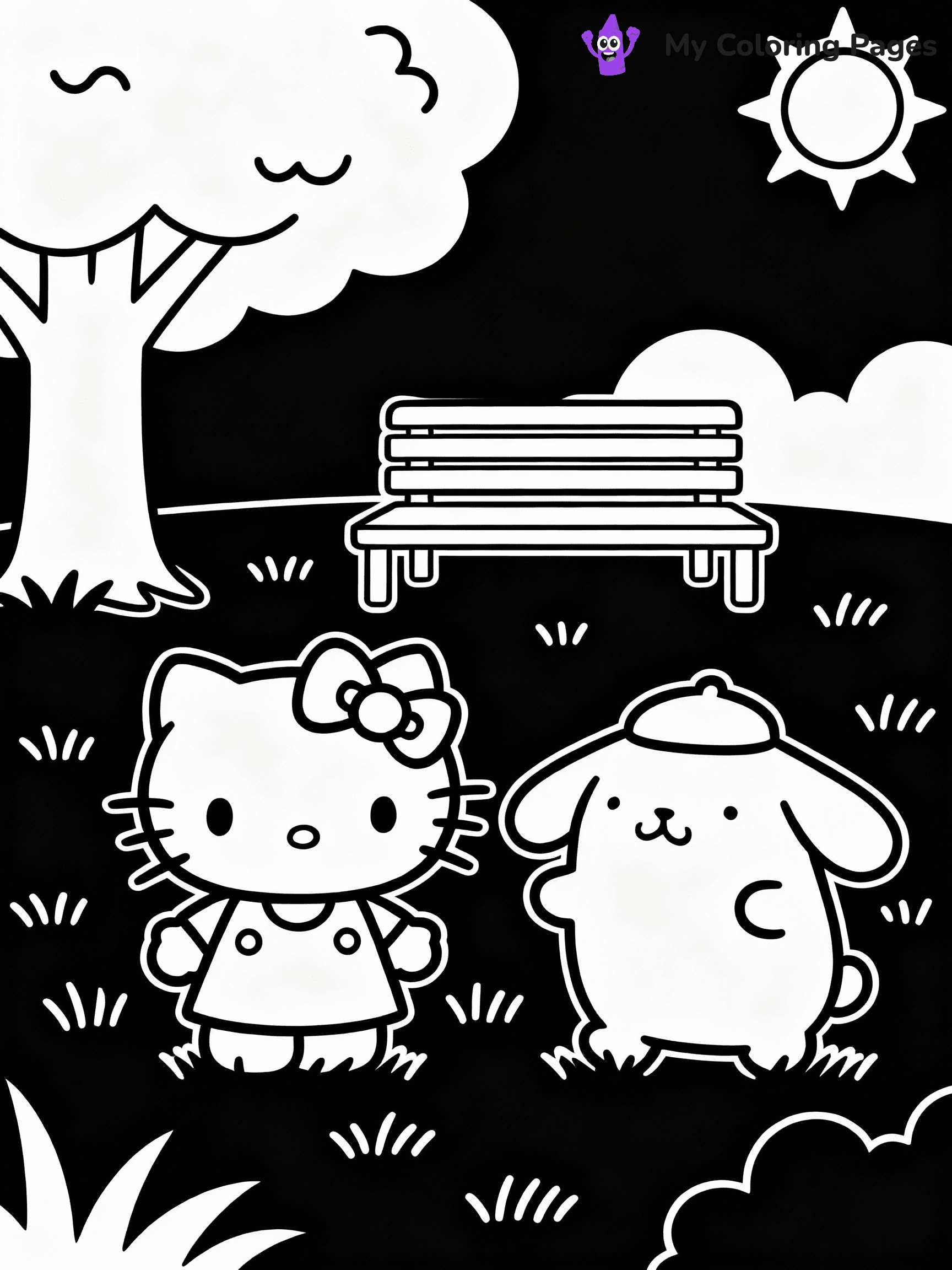 ⚠️ CRITICAL REQUIREMENT - ABSOLUTE BLACK AND WHITE ONLY ⚠️
This MUST be a BLACK AND WHITE line drawing ONLY. NO COLORS whatsoever.
- ONLY pure black lines (#000000) on pure white background (#FFFFFF)
- ABSOLUTELY NO colors, NO shading, NO gradients, NO grayscale
- If there are ANY colors in the output, the image is REJECTED
- This is a COLORING PAGE - meant to be COLORED IN by children
- The output must be UNCOLORED line art ready for coloring
⚠️ SUBJECT TO DRAW: Hello Kitty playing with Pompompurin in the park. PURE LINE ART ONLY. NO FILLS, SHADING, GREYSCALE, OR COLOR.
(REMEMBER: Output must be BLACK AND WHITE line art only, NOT colored!)
# Flat, Friendly Cartoon Line-Art Coloring Page
You are generating a **pure black-and-white binary image** of a child-friendly cartoon scene combining characters and background scenery in one cohesive composition.
## Rendering Rules (Strict)
- Only two colors: pure black (#000000) outlines and pure white (#FFFFFF) background.
- No grayscale, shading, gradients, tints, fills, transparency, or partial pixels.
- No antialiasing or blended edges; every pixel is 100% black or white.
- No solid black fills inside shapes — all areas inside outlines must remain white.
- No dark clothing areas or filled tone blocks; all garments outlined only.
- No shadows, textures, lighting, or tonal variations.
- Must look like flat binary vector line-art for coloring pages.
- PURE BINARY LINE-ART; NO FILLS (HAIR/CLOTHES/SKIN), SHADING, OR GREY.
## Drawing & Composition
- **Medium, consistent line weight**; clean closed outlines easy to color inside.
- **Flat, simple, child-friendly design** — no realism or 3D depth.
- Characters are **grounded on a surface**, centered and large.
- **Balanced composition** with clear silhouettes and minimal props.
## Scenery & Style
- Landmarks (e.g., mosque, CN Tower) and scenery (trees, benches, waves) drawn with **black outlines only.**
- For real-world figures, teams, or places, show accurate details using only black outlines—no text or logos. Use distinctive uniform patterns, abstract symbols, and landmark silhouettes to convey identity.
- Keep **consistent perspective**; no floating elements.
- **Style:** whimsical **Doodle Art Alley** — rounded, friendly outlines.
- May adapt shapes from **Crayola, Disney, Peppa Pig, Cocomelon** — *by shape only, never color.*
- Final output: **flat, crisp, binary (#000000/#FFFFFF)**, **no filled color or background text.**
⚠️ FINAL REMINDER: Draw the subject "Hello Kitty playing with Pompompurin in the park. PURE LINE ART ONLY. NO FILLS, SHADING, GREYSCALE, OR COLOR." as BLACK AND WHITE line art. Zero colors in output.
