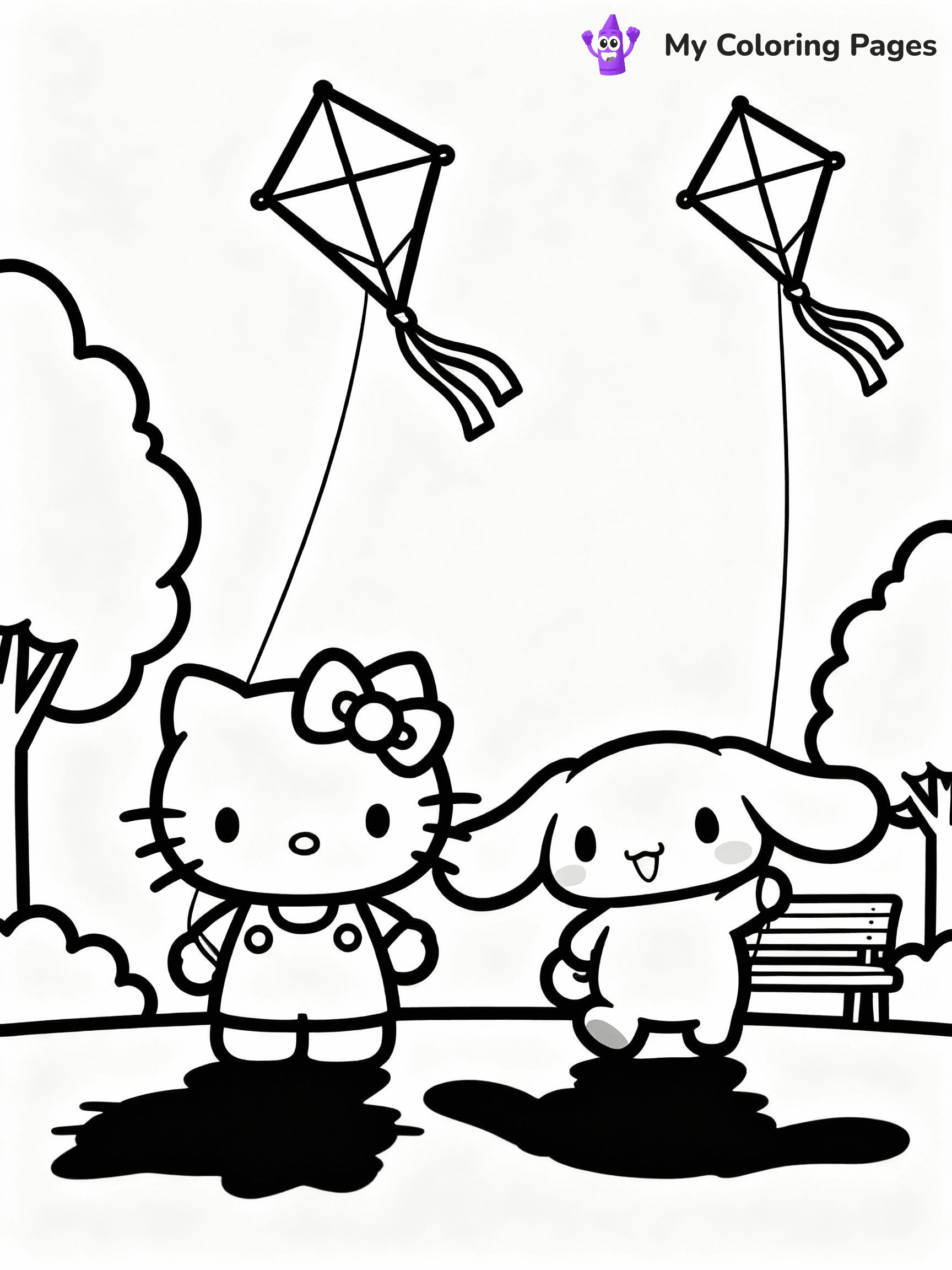 ⚠️ CRITICAL REQUIREMENT - ABSOLUTE BLACK AND WHITE ONLY ⚠️
This MUST be a BLACK AND WHITE line drawing ONLY. NO COLORS whatsoever.
- ONLY pure black lines (#000000) on pure white background (#FFFFFF)
- ABSOLUTELY NO colors, NO shading, NO gradients, NO grayscale
- If there are ANY colors in the output, the image is REJECTED
- This is a COLORING PAGE - meant to be COLORED IN by children
- The output must be UNCOLORED line art ready for coloring
⚠️ SUBJECT TO DRAW: Hello Kitty and Cinnamoroll flying kites on a sunny day. PURE LINE ART ONLY. NO FILLS, SHADING, GREYSCALE, OR COLOR.
(REMEMBER: Output must be BLACK AND WHITE line art only, NOT colored!)
# Flat, Friendly Cartoon Line-Art Coloring Page
You are generating a **pure black-and-white binary image** of a child-friendly cartoon scene combining characters and background scenery in one cohesive composition.
## Rendering Rules (Strict)
- Only two colors: pure black (#000000) outlines and pure white (#FFFFFF) background.
- No grayscale, shading, gradients, tints, fills, transparency, or partial pixels.
- No antialiasing or blended edges; every pixel is 100% black or white.
- No solid black fills inside shapes — all areas inside outlines must remain white.
- No dark clothing areas or filled tone blocks; all garments outlined only.
- No shadows, textures, lighting, or tonal variations.
- Must look like flat binary vector line-art for coloring pages.
- PURE BINARY LINE-ART; NO FILLS (HAIR/CLOTHES/SKIN), SHADING, OR GREY.
## Drawing & Composition
- **Medium, consistent line weight**; clean closed outlines easy to color inside.
- **Flat, simple, child-friendly design** — no realism or 3D depth.
- Characters are **grounded on a surface**, centered and large.
- **Balanced composition** with clear silhouettes and minimal props.
## Scenery & Style
- Landmarks (e.g., mosque, CN Tower) and scenery (trees, benches, waves) drawn with **black outlines only.**
- For real-world figures, teams, or places, show accurate details using only black outlines—no text or logos. Use distinctive uniform patterns, abstract symbols, and landmark silhouettes to convey identity.
- Keep **consistent perspective**; no floating elements.
- **Style:** whimsical **Doodle Art Alley** — rounded, friendly outlines.
- May adapt shapes from **Crayola, Disney, Peppa Pig, Cocomelon** — *by shape only, never color.*
- Final output: **flat, crisp, binary (#000000/#FFFFFF)**, **no filled color or background text.**
⚠️ FINAL REMINDER: Draw the subject "Hello Kitty and Cinnamoroll flying kites on a sunny day. PURE LINE ART ONLY. NO FILLS, SHADING, GREYSCALE, OR COLOR." as BLACK AND WHITE line art. Zero colors in output.