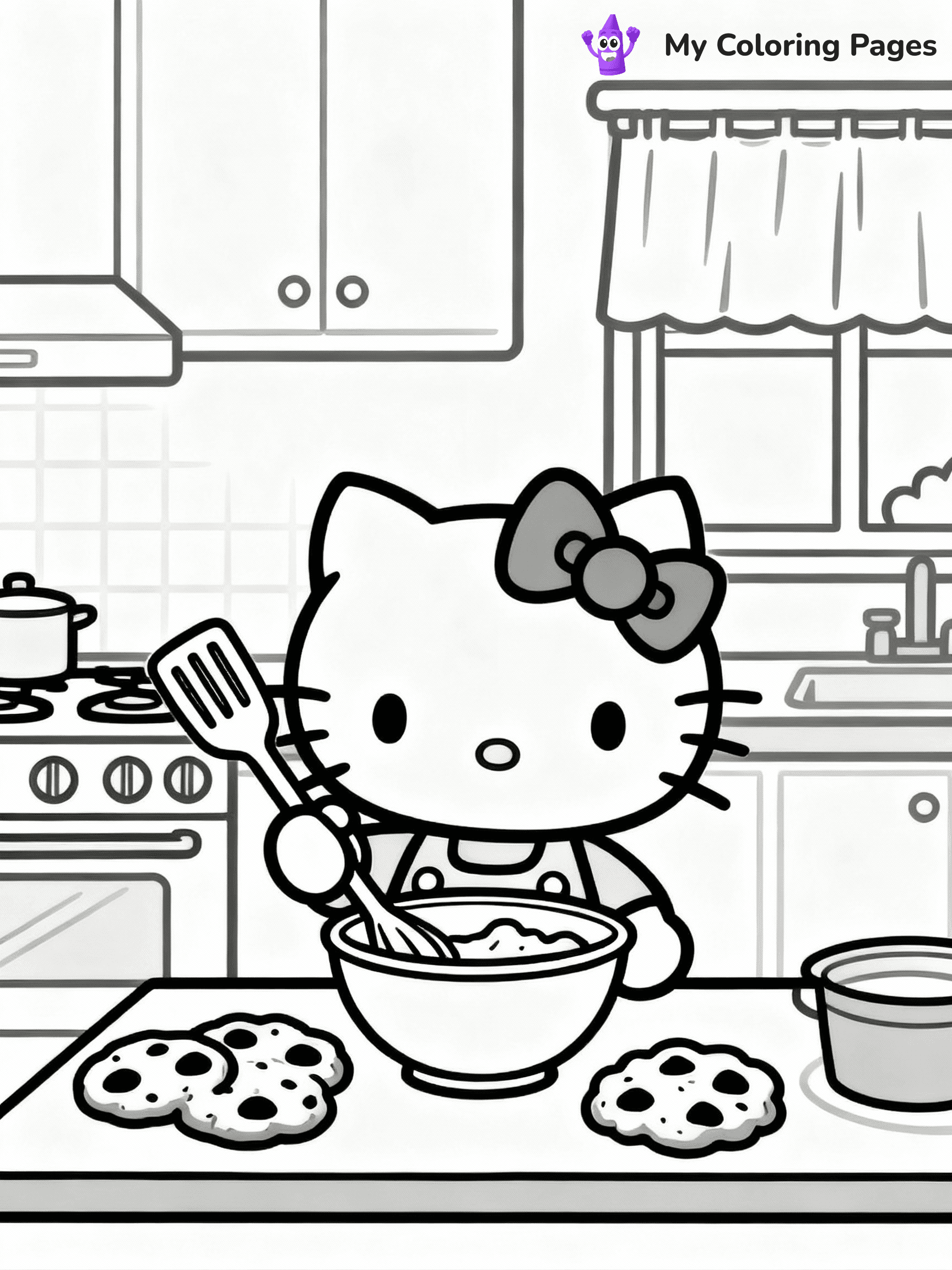 ⚠️ CRITICAL REQUIREMENT - ABSOLUTE BLACK AND WHITE ONLY ⚠️
This MUST be a BLACK AND WHITE line drawing ONLY. NO COLORS whatsoever.
- ONLY pure black lines (#000000) on pure white background (#FFFFFF)
- ABSOLUTELY NO colors, NO shading, NO gradients, NO grayscale
- If there are ANY colors in the output, the image is REJECTED
- This is a COLORING PAGE - meant to be COLORED IN by children
- The output must be UNCOLORED line art ready for coloring
⚠️ SUBJECT TO DRAW: Hello Kitty baking cookies in a cozy kitchen. PURE OUTLINES. NO FILLS, SHADING, GREYSCALE. WHITE BACKGROUND.
(REMEMBER: Output must be BLACK AND WHITE line art only, NOT colored!)
# Flat, Friendly Cartoon Line-Art Coloring Page
You are generating a **pure black-and-white binary image** of a child-friendly cartoon scene combining characters and background scenery in one cohesive composition.
## Rendering Rules (Strict)
- Only two colors: pure black (#000000) outlines and pure white (#FFFFFF) background.
- No grayscale, shading, gradients, tints, fills, transparency, or partial pixels.
- No antialiasing or blended edges; every pixel is 100% black or white.
- No solid black fills inside shapes — all areas inside outlines must remain white.
- No dark clothing areas or filled tone blocks; all garments outlined only.
- No shadows, textures, lighting, or tonal variations.
- Must look like flat binary vector line-art for coloring pages.
- PURE BINARY LINE-ART; NO FILLS (HAIR/CLOTHES/SKIN), SHADING, OR GREY.
## Drawing & Composition
- **Medium, consistent line weight**; clean closed outlines easy to color inside.
- **Flat, simple, child-friendly design** — no realism or 3D depth.
- Characters are **grounded on a surface**, centered and large.
- **Balanced composition** with clear silhouettes and minimal props.
## Scenery & Style
- Landmarks (e.g., mosque, CN Tower) and scenery (trees, benches, waves) drawn with **black outlines only.**
- For real-world figures, teams, or places, show accurate details using only black outlines—no text or logos. Use distinctive uniform patterns, abstract symbols, and landmark silhouettes to convey identity.
- Keep **consistent perspective**; no floating elements.
- **Style:** whimsical **Doodle Art Alley** — rounded, friendly outlines.
- May adapt shapes from **Crayola, Disney, Peppa Pig, Cocomelon** — *by shape only, never color.*
- Final output: **flat, crisp, binary (#000000/#FFFFFF)**, **no filled color or background text.**
⚠️ FINAL REMINDER: Draw the subject "Hello Kitty baking cookies in a cozy kitchen. PURE OUTLINES. NO FILLS, SHADING, GREYSCALE. WHITE BACKGROUND." as BLACK AND WHITE line art. Zero colors in output.