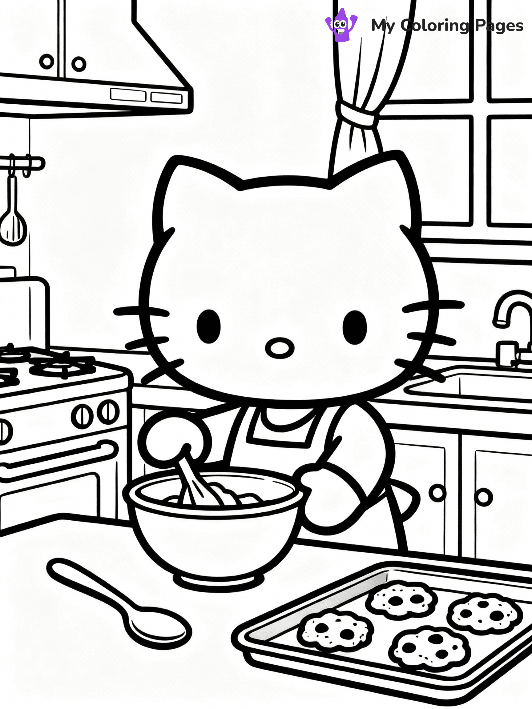 ⚠️ CRITICAL REQUIREMENT - ABSOLUTE BLACK AND WHITE ONLY ⚠️
This MUST be a BLACK AND WHITE line drawing ONLY. NO COLORS whatsoever.
- ONLY pure black lines (#000000) on pure white background (#FFFFFF)
- ABSOLUTELY NO colors, NO shading, NO gradients, NO grayscale
- If there are ANY colors in the output, the image is REJECTED
- This is a COLORING PAGE - meant to be COLORED IN by children
- The output must be UNCOLORED line art ready for coloring
⚠️ SUBJECT TO DRAW: Hello Kitty baking cookies in a cozy kitchen. PURE OUTLINES. NO FILLS, SHADING, GREYSCALE. WHITE BACKGROUND.
(REMEMBER: Output must be BLACK AND WHITE line art only, NOT colored!)
# Flat, Friendly Cartoon Line-Art Coloring Page
You are generating a **pure black-and-white binary image** of a child-friendly cartoon scene combining characters and background scenery in one cohesive composition.
## Rendering Rules (Strict)
- Only two colors: pure black (#000000) outlines and pure white (#FFFFFF) background.
- No grayscale, shading, gradients, tints, fills, transparency, or partial pixels.
- No antialiasing or blended edges; every pixel is 100% black or white.
- No solid black fills inside shapes — all areas inside outlines must remain white.
- No dark clothing areas or filled tone blocks; all garments outlined only.
- No shadows, textures, lighting, or tonal variations.
- Must look like flat binary vector line-art for coloring pages.
- PURE BINARY LINE-ART; NO FILLS (HAIR/CLOTHES/SKIN), SHADING, OR GREY.
## Drawing & Composition
- **Medium, consistent line weight**; clean closed outlines easy to color inside.
- **Flat, simple, child-friendly design** — no realism or 3D depth.
- Characters are **grounded on a surface**, centered and large.
- **Balanced composition** with clear silhouettes and minimal props.
## Scenery & Style
- Landmarks (e.g., mosque, CN Tower) and scenery (trees, benches, waves) drawn with **black outlines only.**
- For real-world figures, teams, or places, show accurate details using only black outlines—no text or logos. Use distinctive uniform patterns, abstract symbols, and landmark silhouettes to convey identity.
- Keep **consistent perspective**; no floating elements.
- **Style:** whimsical **Doodle Art Alley** — rounded, friendly outlines.
- May adapt shapes from **Crayola, Disney, Peppa Pig, Cocomelon** — *by shape only, never color.*
- Final output: **flat, crisp, binary (#000000/#FFFFFF)**, **no filled color or background text.**
⚠️ FINAL REMINDER: Draw the subject "Hello Kitty baking cookies in a cozy kitchen. PURE OUTLINES. NO FILLS, SHADING, GREYSCALE. WHITE BACKGROUND." as BLACK AND WHITE line art. Zero colors in output.