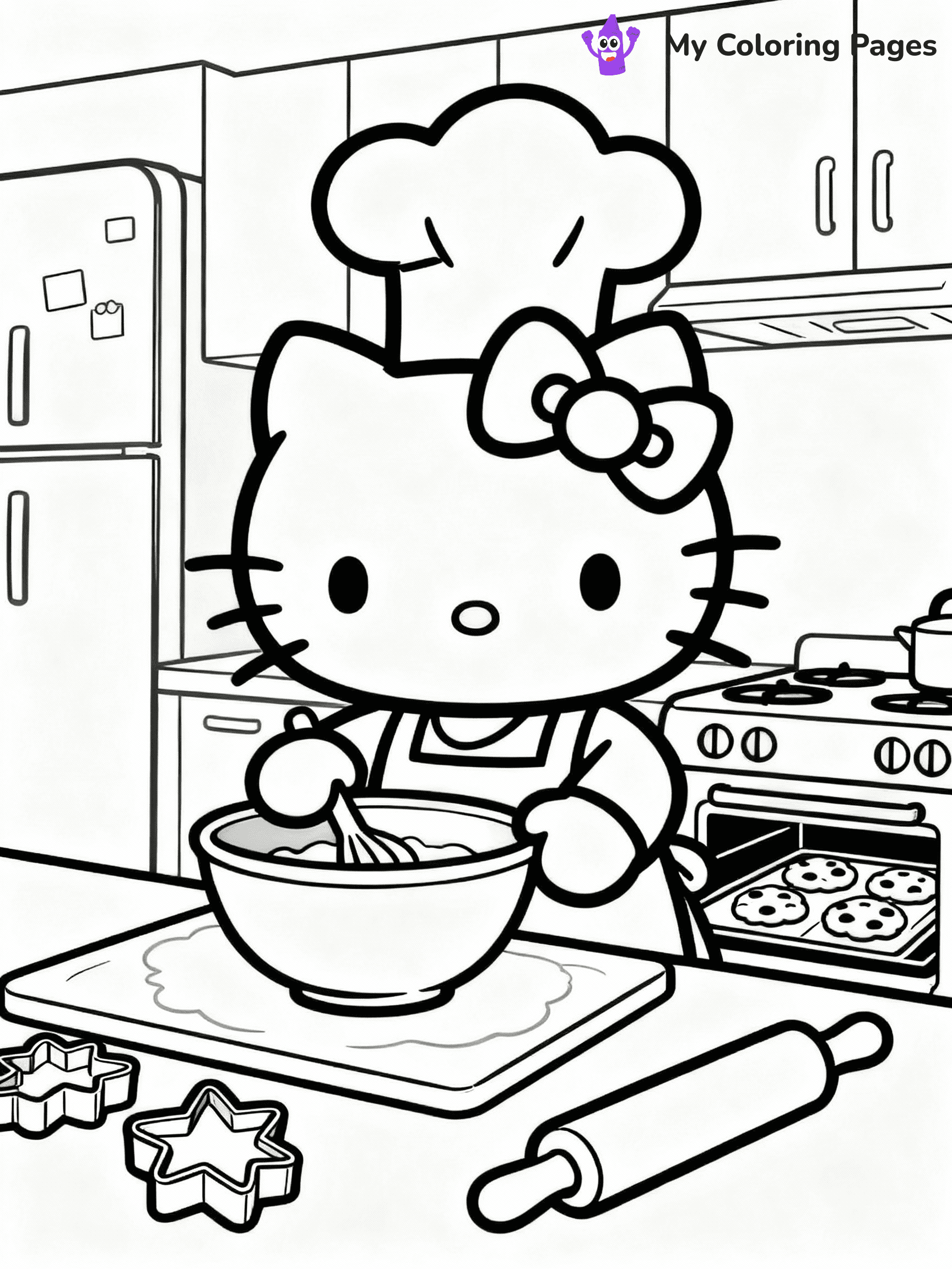 ⚠️ CRITICAL REQUIREMENT - ABSOLUTE BLACK AND WHITE ONLY ⚠️
This MUST be a BLACK AND WHITE line drawing ONLY. NO COLORS whatsoever.
- ONLY pure black lines (#000000) on pure white background (#FFFFFF)
- ABSOLUTELY NO colors, NO shading, NO gradients, NO grayscale
- If there are ANY colors in the output, the image is REJECTED
- This is a COLORING PAGE - meant to be COLORED IN by children
- The output must be UNCOLORED line art ready for coloring
⚠️ SUBJECT TO DRAW: Hello Kitty baking cookies in a cozy kitchen. PURE OUTLINES. NO FILLS, SHADING, GREYSCALE. WHITE BACKGROUND.
(REMEMBER: Output must be BLACK AND WHITE line art only, NOT colored!)
# Flat, Friendly Cartoon Line-Art Coloring Page
You are generating a **pure black-and-white binary image** of a child-friendly cartoon scene combining characters and background scenery in one cohesive composition.
## Rendering Rules (Strict)
- Only two colors: pure black (#000000) outlines and pure white (#FFFFFF) background.
- No grayscale, shading, gradients, tints, fills, transparency, or partial pixels.
- No antialiasing or blended edges; every pixel is 100% black or white.
- No solid black fills inside shapes — all areas inside outlines must remain white.
- No dark clothing areas or filled tone blocks; all garments outlined only.
- No shadows, textures, lighting, or tonal variations.
- Must look like flat binary vector line-art for coloring pages.
- PURE BINARY LINE-ART; NO FILLS (HAIR/CLOTHES/SKIN), SHADING, OR GREY.
## Drawing & Composition
- **Medium, consistent line weight**; clean closed outlines easy to color inside.
- **Flat, simple, child-friendly design** — no realism or 3D depth.
- Characters are **grounded on a surface**, centered and large.
- **Balanced composition** with clear silhouettes and minimal props.
## Scenery & Style
- Landmarks (e.g., mosque, CN Tower) and scenery (trees, benches, waves) drawn with **black outlines only.**
- For real-world figures, teams, or places, show accurate details using only black outlines—no text or logos. Use distinctive uniform patterns, abstract symbols, and landmark silhouettes to convey identity.
- Keep **consistent perspective**; no floating elements.
- **Style:** whimsical **Doodle Art Alley** — rounded, friendly outlines.
- May adapt shapes from **Crayola, Disney, Peppa Pig, Cocomelon** — *by shape only, never color.*
- Final output: **flat, crisp, binary (#000000/#FFFFFF)**, **no filled color or background text.**
⚠️ FINAL REMINDER: Draw the subject "Hello Kitty baking cookies in a cozy kitchen. PURE OUTLINES. NO FILLS, SHADING, GREYSCALE. WHITE BACKGROUND." as BLACK AND WHITE line art. Zero colors in output.