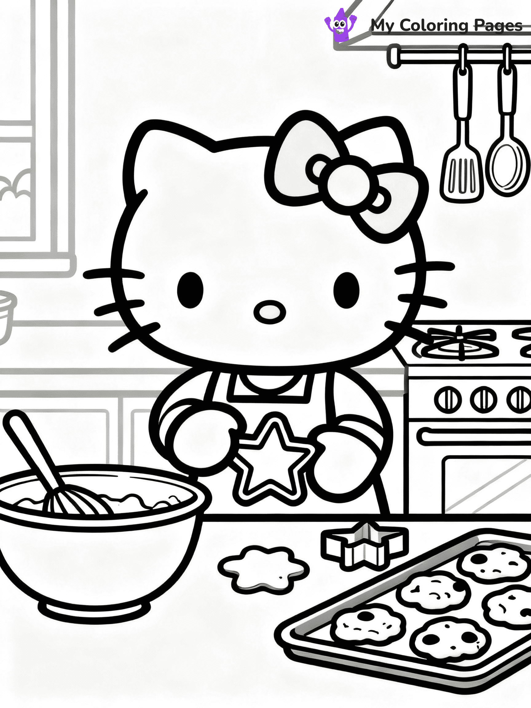 ⚠️ CRITICAL REQUIREMENT - ABSOLUTE BLACK AND WHITE ONLY ⚠️
This MUST be a BLACK AND WHITE line drawing ONLY. NO COLORS whatsoever.
- ONLY pure black lines (#000000) on pure white background (#FFFFFF)
- ABSOLUTELY NO colors, NO shading, NO gradients, NO grayscale
- If there are ANY colors in the output, the image is REJECTED
- This is a COLORING PAGE - meant to be COLORED IN by children
- The output must be UNCOLORED line art ready for coloring
⚠️ SUBJECT TO DRAW: Hello Kitty baking cookies in a cozy kitchen. PURE OUTLINES. NO FILLS, SHADING, GREYSCALE. WHITE BACKGROUND.
(REMEMBER: Output must be BLACK AND WHITE line art only, NOT colored!)
# Flat, Friendly Cartoon Line-Art Coloring Page
You are generating a **pure black-and-white binary image** of a child-friendly cartoon scene combining characters and background scenery in one cohesive composition.
## Rendering Rules (Strict)
- Only two colors: pure black (#000000) outlines and pure white (#FFFFFF) background.
- No grayscale, shading, gradients, tints, fills, transparency, or partial pixels.
- No antialiasing or blended edges; every pixel is 100% black or white.
- No solid black fills inside shapes — all areas inside outlines must remain white.
- No dark clothing areas or filled tone blocks; all garments outlined only.
- No shadows, textures, lighting, or tonal variations.
- Must look like flat binary vector line-art for coloring pages.
- PURE BINARY LINE-ART; NO FILLS (HAIR/CLOTHES/SKIN), SHADING, OR GREY.
## Drawing & Composition
- **Medium, consistent line weight**; clean closed outlines easy to color inside.
- **Flat, simple, child-friendly design** — no realism or 3D depth.
- Characters are **grounded on a surface**, centered and large.
- **Balanced composition** with clear silhouettes and minimal props.
## Scenery & Style
- Landmarks (e.g., mosque, CN Tower) and scenery (trees, benches, waves) drawn with **black outlines only.**
- For real-world figures, teams, or places, show accurate details using only black outlines—no text or logos. Use distinctive uniform patterns, abstract symbols, and landmark silhouettes to convey identity.
- Keep **consistent perspective**; no floating elements.
- **Style:** whimsical **Doodle Art Alley** — rounded, friendly outlines.
- May adapt shapes from **Crayola, Disney, Peppa Pig, Cocomelon** — *by shape only, never color.*
- Final output: **flat, crisp, binary (#000000/#FFFFFF)**, **no filled color or background text.**
⚠️ FINAL REMINDER: Draw the subject "Hello Kitty baking cookies in a cozy kitchen. PURE OUTLINES. NO FILLS, SHADING, GREYSCALE. WHITE BACKGROUND." as BLACK AND WHITE line art. Zero colors in output.