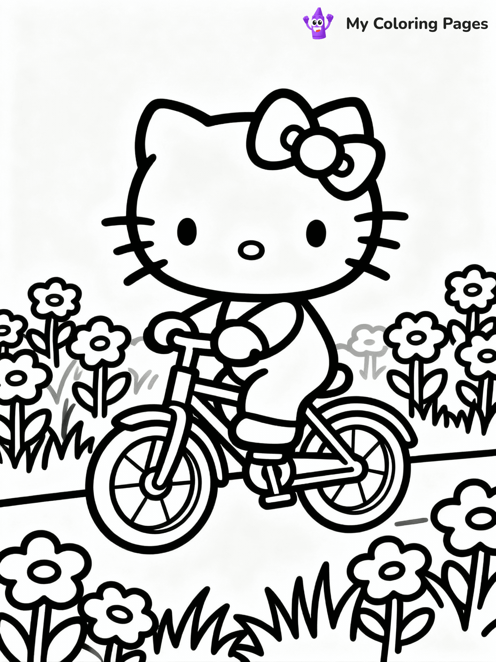 ⚠️ CRITICAL REQUIREMENT - ABSOLUTE BLACK AND WHITE ONLY ⚠️
This MUST be a BLACK AND WHITE line drawing ONLY. NO COLORS whatsoever.
- ONLY pure black lines (#000000) on pure white background (#FFFFFF)
- ABSOLUTELY NO colors, NO shading, NO gradients, NO grayscale
- If there are ANY colors in the output, the image is REJECTED
- This is a COLORING PAGE - meant to be COLORED IN by children
- The output must be UNCOLORED line art ready for coloring
⚠️ SUBJECT TO DRAW: Hello Kitty riding a bicycle through a flower garden. PURE OUTLINES. NO FILLS, SHADING, GREYSCALE. WHITE BACKGROUND.
(REMEMBER: Output must be BLACK AND WHITE line art only, NOT colored!)
# Flat, Friendly Cartoon Line-Art Coloring Page
You are generating a **pure black-and-white binary image** of a child-friendly cartoon scene combining characters and background scenery in one cohesive composition.
## Rendering Rules (Strict)
- Only two colors: pure black (#000000) outlines and pure white (#FFFFFF) background.
- No grayscale, shading, gradients, tints, fills, transparency, or partial pixels.
- No antialiasing or blended edges; every pixel is 100% black or white.
- No solid black fills inside shapes — all areas inside outlines must remain white.
- No dark clothing areas or filled tone blocks; all garments outlined only.
- No shadows, textures, lighting, or tonal variations.
- Must look like flat binary vector line-art for coloring pages.
- PURE BINARY LINE-ART; NO FILLS (HAIR/CLOTHES/SKIN), SHADING, OR GREY.
## Drawing & Composition
- **Medium, consistent line weight**; clean closed outlines easy to color inside.
- **Flat, simple, child-friendly design** — no realism or 3D depth.
- Characters are **grounded on a surface**, centered and large.
- **Balanced composition** with clear silhouettes and minimal props.
## Scenery & Style
- Landmarks (e.g., mosque, CN Tower) and scenery (trees, benches, waves) drawn with **black outlines only.**
- For real-world figures, teams, or places, show accurate details using only black outlines—no text or logos. Use distinctive uniform patterns, abstract symbols, and landmark silhouettes to convey identity.
- Keep **consistent perspective**; no floating elements.
- **Style:** whimsical **Doodle Art Alley** — rounded, friendly outlines.
- May adapt shapes from **Crayola, Disney, Peppa Pig, Cocomelon** — *by shape only, never color.*
- Final output: **flat, crisp, binary (#000000/#FFFFFF)**, **no filled color or background text.**
⚠️ FINAL REMINDER: Draw the subject "Hello Kitty riding a bicycle through a flower garden. PURE OUTLINES. NO FILLS, SHADING, GREYSCALE. WHITE BACKGROUND." as BLACK AND WHITE line art. Zero colors in output.