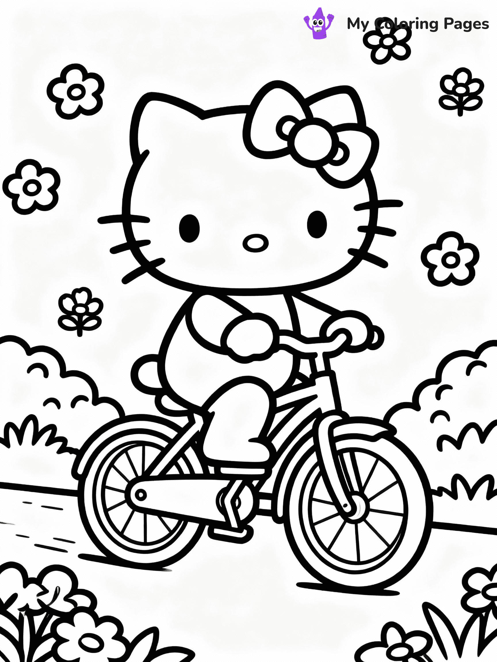 ⚠️ CRITICAL REQUIREMENT - ABSOLUTE BLACK AND WHITE ONLY ⚠️
This MUST be a BLACK AND WHITE line drawing ONLY. NO COLORS whatsoever.
- ONLY pure black lines (#000000) on pure white background (#FFFFFF)
- ABSOLUTELY NO colors, NO shading, NO gradients, NO grayscale
- If there are ANY colors in the output, the image is REJECTED
- This is a COLORING PAGE - meant to be COLORED IN by children
- The output must be UNCOLORED line art ready for coloring
⚠️ SUBJECT TO DRAW: Hello Kitty riding a bicycle through a flower garden. PURE OUTLINES. NO FILLS, SHADING, GREYSCALE. WHITE BACKGROUND.
(REMEMBER: Output must be BLACK AND WHITE line art only, NOT colored!)
# Flat, Friendly Cartoon Line-Art Coloring Page
You are generating a **pure black-and-white binary image** of a child-friendly cartoon scene combining characters and background scenery in one cohesive composition.
## Rendering Rules (Strict)
- Only two colors: pure black (#000000) outlines and pure white (#FFFFFF) background.
- No grayscale, shading, gradients, tints, fills, transparency, or partial pixels.
- No antialiasing or blended edges; every pixel is 100% black or white.
- No solid black fills inside shapes — all areas inside outlines must remain white.
- No dark clothing areas or filled tone blocks; all garments outlined only.
- No shadows, textures, lighting, or tonal variations.
- Must look like flat binary vector line-art for coloring pages.
- PURE BINARY LINE-ART; NO FILLS (HAIR/CLOTHES/SKIN), SHADING, OR GREY.
## Drawing & Composition
- **Medium, consistent line weight**; clean closed outlines easy to color inside.
- **Flat, simple, child-friendly design** — no realism or 3D depth.
- Characters are **grounded on a surface**, centered and large.
- **Balanced composition** with clear silhouettes and minimal props.
## Scenery & Style
- Landmarks (e.g., mosque, CN Tower) and scenery (trees, benches, waves) drawn with **black outlines only.**
- For real-world figures, teams, or places, show accurate details using only black outlines—no text or logos. Use distinctive uniform patterns, abstract symbols, and landmark silhouettes to convey identity.
- Keep **consistent perspective**; no floating elements.
- **Style:** whimsical **Doodle Art Alley** — rounded, friendly outlines.
- May adapt shapes from **Crayola, Disney, Peppa Pig, Cocomelon** — *by shape only, never color.*
- Final output: **flat, crisp, binary (#000000/#FFFFFF)**, **no filled color or background text.**
⚠️ FINAL REMINDER: Draw the subject "Hello Kitty riding a bicycle through a flower garden. PURE OUTLINES. NO FILLS, SHADING, GREYSCALE. WHITE BACKGROUND." as BLACK AND WHITE line art. Zero colors in output.