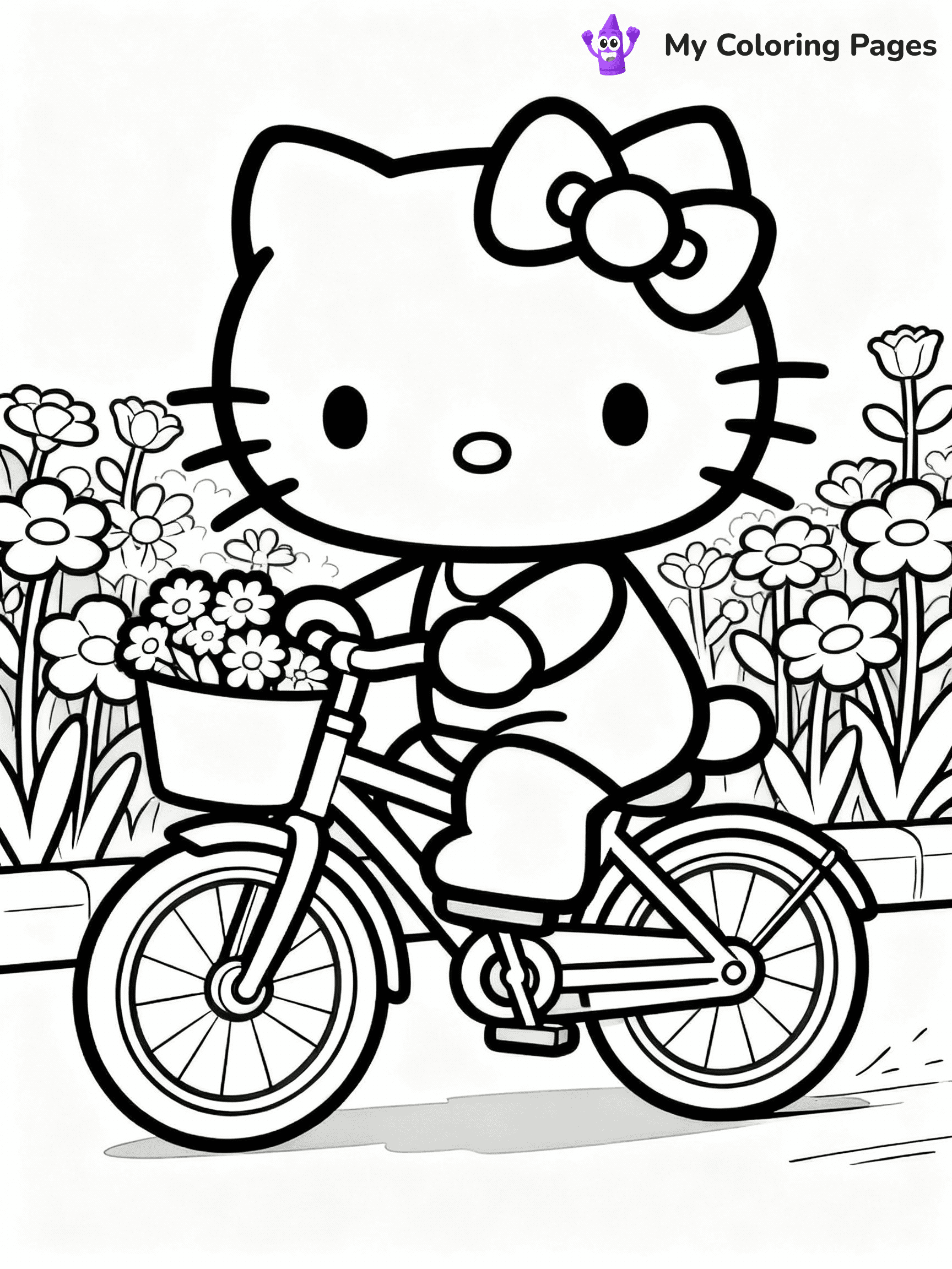 ⚠️ CRITICAL REQUIREMENT - ABSOLUTE BLACK AND WHITE ONLY ⚠️
This MUST be a BLACK AND WHITE line drawing ONLY. NO COLORS whatsoever.
- ONLY pure black lines (#000000) on pure white background (#FFFFFF)
- ABSOLUTELY NO colors, NO shading, NO gradients, NO grayscale
- If there are ANY colors in the output, the image is REJECTED
- This is a COLORING PAGE - meant to be COLORED IN by children
- The output must be UNCOLORED line art ready for coloring
⚠️ SUBJECT TO DRAW: Hello Kitty riding a bicycle through a flower garden. PURE OUTLINES. NO FILLS, SHADING, GREYSCALE. WHITE BACKGROUND.
(REMEMBER: Output must be BLACK AND WHITE line art only, NOT colored!)
# Flat, Friendly Cartoon Line-Art Coloring Page
You are generating a **pure black-and-white binary image** of a child-friendly cartoon scene combining characters and background scenery in one cohesive composition.
## Rendering Rules (Strict)
- Only two colors: pure black (#000000) outlines and pure white (#FFFFFF) background.
- No grayscale, shading, gradients, tints, fills, transparency, or partial pixels.
- No antialiasing or blended edges; every pixel is 100% black or white.
- No solid black fills inside shapes — all areas inside outlines must remain white.
- No dark clothing areas or filled tone blocks; all garments outlined only.
- No shadows, textures, lighting, or tonal variations.
- Must look like flat binary vector line-art for coloring pages.
- PURE BINARY LINE-ART; NO FILLS (HAIR/CLOTHES/SKIN), SHADING, OR GREY.
## Drawing & Composition
- **Medium, consistent line weight**; clean closed outlines easy to color inside.
- **Flat, simple, child-friendly design** — no realism or 3D depth.
- Characters are **grounded on a surface**, centered and large.
- **Balanced composition** with clear silhouettes and minimal props.
## Scenery & Style
- Landmarks (e.g., mosque, CN Tower) and scenery (trees, benches, waves) drawn with **black outlines only.**
- For real-world figures, teams, or places, show accurate details using only black outlines—no text or logos. Use distinctive uniform patterns, abstract symbols, and landmark silhouettes to convey identity.
- Keep **consistent perspective**; no floating elements.
- **Style:** whimsical **Doodle Art Alley** — rounded, friendly outlines.
- May adapt shapes from **Crayola, Disney, Peppa Pig, Cocomelon** — *by shape only, never color.*
- Final output: **flat, crisp, binary (#000000/#FFFFFF)**, **no filled color or background text.**
⚠️ FINAL REMINDER: Draw the subject "Hello Kitty riding a bicycle through a flower garden. PURE OUTLINES. NO FILLS, SHADING, GREYSCALE. WHITE BACKGROUND." as BLACK AND WHITE line art. Zero colors in output.