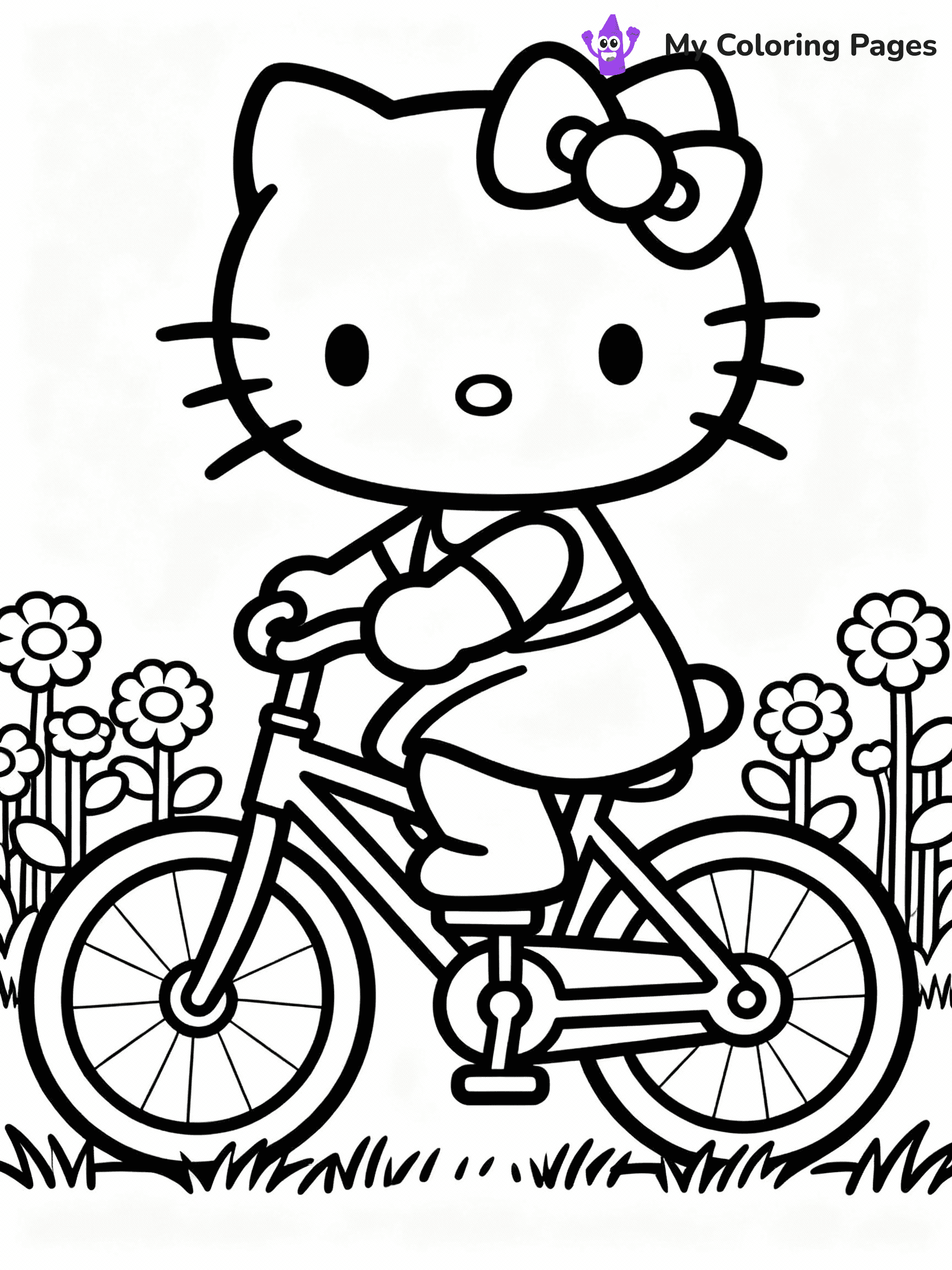 ⚠️ CRITICAL REQUIREMENT - ABSOLUTE BLACK AND WHITE ONLY ⚠️
This MUST be a BLACK AND WHITE line drawing ONLY. NO COLORS whatsoever.
- ONLY pure black lines (#000000) on pure white background (#FFFFFF)
- ABSOLUTELY NO colors, NO shading, NO gradients, NO grayscale
- If there are ANY colors in the output, the image is REJECTED
- This is a COLORING PAGE - meant to be COLORED IN by children
- The output must be UNCOLORED line art ready for coloring
⚠️ SUBJECT TO DRAW: Hello Kitty riding a bicycle through a flower garden. PURE OUTLINES. NO FILLS, SHADING, GREYSCALE. WHITE BACKGROUND.
(REMEMBER: Output must be BLACK AND WHITE line art only, NOT colored!)
# Flat, Friendly Cartoon Line-Art Coloring Page
You are generating a **pure black-and-white binary image** of a child-friendly cartoon scene combining characters and background scenery in one cohesive composition.
## Rendering Rules (Strict)
- Only two colors: pure black (#000000) outlines and pure white (#FFFFFF) background.
- No grayscale, shading, gradients, tints, fills, transparency, or partial pixels.
- No antialiasing or blended edges; every pixel is 100% black or white.
- No solid black fills inside shapes — all areas inside outlines must remain white.
- No dark clothing areas or filled tone blocks; all garments outlined only.
- No shadows, textures, lighting, or tonal variations.
- Must look like flat binary vector line-art for coloring pages.
- PURE BINARY LINE-ART; NO FILLS (HAIR/CLOTHES/SKIN), SHADING, OR GREY.
## Drawing & Composition
- **Medium, consistent line weight**; clean closed outlines easy to color inside.
- **Flat, simple, child-friendly design** — no realism or 3D depth.
- Characters are **grounded on a surface**, centered and large.
- **Balanced composition** with clear silhouettes and minimal props.
## Scenery & Style
- Landmarks (e.g., mosque, CN Tower) and scenery (trees, benches, waves) drawn with **black outlines only.**
- For real-world figures, teams, or places, show accurate details using only black outlines—no text or logos. Use distinctive uniform patterns, abstract symbols, and landmark silhouettes to convey identity.
- Keep **consistent perspective**; no floating elements.
- **Style:** whimsical **Doodle Art Alley** — rounded, friendly outlines.
- May adapt shapes from **Crayola, Disney, Peppa Pig, Cocomelon** — *by shape only, never color.*
- Final output: **flat, crisp, binary (#000000/#FFFFFF)**, **no filled color or background text.**
⚠️ FINAL REMINDER: Draw the subject "Hello Kitty riding a bicycle through a flower garden. PURE OUTLINES. NO FILLS, SHADING, GREYSCALE. WHITE BACKGROUND." as BLACK AND WHITE line art. Zero colors in output.