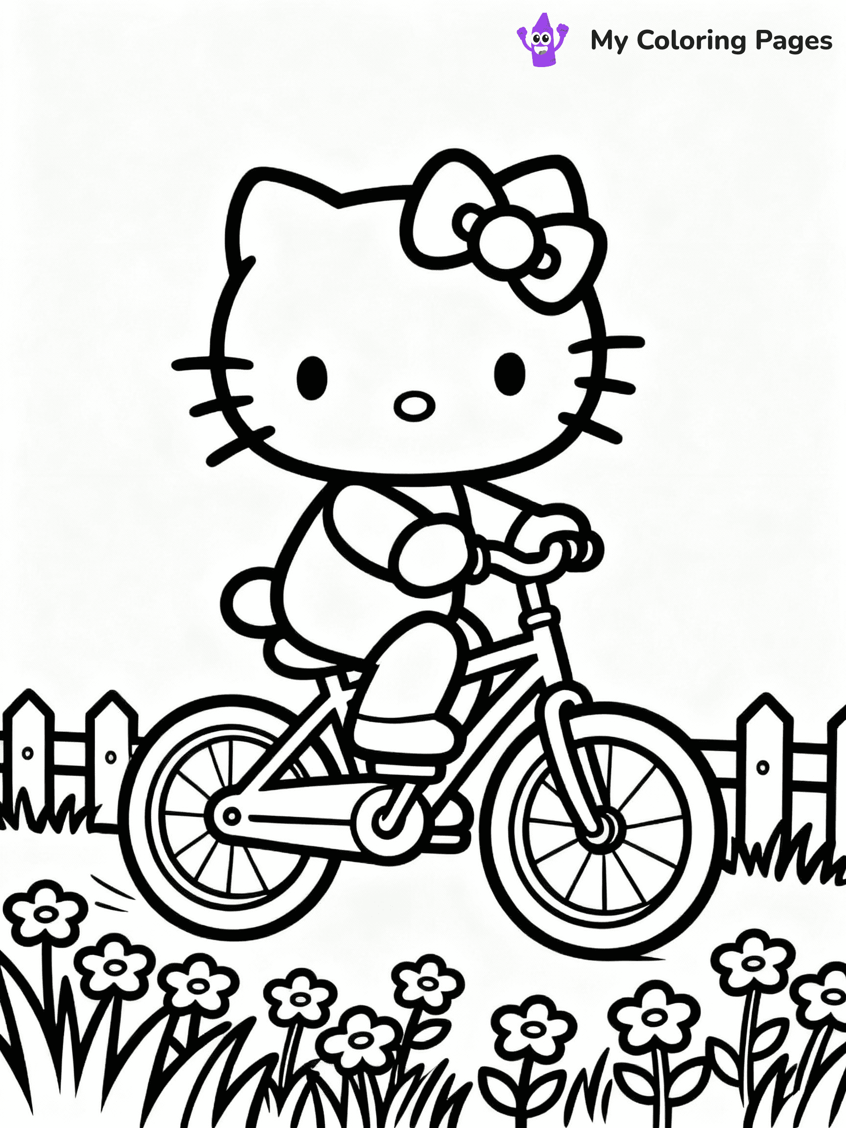 ⚠️ CRITICAL REQUIREMENT - ABSOLUTE BLACK AND WHITE ONLY ⚠️
This MUST be a BLACK AND WHITE line drawing ONLY. NO COLORS whatsoever.
- ONLY pure black lines (#000000) on pure white background (#FFFFFF)
- ABSOLUTELY NO colors, NO shading, NO gradients, NO grayscale
- If there are ANY colors in the output, the image is REJECTED
- This is a COLORING PAGE - meant to be COLORED IN by children
- The output must be UNCOLORED line art ready for coloring
⚠️ SUBJECT TO DRAW: Hello Kitty riding a bicycle through a flower garden. PURE OUTLINES. NO FILLS, SHADING, GREYSCALE. WHITE BACKGROUND.
(REMEMBER: Output must be BLACK AND WHITE line art only, NOT colored!)
# Flat, Friendly Cartoon Line-Art Coloring Page
You are generating a **pure black-and-white binary image** of a child-friendly cartoon scene combining characters and background scenery in one cohesive composition.
## Rendering Rules (Strict)
- Only two colors: pure black (#000000) outlines and pure white (#FFFFFF) background.
- No grayscale, shading, gradients, tints, fills, transparency, or partial pixels.
- No antialiasing or blended edges; every pixel is 100% black or white.
- No solid black fills inside shapes — all areas inside outlines must remain white.
- No dark clothing areas or filled tone blocks; all garments outlined only.
- No shadows, textures, lighting, or tonal variations.
- Must look like flat binary vector line-art for coloring pages.
- PURE BINARY LINE-ART; NO FILLS (HAIR/CLOTHES/SKIN), SHADING, OR GREY.
## Drawing & Composition
- **Medium, consistent line weight**; clean closed outlines easy to color inside.
- **Flat, simple, child-friendly design** — no realism or 3D depth.
- Characters are **grounded on a surface**, centered and large.
- **Balanced composition** with clear silhouettes and minimal props.
## Scenery & Style
- Landmarks (e.g., mosque, CN Tower) and scenery (trees, benches, waves) drawn with **black outlines only.**
- For real-world figures, teams, or places, show accurate details using only black outlines—no text or logos. Use distinctive uniform patterns, abstract symbols, and landmark silhouettes to convey identity.
- Keep **consistent perspective**; no floating elements.
- **Style:** whimsical **Doodle Art Alley** — rounded, friendly outlines.
- May adapt shapes from **Crayola, Disney, Peppa Pig, Cocomelon** — *by shape only, never color.*
- Final output: **flat, crisp, binary (#000000/#FFFFFF)**, **no filled color or background text.**
⚠️ FINAL REMINDER: Draw the subject "Hello Kitty riding a bicycle through a flower garden. PURE OUTLINES. NO FILLS, SHADING, GREYSCALE. WHITE BACKGROUND." as BLACK AND WHITE line art. Zero colors in output.