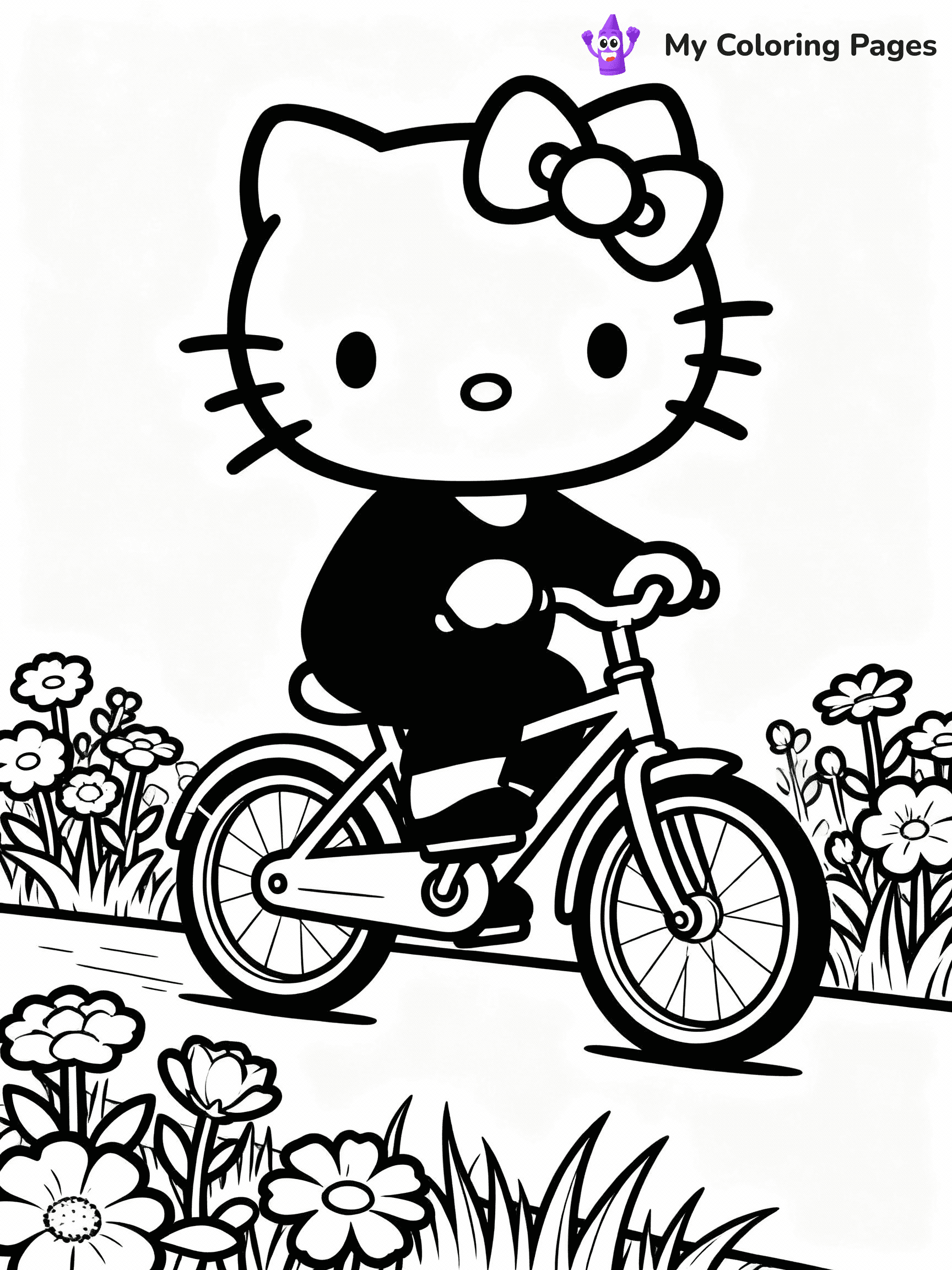 ⚠️ CRITICAL REQUIREMENT - ABSOLUTE BLACK AND WHITE ONLY ⚠️
This MUST be a BLACK AND WHITE line drawing ONLY. NO COLORS whatsoever.
- ONLY pure black lines (#000000) on pure white background (#FFFFFF)
- ABSOLUTELY NO colors, NO shading, NO gradients, NO grayscale
- If there are ANY colors in the output, the image is REJECTED
- This is a COLORING PAGE - meant to be COLORED IN by children
- The output must be UNCOLORED line art ready for coloring
⚠️ SUBJECT TO DRAW: Hello Kitty riding a bicycle through a flower garden. PURE OUTLINES. NO FILLS, SHADING, GREYSCALE. WHITE BACKGROUND.
(REMEMBER: Output must be BLACK AND WHITE line art only, NOT colored!)
# Flat, Friendly Cartoon Line-Art Coloring Page
You are generating a **pure black-and-white binary image** of a child-friendly cartoon scene combining characters and background scenery in one cohesive composition.
## Rendering Rules (Strict)
- Only two colors: pure black (#000000) outlines and pure white (#FFFFFF) background.
- No grayscale, shading, gradients, tints, fills, transparency, or partial pixels.
- No antialiasing or blended edges; every pixel is 100% black or white.
- No solid black fills inside shapes — all areas inside outlines must remain white.
- No dark clothing areas or filled tone blocks; all garments outlined only.
- No shadows, textures, lighting, or tonal variations.
- Must look like flat binary vector line-art for coloring pages.
- PURE BINARY LINE-ART; NO FILLS (HAIR/CLOTHES/SKIN), SHADING, OR GREY.
## Drawing & Composition
- **Medium, consistent line weight**; clean closed outlines easy to color inside.
- **Flat, simple, child-friendly design** — no realism or 3D depth.
- Characters are **grounded on a surface**, centered and large.
- **Balanced composition** with clear silhouettes and minimal props.
## Scenery & Style
- Landmarks (e.g., mosque, CN Tower) and scenery (trees, benches, waves) drawn with **black outlines only.**
- For real-world figures, teams, or places, show accurate details using only black outlines—no text or logos. Use distinctive uniform patterns, abstract symbols, and landmark silhouettes to convey identity.
- Keep **consistent perspective**; no floating elements.
- **Style:** whimsical **Doodle Art Alley** — rounded, friendly outlines.
- May adapt shapes from **Crayola, Disney, Peppa Pig, Cocomelon** — *by shape only, never color.*
- Final output: **flat, crisp, binary (#000000/#FFFFFF)**, **no filled color or background text.**
⚠️ FINAL REMINDER: Draw the subject "Hello Kitty riding a bicycle through a flower garden. PURE OUTLINES. NO FILLS, SHADING, GREYSCALE. WHITE BACKGROUND." as BLACK AND WHITE line art. Zero colors in output.